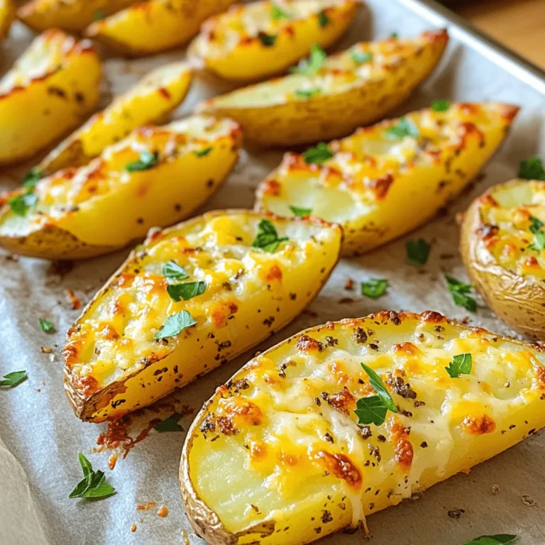 To make the best Garlic Parmesan Potato Wedges, you need simple, fresh ingredients. Here’s what you will need: - 4 large russet potatoes - 1/4 cup olive oil - 5 cloves garlic - 1/2 cup grated Parmesan cheese The right seasonings make these wedges pop with flavor. Gather these: - 1 teaspoon dried oregano - 1 teaspoon paprika - 1/2 teaspoon black pepper - Salt to taste - Fresh parsley for garnish The russet potatoes give a nice texture. The olive oil helps the spices stick. Fresh garlic adds that strong taste we all love. Parmesan cheese melts beautifully and gives a rich flavor. For seasoning, oregano adds earthiness. Paprika gives a hint of warmth. Black pepper adds a nice bite. Salt brings all the flavors together, while parsley brightens the dish. By using these ingredients, you create a tasty side or snack. You can find the full recipe to guide you through making these delicious wedges. 1. First, preheat your oven to 425°F (220°C). This makes sure the potatoes cook well. 2. Next, take 4 large russet potatoes and wash them. Cut each potato into wedges. Aim for even sizes to ensure they cook at the same rate. 1. In a large mixing bowl, combine 1/4 cup of olive oil with 5 minced garlic cloves, 1 teaspoon of dried oregano, 1 teaspoon of paprika, 1/2 teaspoon of black pepper, and salt to taste. 2. Mix these ingredients well. This garlic oil will give the wedges a great flavor. 3. Now, add the potato wedges into the bowl. Toss them until every wedge is well coated in the garlic oil mixture. 1. Spread the coated wedges on a baking sheet. Make sure they are in a single layer. This helps them crisp up nicely. 2. Bake the wedges for 25 minutes. Halfway through, flip them to get an even cook. 3. After 25 minutes, take the wedges out and sprinkle 1/2 cup of grated Parmesan cheese on top. 4. Return the baking sheet to the oven. Bake for another 5-7 minutes, or until the cheese is melted and golden brown. 5. When done, remove from the oven and let them cool for a few minutes. Feel free to garnish with chopped parsley before serving. You can check the Full Recipe for more details! To get your Garlic Parmesan Potato Wedges crispy, you need a hot oven. Set the oven to 425°F (220°C). This high heat cooks the wedges quickly and helps them brown nicely. When you place the wedges on the baking sheet, make sure they are in a single layer. If the wedges touch, they will steam instead of crisp. You want each wedge to have space around it for the hot air to circulate. Mincing garlic can be tricky. First, peel the cloves and trim the ends. Then, use a sharp knife to chop them finely. You can also use a garlic press for an even easier method. If you don't have fresh garlic, garlic powder works too. Use about 1 teaspoon of garlic powder to replace one clove of garlic. It gives a nice flavor without the chopping. Parmesan cheese really adds flavor to these wedges. You can use grated or shredded Parmesan. Both work well, but grated cheese melts better and sticks to the wedges. If you want a non-dairy option, try vegan cheese. Look for a brand that melts well. Nutritional yeast can also add a cheesy taste without dairy. It’s a great option for a tasty, vegan version of this dish. For the full recipe, refer to the original source. {{image_2}} You can change the taste of your Garlic Parmesan Potato Wedges. Try adding spices like chili powder or cayenne for some heat. A little goes a long way! Fresh herbs can also make a big difference. Consider using parsley, thyme, or rosemary. These herbs will add a nice touch to your wedges. Dips can take your wedges to the next level. I love pairing them with ranch or aioli. These creamy dips complement the savory flavors well. You can also serve the wedges with grilled chicken or burgers. They make a great side dish for any meal! Not a fan of russet potatoes? You can use sweet potatoes or red potatoes instead. Sweet potatoes add a nice sweetness. Red potatoes offer a creamy texture. You can also cook these wedges in an air fryer for a healthier option. Deep-frying is another method if you want extra crunch. Each choice provides a unique taste and texture! To keep your Garlic Parmesan Potato Wedges fresh, store them in the refrigerator. Place them in an airtight container to prevent them from drying out. You can also use a zip-top bag if you prefer. Make sure to remove as much air as possible before sealing. You can reheat your potato wedges in the oven or microwave. For the oven, set it to 400°F (200°C). Spread the wedges on a baking sheet and heat for about 10 minutes. This helps keep them crispy. If you use the microwave, heat in 30-second intervals until warm. However, the microwave may make them a bit soft. You can freeze these wedges before or after baking. If you freeze them before baking, place them on a baking sheet to freeze individually. Once frozen, transfer them to a bag. When ready to cook, bake them straight from the freezer, adding a few extra minutes to the cooking time. If you freeze them after baking, let them cool first. To reheat, thaw in the fridge overnight, then follow the oven reheating instructions. To spice up your Garlic Parmesan Potato Wedges, you have several options. - Add chili powder for heat. - Try cayenne pepper to kick it up a notch. - Mix in red pepper flakes for a nice crunch and spice. - For a smoky flavor, use smoked paprika. These spices blend well with garlic and Parmesan. Experiment with the amounts to suit your taste. If you want to skip Parmesan, you have alternatives. - Use nutritional yeast for a cheesy flavor without dairy. - Try vegan cheese that melts well. - Grated pecorino can work if you want a similar taste. - For a unique twist, use feta cheese for a tangy flavor. These substitutes keep your dish tasty and satisfying. Yes, you can prepare the wedges ahead of time! - Cut the potatoes and toss them in the garlic oil mix. - Store them in an airtight container in the fridge. - They can last for about 24 hours. Keep in mind that the texture may change a bit after storing. They might become less crispy when cooked later. Dipping sauces add fun to your potato wedges! - Ranch dressing is a classic choice. - Garlic aioli complements the garlic flavor. - Ketchup is always a hit with kids. - For something different, try spicy mayo or honey mustard. You can even whip up your own sauces to match your taste. To make tasty Garlic Parmesan Potato Wedges, start with essential ingredients: russet potatoes, olive oil, garlic, and Parmesan cheese. Follow the simple steps of preparing, mixing, and baking for a crispy treat. Use my tips for perfect texture and explore fun variations and serving ideas. Store leftovers properly to enjoy later. With just a little effort, you can create a delicious snack or side dish that everyone will love. Enjoy your cooking adventure!