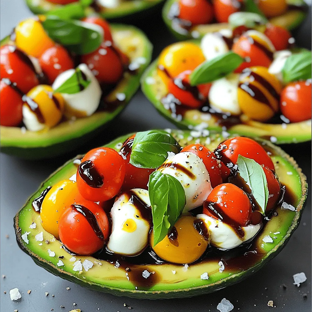 When making Caprese stuffed avocados, gathering fresh ingredients is key. Here’s what you need: - 2 ripe avocados - 1 cup cherry tomatoes, halved - 1 cup fresh mozzarella balls (bocconcini), halved - 1/4 cup fresh basil leaves, torn - 2 tablespoons balsamic glaze - 1 tablespoon olive oil - Salt and pepper to taste These ingredients create a bright and tasty dish. The ripe avocados give a creamy base. The cherry tomatoes add sweetness and color. Fresh mozzarella brings a lovely texture. Basil leaves give a fresh, herbal note. Balsamic glaze offers a sweet and tangy finish, while olive oil adds richness. Salt and pepper enhance all the flavors. Feel free to get creative with your Caprese stuffed avocados! You can add: - Additional vegetables (e.g., bell peppers, cucumbers) - Different types of cheese (e.g., feta, goat cheese) - Protein additions (e.g., grilled chicken, shrimp) These options let you mix flavors and textures. You can make it your own. Try different pairings to find your favorite! For the full recipe, check out the details above. 1. Halve and pit the avocados Start by slicing the ripe avocados in half lengthwise. Carefully remove the pit with a spoon. Set the avocado halves aside. 2. Prepare the Caprese salad mixture In a mixing bowl, combine one cup of halved cherry tomatoes and one cup of halved fresh mozzarella balls. Add a quarter cup of torn basil leaves to the mix. Drizzle one tablespoon of olive oil over the salad. Season with salt and pepper. Gently toss the ingredients together without mashing the mozzarella. 3. Assemble the stuffed avocados Take the Caprese salad mixture and spoon it into each avocado half. Fill them generously, making sure to pack the ingredients well. Drizzle two tablespoons of balsamic glaze over the stuffed avocados. This adds a sweet and tangy flavor that complements the dish. If you like, garnish with extra basil leaves for a fresh touch. This simple recipe is perfect for a quick lunch or a light dinner. For the full recipe, check out the earlier sections. Enjoy your Caprese stuffed avocados! How to choose the perfect avocados Pick avocados that are firm but yield slightly when pressed. Look for dark green skin. Avoid any with bruises or dark spots. Ripe avocados should feel a little soft but not mushy. If they are hard, let them ripen at room temperature for a few days. Selecting fresh mozzarella and tomatoes Choose mozzarella balls that feel smooth and slightly springy. They should smell fresh and milky. For tomatoes, select firm cherry tomatoes with vibrant color. They should be shiny and free from blemishes. Fresh ingredients make a big difference in flavor. Preventing browning of avocados To keep avocados fresh, use lemon juice or lime juice. Drizzle the juice on the flesh right after cutting. This helps stop browning and keeps your dish looking bright. Serve immediately for best results, but you can cover them tightly with plastic wrap if needed. Ensuring a flavorful balsamic glaze drizzle Choose a high-quality balsamic glaze for the best taste. The glaze should be thick and sweet, enhancing the flavors of your dish. Drizzle it over the stuffed avocados just before serving. This adds a perfect sweet and tangy finish. For an extra touch, reduce balsamic vinegar on the stove until thickened. For the full recipe, visit [Full Recipe]. {{image_2}} You can make Caprese stuffed avocados even more exciting! For a Mediterranean twist, add olives or artichokes. These ingredients boost flavor and add a nice texture. They can bring a taste of the coast right to your table. If you like heat, try a spicy version. Chop some fresh jalapeños and mix them in with the Caprese salad. The heat from the peppers will contrast nicely with the creamy avocado. This twist gives your dish a fun kick! Caprese stuffed avocados fit many diets. They are naturally vegetarian and can easily be vegan. Just swap the mozzarella with a plant-based cheese. This option keeps the dish creamy and delicious without dairy. For those who need gluten-free meals, you’re in luck! This recipe is already gluten-free. All the ingredients are safe for gluten intolerance. Enjoy this dish without worry, as it’s both tasty and healthy. Feel free to check the Full Recipe for more inspiration and ideas! After you enjoy your Caprese stuffed avocados, store them properly. If you have filled avocados left, wrap each half in plastic wrap. This helps keep them fresh and prevents browning. You can also place them in an airtight container. If you have leftover ingredients, like mozzarella or tomatoes, store them in the fridge. Use them within a few days for the best taste. Avocados are best eaten ripe, so use them within one to three days after cutting. Fresh mozzarella can last about a week if stored in water or kept in its liquid. Keep an eye on your ingredients. If you find anything that looks off, it’s best to toss it. This way, you can avoid food waste and still enjoy fresh flavors. Can I assemble Caprese Stuffed Avocados in advance? Yes, you can prep the Caprese salad mix ahead of time. However, I recommend waiting to fill the avocados until right before serving. This keeps the avocados fresh and prevents browning. What can I substitute for balsamic glaze? If you don’t have balsamic glaze, you can use balsamic vinegar. Just drizzle a small amount on top for a similar flavor. You can also try honey or a lemon vinaigrette for a sweet twist. Is this recipe suitable for meal prep? Yes, this recipe works well for meal prep. You can store the salad mix in the fridge for a few days. Just fill the avocados before you eat them to keep everything fresh. How many servings does this recipe yield? This recipe makes two servings. Each avocado half is a perfect portion, making it great for a light meal or snack. What's the prep time for Caprese Stuffed Avocados? The prep time is just 10 minutes. It’s quick and easy, perfect for busy days or last-minute meals. Can I use large avocados for this recipe? Absolutely! Large avocados work great. Just adjust the amount of the salad mix to fill them up nicely. Enjoy experimenting with sizes! In this blog post, we explored how to make delicious Caprese Stuffed Avocados. You learned about key ingredients, step-by-step prep, and tips for selection. We also discussed variations to match your taste and how to store leftovers. Caprese Stuffed Avocados offer a fresh twist on a classic dish. This recipe is simple, flavorful, and fun to make. Enjoy trying different ingredients and impressing your friends and family with this healthy meal!