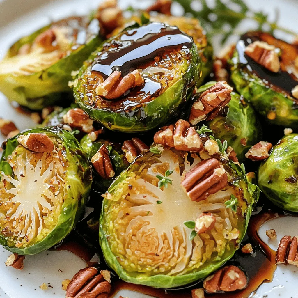 - 1 pound Brussels sprouts, trimmed and halved - 2 tablespoons olive oil - 1/4 cup balsamic vinegar - 2 tablespoons pure maple syrup - 1 teaspoon Dijon mustard - 1/2 teaspoon garlic powder - 1/2 teaspoon salt - 1/4 teaspoon black pepper - 1/4 cup pecans, chopped - Fresh thyme for garnish When I make maple balsamic Brussels sprouts, I start with these fresh ingredients. The Brussels sprouts should be firm and bright green. Use good olive oil and quality balsamic vinegar for the best flavor. Pure maple syrup adds a natural sweetness that balances the tangy vinegar. For seasoning, Dijon mustard gives a nice kick. Garlic powder adds aroma and flavor depth. Salt and pepper round out the taste, making each bite pop. Feel free to add chopped pecans for a crunchy texture. Fresh thyme is a lovely garnish that adds color and a hint of earthiness. You can find the full recipe in the article. - Preheat the oven to 400°F (200°C). - In a large bowl, whisk together the balsamic vinegar, maple syrup, Dijon mustard, garlic powder, salt, and black pepper until smooth. For a great start, preheating the oven is key. It helps the Brussels sprouts roast evenly. Next, you want to mix the balsamic and maple flavors together. This blend adds depth and sweetness to the dish. - Toss Brussels sprouts with olive oil and the balsamic mixture. - Spread sprouts on a baking sheet in a single layer. Once your sauce is ready, add the trimmed Brussels sprouts. Coating them well ensures each piece gets flavor. Lay them out flat on the baking sheet. This allows them to roast properly, giving you that nice caramelization. - Roast for 20-25 minutes, stirring halfway. - Add chopped pecans in the last 5 minutes if desired. Roasting time matters. Check them after 20 minutes; they should be crispy and golden. Stirring halfway through helps them cook evenly. If you like crunch, toss in the pecans for the last five minutes. They will add a nice texture to your dish. For the full recipe, check the details above. Enjoy your tasty creation! To get the right crispiness, you want to roast your Brussels sprouts at the right temperature. Set your oven to 400°F (200°C). This high heat helps them caramelize well. Start with fresh Brussels sprouts. Trim and halve them for even cooking. Toss them with olive oil and the balsamic mixture before roasting. Tossing the Brussels sprouts halfway through cooking is key. This step ensures they cook evenly on all sides. It gives that sought-after crunch, so don’t skip it! To elevate the flavor, consider adding spices. A pinch of red pepper flakes can add some heat. You can also try some smoked paprika for a touch of smokiness. These spices blend well with the sweet and tangy sauce. Fresh herbs play a big role too. Thyme is a great choice here. It adds a fresh, earthy taste that pairs nicely with the maple and balsamic. You can sprinkle chopped thyme on top just before serving. For the full recipe, check out the earlier section. Enjoy your cooking! {{image_2}} You can change the flavor of these Brussels sprouts easily. Try swapping maple syrup for honey. Honey adds a nice floral note and sweetness. If balsamic vinegar is not available, use apple cider vinegar instead. It gives a fruity tang that works well with the sprouts. If you want vegan options, you can use agave syrup in place of maple syrup. For a gluten-free dish, check your Dijon mustard brand to ensure it is safe. You can also add other vegetables like sweet potatoes or carrots. Adding proteins such as cooked bacon or chickpeas boosts the meal. These choices make the dish even more filling and fun. For the full recipe, click [here](#). You can store leftover maple balsamic Brussels sprouts in the fridge for about 3 to 5 days. To keep them fresh, place them in an airtight container. This helps prevent them from drying out or absorbing strong odors. I recommend letting them cool completely before sealing. This keeps the moisture in check. To reheat your Brussels sprouts, use an oven or a skillet. For the oven, set it to 350°F (175°C). Spread the sprouts on a baking sheet and heat for about 10 minutes. This method keeps them crispy. If you use a skillet, heat it over medium heat and add a little olive oil. Stir until they warm up, about 5 minutes. Avoid using a microwave, as it can make them soggy. Always aim for a nice, crispy texture! For the full recipe, check out the details above. Can I use frozen Brussels sprouts? Yes, you can use frozen Brussels sprouts. They will cook faster than fresh ones. Make sure to thaw them first. Pat them dry to remove excess moisture. This helps them crisp up nicely. What can I serve with maple balsamic Brussels sprouts? These sprouts pair well with many dishes. Try serving them with roasted chicken or grilled salmon. They also work great with quinoa or a fresh salad. Their sweet and tangy flavor adds a lovely touch to any meal. Caloric content per serving Each serving of maple balsamic Brussels sprouts has about 150 calories. This may vary based on the addition of pecans or other ingredients. Health benefits of Brussels sprouts Brussels sprouts are rich in vitamins and minerals. They are high in fiber, which aids digestion. They also contain antioxidants that help fight disease. Eating them can support heart health and boost your immune system. How to scale the recipe for larger groups? To serve more people, simply double or triple the ingredients. Ensure your baking sheet has enough space for the sprouts. Overcrowding can lead to steaming instead of roasting. Can I prepare this dish ahead of time? Yes, you can prep the Brussels sprouts a few hours in advance. Toss them in the sauce and refrigerate. When ready to eat, just roast them. This saves time and adds flavor. For the full recipe, check the detailed instructions above. This blog post covered a tasty way to cook Brussels sprouts. You learned the main ingredients, seasonings, and optional add-ons. I shared step-by-step instructions for preparation and baking. We also explored tips for perfecting your dish and ways to customize it. In the end, enjoy this healthy side dish. It’s easy to make and full of flavor. Try it out at your next meal to impress your family or friends.
