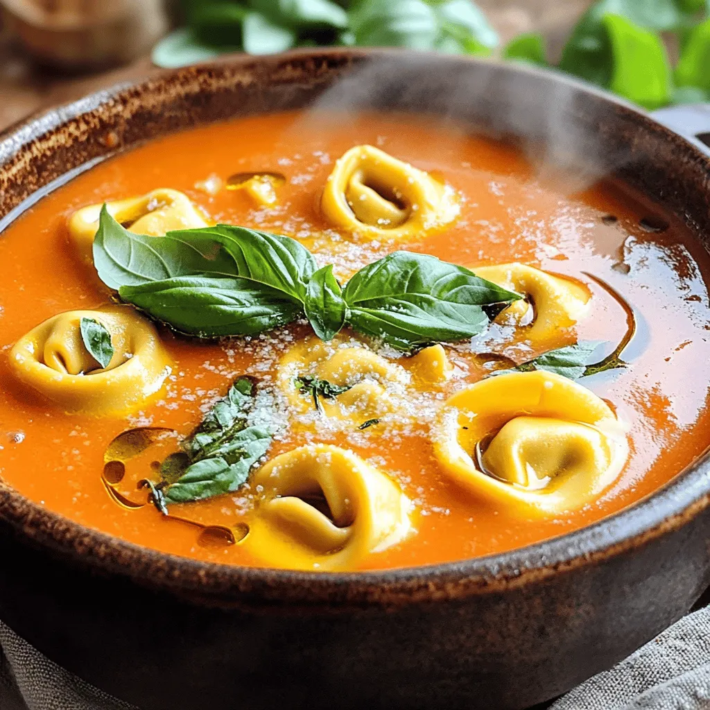 To make a tasty creamy tomato tortellini soup, gather these ingredients: - 1 tablespoon olive oil - 1 medium onion, diced - 3 cloves garlic, minced - 1 can (28 ounces) crushed tomatoes - 4 cups vegetable broth - 1 teaspoon dried basil - 1 teaspoon dried oregano - Salt and pepper to taste - 1 package (9 ounces) cheese tortellini - 1 cup heavy cream (or coconut cream for a vegan option) - Fresh basil leaves for garnish - Grated Parmesan cheese for serving You can boost flavor with these optional items: - A pinch of red pepper flakes for heat - 1 carrot, diced for sweetness - 1 stalk celery, diced for extra crunch - A splash of balsamic vinegar for depth - Fresh lemon juice for brightness These extras can take your soup to a new level. Here’s a look at the nutrition in one serving of this soup: - Calories: About 350 - Protein: 12 grams - Fat: 20 grams - Carbohydrates: 30 grams - Fiber: 3 grams - Sodium: 800 mg The soup is hearty and filling. It’s a balanced meal, especially when you add optional ingredients. For a full recipe, check the details above. Enjoy cooking! Start by gathering your ingredients. You need olive oil, onion, garlic, crushed tomatoes, vegetable broth, dried herbs, tortellini, and cream. Having everything ready makes cooking easier. Chop the onion and mince the garlic before you start. This saves time later. 1. Heat the olive oil in a large pot over medium heat. 2. Add the diced onion and sauté for about 5 minutes. The onion should turn soft and clear. 3. Stir in the minced garlic. Sauté for 1 minute, letting its smell fill the air. 4. Pour in the crushed tomatoes and vegetable broth. Add dried basil and oregano. Season with salt and pepper. Stir well. 5. Bring the mixture to a boil, then lower the heat and let it simmer for 10 minutes. This helps the flavors combine. 6. Add the cheese tortellini. Cook according to the package, usually about 3-5 minutes. They’re done when they float. 7. Stir in the heavy cream until it mixes well. Let the soup simmer for another 2-3 minutes. 8. Taste and adjust the seasoning if needed. 9. Serve hot, garnished with fresh basil and grated Parmesan cheese. - When sautéing the onion, keep stirring to avoid burning. - Use fresh herbs if you can. They add great flavor. - For a creamier soup, add more cream. - Taste the soup before serving. Adjust the salt and pepper to your liking. - For extra flavor, let the soup sit for a few minutes after cooking. This enhances the taste. This recipe is simple and delicious. You can find the full recipe above. Enjoy your creamy tomato tortellini soup! When making creamy tomato tortellini soup, watch out for a few common errors. First, don’t skip the onion. It adds a sweet base flavor. Also, avoid overcooking the tortellini. They should be tender but firm. If you cook them too long, they can turn mushy. Lastly, don’t rush the simmering step. Letting the soup simmer helps all the flavors blend well. You can boost the taste of your soup with some easy tweaks. Try adding a pinch of red pepper flakes for heat. A splash of balsamic vinegar gives a nice tang. Fresh herbs like thyme or parsley can brighten the dish. For a richer taste, mix in some sun-dried tomatoes or a spoonful of pesto. These small changes can make your soup sing. Having the right tools makes cooking easier. Use a large pot to hold all the soup ingredients. A wooden spoon is great for stirring without scratching your pot. A measuring cup helps you get the right amount of broth and cream. Don’t forget a sharp knife for chopping onions and garlic. Finally, a ladle makes serving your soup neat and easy. For the complete recipe, check out the [Full Recipe]. {{image_2}} You can easily make this soup vegan. Swap the heavy cream for coconut cream. This keeps the soup rich and creamy. You can also use vegetable broth instead of chicken broth. For added flavor, try using cashew cream or almond milk. They both add a nice touch. Want to boost the protein? You can add cooked chicken or beans. Shredded rotisserie chicken works great. Just stir it in during the last few minutes of cooking. If you like beans, chickpeas or white beans are perfect. They add heartiness and help fill you up. If you like heat, add red pepper flakes. Start with a pinch and taste as you go. For a milder soup, skip the spice. You can also add fresh herbs like thyme or rosemary for more flavor. They give a nice twist without the heat. Store your creamy tomato tortellini soup in an airtight container. Let it cool down to room temperature first. This keeps the flavors fresh and prevents the soup from spoiling. Leftover soup can last in the fridge for up to four days. Before you eat it again, always check for any off smells or changes in texture. To freeze the soup, use a freezer-safe container. Leave some space at the top to allow for expansion. This soup can be frozen for up to three months. When you’re ready to eat it, move it to the fridge to thaw overnight. This helps keep the texture and taste intact. When reheating, do it slowly on the stove over low heat. Stir often, so it warms evenly. If the soup seems too thick, add a splash of broth or water. You can also microwave it in a bowl, but cover it to avoid splatters. Always taste and adjust the seasoning if needed. For the best taste, enjoy it hot with a sprinkle of fresh basil or Parmesan. You can find the full recipe linked above. You can use coconut cream or whole milk. Both options work well for this soup. Coconut cream adds a slight sweetness. Whole milk keeps it creamy but is lighter. If you want a healthy choice, try blending silken tofu with a bit of broth. This gives you a smooth texture. You can store this soup in the fridge for up to four days. Just keep it in an airtight container. If you want to save it longer, freeze it. It will stay good in the freezer for about three months. When ready to eat, thaw it in the fridge overnight before reheating. Yes! You can make this soup without tortellini. Just skip that step and add more veggies instead. Chopped spinach or zucchini works well. You can also use rice or pasta if you want. Just remember to adjust cooking times. Check the [Full Recipe] for details on the right timing. This blog post covered all you need for making creamy tomato tortellini soup. We explored the key ingredients, step-by-step cooking instructions, and useful tips. You learned about variations, storage tips, and answers to common questions. In conclusion, making this soup can be easy and fun. With the right ingredients and tips, you can impress anyone. Experiment with flavors and don’t fear mistakes. Enjoy your tasty creation and feel proud of your cooking skills!