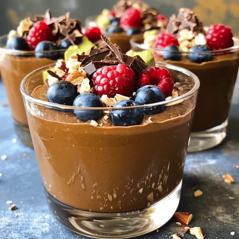 To make your avocado chocolate mousse, you'll need some simple, wholesome ingredients. Here’s what you should gather: - 2 ripe avocados - 1/3 cup unsweetened cocoa powder - 1/4 cup maple syrup (or honey) - 1/4 cup almond milk (or any preferred milk) - 1 teaspoon vanilla extract - A pinch of salt - Optional toppings: Shaved dark chocolate, berries, or crushed nuts Each ingredient plays a key role in creating that rich and creamy texture. The avocados provide healthy fats, while cocoa powder gives it that deep chocolate flavor. Maple syrup or honey adds the right sweetness. Almond milk keeps it smooth and light. I love adding a pinch of salt to enhance the flavors. It might seem small, but it makes a big difference! You can also get creative with toppings. Shaved dark chocolate adds elegance, while berries give a burst of freshness. Crushed nuts can add a nice crunch too. For the full recipe, check out the section titled Full Recipe! Cut the avocados in half. Remove the seed carefully. Use a spoon to scoop out the flesh. Place the avocado flesh into the food processor. This creamy base gives the mousse its rich texture. Now, add the cocoa powder, maple syrup, almond milk, vanilla extract, and a pinch of salt. Each ingredient brings out the best in the avocado. Blend everything until it is smooth and creamy. You may need to scrape down the sides to mix well. Taste the mousse and adjust the sweetness if you want. Once the mixture is silky and smooth, transfer it into serving bowls or glasses. I like to use clear bowls to show off the rich color. Finally, refrigerate the mousse for at least 30 minutes. This helps it chill and set slightly. Enjoy the anticipation as it cools! For a great touch, top it with shaved dark chocolate, fresh berries, or crushed nuts right before serving. This is where the fun begins! For the full recipe, check the earlier section. To make your avocado chocolate mousse smooth and creamy, you need good blending techniques. Start by cutting your ripe avocados in half. Then scoop the avocado flesh into a food processor. This step ensures you get all the good stuff in there. Add the cocoa powder, maple syrup, almond milk, vanilla extract, and a pinch of salt. Blend these together until the mixture is silky smooth. You can stop and scrape down the sides of the bowl if needed. When it comes to sweetness, tasting is key. After blending, take a small spoonful and taste. If you want more sweetness, add a little maple syrup or honey. Blend again, and taste once more. This way, you can adjust the flavor to your liking. Serving your mousse in clear glasses makes a big difference. You can see the rich, dark color, which looks lovely. For a nice touch, consider garnishing with a sprig of fresh mint. This adds a pop of color and freshness. You can also try topping with shaved dark chocolate, fresh berries, or crushed nuts. Each of these adds a unique texture and flavor. These little details make your mousse not just tasty but also visually appealing. For the full recipe, refer back to the complete instructions. {{image_2}} You can change the sweet taste of your mousse by using different sweeteners. Honey adds a nice touch. It brings a floral flavor that pairs well with chocolate. Agave syrup is another great choice. It has a mild taste and dissolves easily. If you prefer a low-calorie option, try stevia. It’s sweet without the sugar. Each sweetener affects the flavor, so feel free to experiment until you find your favorite. For a dairy-free or vegan mousse, swap the milk with plant-based options. Almond milk works well because it is light and nutty. You can also try coconut milk for a richer taste. Oat milk is another choice that offers a creamy texture. Each milk brings its own flavor, so choose what you like best. This way, anyone can enjoy this treat! Want to jazz up your mousse? Adding spices can create new flavors. A pinch of cinnamon gives warmth and depth. It pairs well with chocolate and avocado. Espresso powder is another excellent option. It enhances the chocolate flavor without making it taste like coffee. You can add a little of either spice while blending. This lets the flavors mix nicely, giving your mousse a unique twist. For the full recipe, check out the [Full Recipe]. Store your avocado chocolate mousse in an airtight container. This keeps it fresh and prevents it from browning. Make sure to seal it tightly. If you have leftover mousse, place it in the fridge. Use it within a few days for the best taste and texture. In the fridge, your mousse lasts about 3 to 5 days. The avocado can brown over time, so eat it sooner than later. To help with freshness, you can cover the surface with plastic wrap. Press it down to touch the mousse. This reduces air exposure and keeps it looking nice. You can freeze avocado chocolate mousse! Transfer it to a freezer-safe container. Leave some space at the top, as it expands when frozen. It stays good for about 2 months in the freezer. When you're ready to eat it, thaw it in the fridge overnight. Stir it well before serving. This keeps the texture creamy and smooth. Yes, you can use ripe avocados that are starting to brown. Brown spots may change the flavor slightly. They might taste a bit more nutty. The texture can be fine if you blend them well. Just make sure to remove any dark spots before using them. This way, your mousse will still be smooth and tasty. This dessert is indeed healthy. Avocados are rich in healthy fats, fiber, and vitamins. They can help you feel full and satisfied. Dark chocolate also has antioxidants, which are great for your body. Together, they make a sweet treat that is both delicious and good for you. Eating this mousse can be a smart choice for dessert lovers. To pick the best avocados, feel for a slight give when you press them gently. If they are hard, they need more time to ripen. If they are too soft, they may be overripe. You can also check the color. A dark green or black skin often means they are ripe. Look for smooth skin without large dents or blemishes. With these tips, you will choose perfect avocados for your mousse. For the full recipe, check out the instructions above! In this post, we covered how to make a delicious avocado chocolate mousse. We detailed key ingredients and provided easy steps for preparation. I shared tips for perfecting the mousse’s texture and ideas for presentation. You also learned about variations, storage, and common questions. This creamy treat is not just tasty; it's also healthy. Embrace your creativity with this dessert, and enjoy every bite. You’ll impress friends and family while making something good for you. Enjoy making your mousse today!