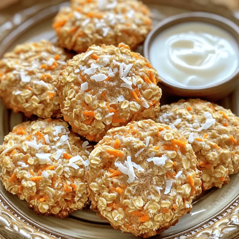 - 1 cup grated carrots - 1 cup oats (rolled or quick) - 1/2 cup almond flour - 1/2 cup shredded coconut - 1/2 cup maple syrup - 1/4 cup coconut oil, melted - 1 ripe banana, mashed - 1 teaspoon vanilla extract - 1 teaspoon baking powder - 1 teaspoon ground cinnamon - 1/2 teaspoon nutmeg - 1/4 teaspoon salt - 1/2 cup raisins or chopped walnuts (optional) The ingredients for carrot cake breakfast cookies are simple yet packed with flavor. Grated carrots bring natural sweetness and nutrition. Oats add fiber, making these cookies filling and healthy. Almond flour gives a nice texture and a nutty flavor. Shredded coconut adds a tropical touch. Maple syrup serves as the sweetener, giving a rich taste. Coconut oil helps keep the cookies moist. A ripe banana adds sweetness and binds the ingredients well. The vanilla extract enhances the flavor. Baking powder makes the cookies rise slightly. Ground cinnamon and nutmeg bring warmth and spice to each bite. You may choose to add raisins or walnuts for extra crunch or sweetness. This recipe is flexible, so feel free to mix and match ingredients! - Calories per serving: Approximately 120 calories - Macronutrients breakdown: - Carbohydrates: 15g - Protein: 2g - Fat: 6g - Vitamins and minerals: Rich in vitamin A (from carrots) and healthy fats (from almond flour and coconut oil) This cookie is not just tasty; it also gives you a burst of energy. Each cookie is a balance of carbs, protein, and fats. The nutrients in these cookies can help you kickstart your morning right. For the full recipe, check out the details and make these cookies today! 1. Preheat the oven and prepare the baking sheet Start by preheating your oven to 350°F (175°C). This ensures even baking. Line a baking sheet with parchment paper to prevent sticking. 2. Combine dry ingredients In a large bowl, mix these dry ingredients: - 1 cup grated carrots - 1 cup oats (rolled or quick) - 1/2 cup almond flour - 1/2 cup shredded coconut - 1 teaspoon baking powder - 1 teaspoon ground cinnamon - 1/2 teaspoon nutmeg - 1/4 teaspoon salt Stir them together until they are well combined. This helps distribute the flavors evenly. 3. Mix wet ingredients In another bowl, whisk together the wet ingredients: - 1/2 cup maple syrup - 1/4 cup melted coconut oil - 1 ripe banana, mashed - 1 teaspoon vanilla extract Mix these until smooth. This blend adds moisture and sweetness. 1. Combine wet and dry ingredients Pour the wet mix into the dry ingredients. Stir gently until just combined. If you want to add some extra flavor, fold in 1/2 cup of raisins or chopped walnuts. 2. Portion and shape the cookies Use a tablespoon to scoop out the mixture. Place the scoops onto the prepared baking sheet, leaving about 2 inches between each scoop. Press each cookie down slightly with the back of the spoon to shape them. 3. Baking time and tips for doneness Bake in your preheated oven for 12-15 minutes. Look for the edges to turn golden brown. The centers should feel firm when touched. Let them cool on the baking sheet for about 5 minutes before moving them to a wire rack. This helps keep the cookies soft and chewy. For the full recipe, refer to the earlier section. Enjoy the process of making these delicious treats! To keep your carrot cake breakfast cookies moist, use ripe bananas. The riper the banana, the more moisture it adds. Also, don't over-bake them. Bake until the edges are golden, and the center feels firm. This ensures the cookies stay soft and chewy. For the perfect texture, mix the dry ingredients first. This helps distribute the baking powder and spices evenly. When you combine wet and dry ingredients, mix gently. Over-mixing can make the cookies tough instead of soft. To present the cookies well, place them on a decorative plate. You can dust them with a bit of cinnamon for a nice touch. Serving them warm is best, but they taste great at room temperature too. Pair these cookies with a glass of cold milk or a cup of tea. They also go well with yogurt, which adds creaminess. Enjoy your cookies as a tasty breakfast treat or a quick snack anytime! {{image_2}} You can easily change up the flavor of your carrot cake breakfast cookies. Here are some ideas: - Add-ins: Toss in some walnuts, pecans, or sunflower seeds for extra crunch. You can also add chocolate chips for a sweet twist. - Spice variations: Try adding ground ginger or ground cloves for a warm, spiced flavor. These spices can give your cookies a unique taste. Want to make your cookies fit your diet? Here are some options: - Gluten-free options: Swap the almond flour with a gluten-free flour blend. You can also use certified gluten-free oats. - Vegan adaptations: Replace the egg with a flax egg or applesauce. Use maple syrup or agave nectar to give sweetness without animal products. These variations make the recipe fun and flexible. You can create a cookie that fits your taste and diet. Check the Full Recipe for more ideas! To keep your carrot cake breakfast cookies fresh, store them at room temperature. Use an airtight container to prevent them from getting dry. They can last up to five days this way. If you want to enjoy them warm, just pop them in the microwave for a few seconds. For longer storage, freezing is your best option. Place the cookies in a single layer on a baking sheet. Freeze them for about an hour until firm. Then, transfer them to a freezer bag or container. They can stay fresh for up to three months. To thaw, take the cookies out and let them sit at room temperature. If you want a warm treat, reheat them in the oven at 350°F (175°C) for about 5-7 minutes. Enjoy your delicious carrot cake breakfast cookies any time! For the full recipe, check the section above. How long do carrot cake breakfast cookies last? These cookies can last up to one week at room temperature. Store them in an airtight container. For longer storage, keep them in the fridge for two weeks. If you freeze them, they can last up to three months. Just thaw them at room temperature before eating. Can I use different types of flour? Yes, you can use different flours. Whole wheat flour or gluten-free flour works well. If you want a nutty flavor, try oat flour. Each flour will change the texture a bit but will still taste great. Are these cookies suitable for kids? Absolutely! These cookies are fun and healthy. They pack in good nutrients like fiber and vitamins from the carrots. Kids often love the sweet taste from the banana and maple syrup. Just keep an eye on added nuts for allergies. What can I replace if I’m out of a specific ingredient? If you lack almond flour, try using all-purpose flour or oat flour instead. Instead of maple syrup, honey or agave syrup can work too. You can swap coconut oil for butter or any neutral oil. How to adjust the recipe for different serving sizes? To adjust servings, you can easily double or halve the recipe. If you want fewer cookies, just cut each ingredient in half. If you want more, double the amounts. It’s simple math to keep the taste just right. These carrot cake breakfast cookies are easy to make and delicious. We covered the key ingredients and their health benefits. You learned how to prepare, bake, and store them. Remember, you can customize these cookies to fit your tastes and dietary needs. Whether you add nuts or change the spices, the options are endless. Enjoy these healthy treats at breakfast or as a snack. They are sure to be a hit for everyone!