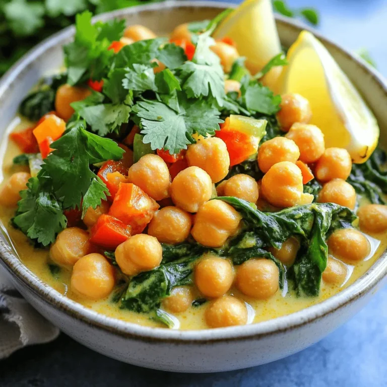 The magic of Coconut Curry Chickpeas lies in its vibrant and fresh ingredients. Each item adds depth and flavor. Here’s what you need: - Chickpeas: 2 cans (15 oz each), rinsed and drained - Coconut milk: 1 can (13.5 oz) - Aromatics: 1 medium onion (finely chopped), 3 cloves garlic (minced), 1-inch piece of ginger (grated) - Spices: 1 tablespoon curry powder, 1 teaspoon ground turmeric, 1 teaspoon cumin, 1 teaspoon coriander - Vegetables: 1 bell pepper (diced, red or yellow), 1 cup spinach (roughly chopped) - Other essentials: 1 tablespoon vegetable oil, salt and pepper to taste - Optional garnishes: Fresh cilantro, lemon wedges Using these fresh ingredients makes a big difference. The chickpeas provide protein, while the coconut milk gives creaminess. The spices create that rich curry flavor. Don’t skip the aromatics; they build a solid base. Feel free to adjust the bell pepper and spinach to your liking. If you want to dive deeper into the cooking process, check out the Full Recipe. It guides you through each step with precision, ensuring you get the best flavors from these ingredients. Happy cooking! 1. Sauté aromatics: Start by heating vegetable oil in a large pan over medium heat. Add the chopped onion and sauté for about 3-4 minutes until it turns soft and clear. Next, stir in the minced garlic and grated ginger. Cook these for just one minute until you can smell their lovely aroma. 2. Toast spices: Now, it’s time to add flavor! Sprinkle in the curry powder, turmeric, cumin, and coriander. Stir well to mix these spices and toast them for about one minute. This step brings out their full flavor and makes the dish more aromatic. 3. Cook the vegetables: Add the diced bell pepper to the pan. Cook for another 3-4 minutes until it softens. This veggie adds a sweet crunch and bright color to your curry. 4. Combine chickpeas and coconut milk: Pour in the coconut milk and add the rinsed chickpeas. Stir everything together well. This mix creates a creamy and rich base for your curry. 1. Let the flavors meld: Bring the mixture to a gentle simmer. Lower the heat and let it cook for 15-20 minutes. This step allows all the flavors to blend together perfectly. 2. Add spinach: Stir in the chopped spinach during the last few minutes of cooking. Cook it for 2-3 minutes until it wilts. Spinach adds nice color and healthy greens to your dish. - How to serve with rice or quinoa: I love serving Coconut Curry Chickpeas over a bed of fluffy rice or quinoa. The grains soak up the creamy sauce well and balance the dish. - Garnishing tips: To finish, add fresh cilantro on top for a burst of freshness. Serve with lemon wedges for extra zing. Squeezing a bit of lemon juice brightens the flavors and makes the dish shine. For the full recipe, check out the details above. Enjoy your cooking! To get the best flavor from your Coconut Curry Chickpeas, always start with fresh ingredients. Use ripe onions, garlic, and ginger for a robust taste. Sauté them well to bring out their natural sweetness. When you toast your spices, let them cook briefly in the oil. This step releases oils and enhances their flavor. Texture can also make a big difference. If you like a smooth curry, mash some chickpeas as you cook. This adds creaminess without extra ingredients. For a chunkier texture, leave some chickpeas whole. Experiment until you find your favorite style! If you're vegan, this recipe is already perfect for you! All ingredients are plant-based. If you want to add creaminess without coconut milk, try using unsweetened almond milk. For a nut-free option, consider oat milk or soy milk. For gluten-free needs, this recipe fits the bill! All the spices and veggies are naturally gluten-free. Just double-check any additional sauces or ingredients you might add. Want a kick? Add fresh chilies or a dash of hot sauce when cooking. This gives your dish a nice heat that complements the sweetness of the coconut milk. If you prefer milder options, use sweet paprika instead. Using different curry powders can change the flavor profile. Try yellow curry powder for a milder taste or red curry powder for more heat. Each type of curry powder offers a unique taste. Experiment to find your favorite blend! {{image_2}} You can add many veggies to this dish for extra flavor and nutrition. Try carrots, zucchini, or even sweet potatoes. They will soak up the curry taste well. Seasonal veggies work great too. In summer, use fresh tomatoes and bell peppers. In fall, add butternut squash or kale. Each veggie brings its own taste and texture. If you want more protein, consider adding tofu or tempeh. They soak up the curry flavor and add a nice chew. Simply cube the tofu or tempeh and cook it with the spices. For a heartier meal, try shrimp or chicken. Cook them until they are just done, then mix them in with the chickpeas. This adds a nice twist to the dish. This recipe is naturally gluten-free. If you need more options, use gluten-free soy sauce or tamari in place of any regular sauces. To keep it vegan, make sure any added proteins are plant-based. Always check labels when buying processed foods, as some may contain hidden gluten. You can enjoy a delicious meal that fits your needs without losing flavor. For the full recipe, check the main section of this article. To keep your Coconut Curry Chickpeas fresh, store them in an airtight container. Let the dish cool before sealing. Place it in the fridge where it will stay good for about 3 to 5 days. If you want to keep them longer, freezing is a great option. When it’s time to eat leftovers, reheat them gently. Use a saucepan on low heat. Stir often to prevent sticking. You can also add a splash of coconut milk or water. This keeps the dish creamy and full of flavor. Heat until warm, not boiling. To freeze Coconut Curry Chickpeas, serve them in single portions. Use freezer-safe containers or bags. Make sure to leave some space for expansion. When ready to eat, thaw overnight in the fridge. For a quicker method, use the microwave. Reheat as mentioned above for the best taste. For the full recipe, check out the complete guide to Coconut Curry Chickpeas. Yes, you can use dried chickpeas, but they need more time. First, soak them overnight in water. This softens them and cuts cooking time. After soaking, drain the chickpeas and rinse them. Boil them in water for about 1 to 1.5 hours until tender. You can then add them to your coconut curry. Adjust your cooking time so that the chickpeas blend well with the other ingredients. Coconut Curry Chickpeas will last up to 4 days in the fridge. Store them in an airtight container to keep them fresh. Always let them cool before sealing the container. If you notice any off smell or mold, discard the dish. Reheat them on the stove or in the microwave before serving. This helps keep the flavors vibrant. Yes, this dish is great for meal prep. You can make it a day or two in advance. Just store it in the fridge and reheat when ready to eat. I recommend cooking the spinach fresh to keep its bright color and texture. You can also prepare the other ingredients, like the chickpeas and sauce, ahead of time. This saves you time during the week. For a full recipe, refer to the Coconut Curry Chickpeas section above. This blog post covered making a delicious coconut curry chickpea dish. You learned about key ingredients like chickpeas, coconut milk, and spices. I shared simple steps, tips, and variations to elevate your dish. Remember, you can adjust flavors and swap ingredients for your needs. Store leftovers correctly to enjoy your meal later. Cooking can be fun and creative! Get started and enjoy this cozy dish with friends or family. Your kitchen is your canvas; let this curry be your masterpiece.