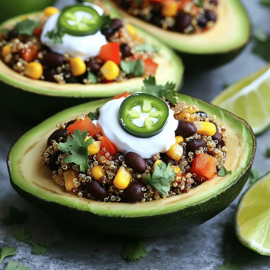 - Ripe avocados - Cooked quinoa - Black beans, corn, and red bell pepper To create this dish, start with ripe avocados. They should feel soft but not mushy. Next, use cooked quinoa, which is your healthy grain base. Black beans add protein and fiber. Fresh corn brings sweetness, while diced red bell pepper adds crunch. - Cumin, smoked paprika, salt, and pepper - Lime juice and fresh cilantro These spices add depth to the mix. Cumin gives a warm, earthy flavor. Smoked paprika adds a hint of smoky taste. Don’t forget salt and pepper for balance. Lime juice adds brightness, and fresh cilantro brings a fresh note. - Jalapeño for spice - Greek yogurt or sour cream for serving For those who like heat, add minced jalapeño. It gives a nice kick! Greek yogurt or sour cream makes a creamy topping. It balances the flavors and adds richness. For the Full Recipe, you can check out the complete guide to make these delicious Southwest Stuffed Avocados. To start, gather your ingredients. In a large bowl, combine the cooked quinoa, black beans, corn, and diced red bell pepper. Mix them well to ensure even distribution. Next, sprinkle in the cumin, smoked paprika, salt, and pepper. These spices add warmth and depth to your filling. Now, drizzle in the lime juice. This brightens the flavors and adds a zesty kick. Stir until everything blends together nicely. Now, let’s prepare the avocados. Carefully cut each avocado in half and remove the pit. Take a spoon and scoop out a small amount of the flesh from each half. This creates extra space for your filling. Be gentle to avoid breaking the avocado. You can chop the scooped-out flesh and add it to your filling if you'd like. It’s time to assemble your dish. With a spoon, generously fill each avocado half with your quinoa mixture. Press down gently to pack it in. This helps each bite to be full of flavor. For the finishing touch, add a dollop of Greek yogurt or sour cream on top. Sprinkle fresh cilantro over each avocado for a burst of color and freshness. If you want, serve with extra lime wedges on the side for a zesty kick. Check out the Full Recipe for more details! To make great Southwest stuffed avocados, you need ripe avocados. A ripe avocado feels slightly soft when you press it gently. Look for dark green or black skin for best results. Avoid ones that feel mushy or have brown spots. To store avocados, keep them at room temperature. If they are ripe and you want to slow down the ripening, place them in the fridge. This helps them stay fresh for a few more days. Adding extra spices or herbs can make your dish pop. Try adding a pinch of chili powder for more heat or fresh lime zest for brightness. You can also use fresh cilantro or parsley to give it a fresh taste. Taste as you mix. Everyone likes different flavors, so adjust the ingredient amounts to suit your taste. If you love black beans, add more! If corn is your favorite, toss in extra kernels. You can prep some parts ahead of time. Cook the quinoa and rinse the black beans the day before. Keep them in the fridge. When you’re ready to serve, cut the avocados and stuff them just before eating. This keeps the avocados fresh and green. For last-minute assembly, have your filling ready to go. Scoop out the avocado, fill it, and top with yogurt or sour cream. You can put a twist on it by adding lime juice right before serving for an added zing. For the full recipe, check out the Southwest Stuffed Avocados guide. {{image_2}} You can add protein to your stuffed avocados in many ways. Grilled chicken brings a savory flavor. Shrimp adds a touch of the sea. For a plant-based option, try tofu. It soaks up the spices well. Use diced tempeh for a nutty flavor, too. These protein additions provide extra nutrition and make the meal heartier. The flavors can change based on your choice of ingredients. Southwestern flavors often include smoky spices. These spices differ from the bright flavors in traditional Mexican dishes. You can swap black beans for pinto or kidney beans. Each type adds its own twist! You could also use farro or barley instead of quinoa for a different grain. Mixing and matching keeps meals exciting. When serving stuffed avocados, think about sides that complement them. Fresh salsa or pico de gallo adds a burst of flavor. A light salad with lime vinaigrette pairs nicely, too. For gatherings, serve them on a colorful platter. You can even slice the avocados into wedges for easy sharing. Place lime wedges on the side for a zesty touch. These ideas make your meal fun and appealing. For the full recipe, check out the Southwest Stuffed Avocados. After making Southwest stuffed avocados, store any leftovers in the fridge. Place half-filled avocados in a container. Use an airtight container for best results. This helps keep them fresh for about one day. The longer they sit, the more they lose flavor. If you want to keep the filling, store it separately. This way, it stays fresh longer. Can you freeze stuffed avocados? I don’t recommend it. Freezing changes the texture of the avocado. However, you can freeze the filling. Place it in a freezer-safe bag and remove as much air as possible. When ready to eat, thaw it in the fridge overnight. Reheat it gently on the stove or in the microwave. Avoid cooking it again. Prevent browning of your avocados with a few tricks. Lime juice is your best friend. It slows down oxidation. Squeeze fresh lime juice on the exposed avocado flesh. After that, wrap them tightly in plastic wrap. Store them in the fridge to keep them fresh. You can also place the avocado halves in an airtight container. This helps keep moisture in and air out. To add more heat, try these simple tips: - Add more jalapeños to the filling. - Mix in diced serrano peppers for a kick. - Use spicy salsa instead of plain. - Sprinkle red pepper flakes on top. Each of these options boosts the spice without changing the dish’s essence. You can tailor the heat to fit your taste. If you don't have quinoa, here are some great substitutes: - Cooked brown rice adds a nutty flavor. - Use farro for a chewy texture. - Cooked lentils offer protein and a hearty bite. - Bulgur wheat is a quick-cooking option. These grains provide different textures and flavors while keeping the dish healthy and filling. Prepared stuffed avocados should be eaten right away for the best taste. If you need to store them: - Keep them in the fridge, covered tightly. - They will stay fresh for up to a day. The avocados may brown, but you can sprinkle lime juice on them to slow this down. Enjoy your delicious meal while it’s fresh! Southwest stuffed avocados are a tasty and healthy choice. We covered the main ingredients like ripe avocados, quinoa, and black beans. I shared step-by-step instructions for preparation and assembly, along with tips for selecting avocados and enhancing their flavor. You can easily modify the recipe with proteins or spices to match your taste. Lastly, storing leftovers properly can help them last longer. Enjoy experimenting with this dish and make it your own!