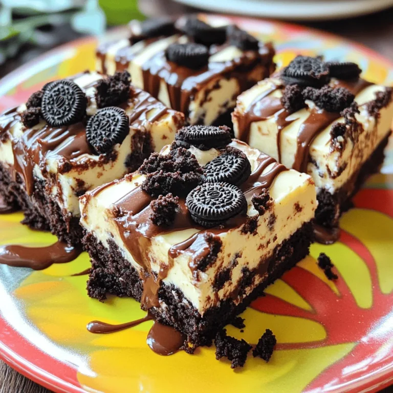 To make Oreo Cheesecake Brownie Bars, you need these key items: - 1/2 cup unsalted butter, melted - 1 cup granulated sugar - 2 large eggs - 1 teaspoon vanilla extract - 1/3 cup unsweetened cocoa powder - 1 cup all-purpose flour - 1/4 teaspoon salt - 1/4 teaspoon baking powder - 8 oz cream cheese, softened - 1/4 cup powdered sugar - 1 egg yolk - 1 teaspoon vanilla extract - 8 Oreo cookies, chopped (plus extra for topping) You can change this recipe to fit your taste. Here are some fun ideas: - Add chocolate chips for extra sweetness. - Use mint Oreos for a fresh twist. - Swap out cream cheese for mascarpone for a lighter texture. - Mix in nuts like walnuts or pecans for crunch. To make these delicious bars, gather these tools: - 9x9 inch baking pan - Mixing bowls - Whisk or electric mixer - Measuring cups and spoons - Spatula - Parchment paper (for easy removal) - Toothpick or knife (for swirling) These ingredients and tools will help you create perfect Oreo Cheesecake Brownie Bars. Don't forget to check the [Full Recipe] for more details! First, gather all your ingredients. You need unsalted butter, sugar, eggs, vanilla, cocoa powder, flour, salt, baking powder, cream cheese, powdered sugar, and Oreo cookies. Make sure to have a 9x9 inch baking pan ready. Preheat your oven to 350°F (175°C). Greasing the pan or lining it with parchment paper makes it easy to remove the bars later. Start by mixing the melted butter and granulated sugar in a bowl. Add the eggs and vanilla extract next. Stir until everything is well combined. Now, sift in the cocoa powder, flour, salt, and baking powder. Mix carefully, ensuring not to overwork the batter. Pour half of this brownie mix into the prepared pan. Next, in a separate bowl, beat the cream cheese with powdered sugar, egg yolk, and vanilla until smooth. Fold in the chopped Oreo cookies. Spread this cheesecake mix over the brownie layer. Spoon the rest of the brownie batter on top and swirl the two mixtures together gently with a knife. Bake for 30-35 minutes or until a toothpick comes out clean. Let the bars cool completely in the pan. If you used parchment paper, lift them out gently. Cut them into squares. For a fun twist, add extra Oreo pieces on top before serving. Enjoy them chilled or at room temperature. These Oreo Cheesecake Brownie Bars are sure to impress! For the full recipe, check the earlier section. Baking Oreo Cheesecake Brownie Bars is fun. Here are some tips to make it better: - Use Room Temperature Ingredients: Soft cream cheese mixes well. Cold cream cheese can clump. - Don't Overmix the Batter: Mix until just combined. Overmixing makes the brownies tough. - Use Fresh Ingredients: Fresh eggs and baking powder give the best rise and flavor. - Check Your Oven Temperature: An oven thermometer helps ensure even baking. Some mistakes can ruin your bars. Here are a few to steer clear of: - Skipping Parchment Paper: Greasing a pan is good, but parchment makes removal easy. - Not Preheating the Oven: Always preheat. This helps the bars bake evenly. - Cutting Too Soon: Let the bars cool completely. Cutting too early makes a messy slice. - Using Stale Oreos: Fresh Oreos add crunch and flavor. Stale cookies can affect taste. Making your bars look good can impress anyone. Here’s how to present them: - Use a Colorful Plate: A bright plate makes the bars pop. - Drizzle with Chocolate Sauce: A chocolate drizzle adds flair and taste. - Top with Extra Oreos: Crushed Oreos on top add texture and a fun touch. - Serve with Whipped Cream: A dollop of whipped cream makes it extra special. For the full recipe, check out the instructions above and enjoy baking! {{image_2}} You can mix flavors to create a unique treat. Try adding mint extract for a minty twist. Or, use peanut butter instead of cream cheese for a nutty flavor. You can also swap out Oreos for another cookie, like chocolate chip or peanut butter cookies. Each choice gives a new taste to the bars. For gluten-free bars, use almond flour or gluten-free all-purpose flour. This change keeps the texture smooth while making it safe for those with gluten allergies. To make it dairy-free, replace cream cheese with vegan cream cheese. You can use coconut milk instead of regular milk for a dairy-free version. These swaps ensure everyone can enjoy the bars. Get creative with toppings and mix-ins! Add chopped nuts like walnuts or pecans for crunch. You can also sprinkle mini chocolate chips on top for extra sweetness. Drizzling caramel or chocolate sauce makes each bite more special. If you love fruit, try adding fresh raspberries or strawberries for a fresh touch. Each addition can change the flavor and look of your bars. For the full recipe, refer to the earlier sections. After you bake the Oreo cheesecake brownie bars, let them cool completely. This step is key. Once cool, cover them tightly with plastic wrap or foil. You can also use an airtight container. This keeps them fresh and moist. Store them at room temperature if you plan to eat them in a few days. If you want to keep them longer, refrigerate them. You can freeze the brownie bars for later. First, cut them into squares. Place the squares in a single layer on a baking sheet. Freeze them for about one hour. After they are firm, wrap each square in plastic wrap. Then, place them in a freezer-safe bag or container. Be sure to label it with the date. These bars can last in the freezer for up to three months. When stored properly, Oreo cheesecake brownie bars last about 3 to 5 days at room temperature. In the fridge, they can last about a week. For the best taste, eat them fresh. If you notice any change in color or smell, it's best to discard them. Enjoy these treats within their shelf life for the best flavor and texture. For the full recipe, check out the earlier section! Yes, you can make these bars ahead. They taste great after a day in the fridge. This helps the flavors blend well. Just cover them tightly with plastic wrap after they cool. This keeps them fresh and ready to enjoy. The best way to tell if the bars are done is with a toothpick. Insert it into the brownie part. If it comes out clean or with a few crumbs, they are ready. Bake them for 30-35 minutes, but check early to avoid overbaking. The cheesecake layer should look set and not jiggly. To cut these bars, use a sharp knife. First, let them cool completely. For clean cuts, run the knife under hot water and wipe it dry. This makes cutting easier and keeps the layers neat. You can also cut them into small squares for easy serving. Enjoy your Oreo cheesecake brownie bars! For the full recipe, check out the [Full Recipe]. In this article, we explored how to make delicious Oreo cheesecake brownie bars. We covered the key ingredients, preparation steps, and baking tips. I shared variations to suit different diet needs and offered storage advice to keep your bars fresh. Remember, avoiding common mistakes helps you achieve the best results. Enjoy your baking and creativity with these treats. You can impress friends and family with your skills. Happy baking!