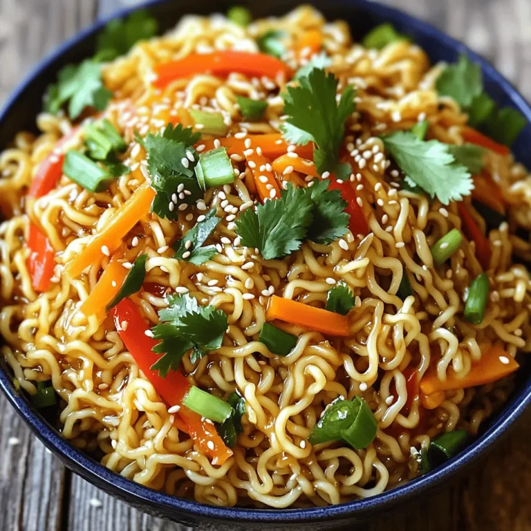 - 2 packs of ramen noodles (discard seasoning packets) - 3 tablespoons sesame oil - 4 cloves garlic, minced - 2 tablespoons soy sauce - 1 tablespoon tahini - 1 tablespoon rice vinegar - 1 teaspoon chili paste (adjust to taste) - 1 cup green onions, sliced - 1/2 cup carrots, julienned - 1/2 cup red bell pepper, sliced - 1 tablespoon sesame seeds - Fresh cilantro for garnish For these savory sesame garlic ramen noodles, I love using simple yet high-quality ingredients. The ramen noodles serve as a fantastic base, soaking up the rich flavors. Sesame oil adds a nutty taste, while garlic gives it that aromatic kick. Soy sauce and tahini blend seamlessly, creating a savory sauce that’s hard to resist. Rice vinegar adds brightness, and chili paste gives just the right amount of heat. I often toss in vibrant veggies like green onions, carrots, and red bell peppers for texture and color. They not only make the dish look great, but they also boost the nutrition. Finally, sesame seeds sprinkle on top for a delightful crunch. If you want to add a fresh touch, garnish with cilantro. It adds a pop of green and a burst of flavor. You can find the full recipe for these delicious noodles, which is quick to make and perfect for any night. First, bring a medium pot of water to a boil. Use enough water to fully cover the noodles. Once boiling, add 2 packs of ramen noodles. Cook them for about 3 to 4 minutes, following the package instructions. When done, drain the noodles and rinse them under cold water. This stops the cooking process and keeps them firm. Set the noodles aside for later. In a small bowl, combine 3 tablespoons of sesame oil with 4 minced garlic cloves. Add 2 tablespoons of soy sauce, 1 tablespoon of tahini, 1 tablespoon of rice vinegar, and 1 teaspoon of chili paste. You can adjust the chili paste to match your spice level. Whisk all the ingredients together until they blend well. In a large skillet or wok, heat 1 tablespoon of sesame oil over medium heat. Add the julienned carrots and sliced red bell pepper. Cook them for about 3 to 4 minutes. Stir them often to avoid burning. You want the vegetables to be slightly tender but still crisp. Add the cooked noodles to the skillet with the sautéed vegetables. Pour the sauce over the noodles. Toss everything together gently. Make sure the noodles are fully coated in the sauce. This will help the flavors blend well. Stir in 1 cup of sliced green onions and sprinkle 1 tablespoon of sesame seeds on top. Cook for an additional 2 minutes. This ensures everything heats through evenly. Now, your savory sesame garlic ramen noodles are ready to enjoy! When making the sauce for your Sesame Garlic Ramen Noodles, you might want to adjust the chili paste. If you like it spicy, add more. If you prefer mild, use less. Start with just one teaspoon and taste test. You can always add more later. Some brands of chili paste that I recommend are Sambal Oelek and Sriracha. They both add great flavor. For soy sauce, go for low-sodium versions to keep the salt in check. I often use Kikkoman or Tamari for gluten-free options. To avoid soft or mushy noodles, watch the cooking time closely. Ramen usually cooks in just 3 to 4 minutes. Drain the noodles and rinse them under cold water right away. This stops the cooking and keeps them from sticking together. If you have leftover noodles, store them in an airtight container in the fridge. They last about three days. When you’re ready to eat them, drizzle a bit of sesame oil to keep them from sticking. Reheat in a pan for the best texture. {{image_2}} You can make your sesame garlic ramen noodles even better with fresh veggies. Here are some great options to try: - Broccoli florets - Snap peas - Mushrooms - Spinach - Zucchini Use what’s fresh and in season. In the spring, add asparagus. In the winter, try Brussels sprouts. Changing the veggies keeps the dish exciting! Adding protein boosts the dish's flavor and makes it more filling. Here’s how to add different proteins: - Chicken: Cook diced chicken in the skillet until golden. Then add it to the noodles. - Tofu: Press and cube firm tofu. Sauté until crispy, then mix in with the noodles. - Shrimp: Sauté shrimp until pink and firm. Toss them in right before serving. Each protein brings its own taste. Make sure to cook it fully for the best results. You can easily adapt this recipe for different diets. To make it vegan, skip the tahini. Use a plant-based soy sauce, too. For gluten-free noodles, look for rice noodles or gluten-free ramen. These options keep the dish tasty while meeting your dietary needs. To keep your Sesame Garlic Ramen Noodles fresh, place them in an airtight container. This helps prevent the noodles from drying out. You can store them in the fridge for up to three days. For longer storage, consider freezing them. Just remember that freezing may change the noodle texture. When it's time to enjoy your leftovers, you can reheat them in two ways: the microwave or the stovetop. - Microwave: Place the noodles in a bowl. Add a splash of water to keep them moist. Cover with a lid or plastic wrap. Heat for about 1-2 minutes, stirring halfway through. - Stovetop: Heat a pan over medium heat. Add a little sesame oil or water, then add your noodles. Stir gently for about 3-5 minutes until heated through. No matter how you reheat, be gentle to keep the noodles from getting mushy. Enjoy your meal! To make Sesame Garlic Ramen Noodles from scratch, you will need a few simple steps. First, cook the ramen noodles in boiling water for 3-4 minutes. Drain and rinse them under cold water. Next, make the sauce by mixing sesame oil, minced garlic, soy sauce, tahini, rice vinegar, and chili paste in a bowl. Warm up a skillet and sauté carrots and bell peppers until tender. Then, add the drained noodles and sauce to the skillet, tossing them until well coated. Finally, stir in sliced green onions and sesame seeds. Enjoy your delicious meal! For the complete recipe, check out the Full Recipe section. Yes, you can use instant ramen for this recipe. Simply discard the seasoning packets that come with the noodles. Instant ramen cooks quickly, so keep an eye on the time and follow the package instructions. Once cooked, drain and rinse them to stop the cooking process. Then, proceed with the sauce and vegetables as described. Sesame Garlic Ramen Noodles pair well with various side dishes. Consider serving them with steamed broccoli or sautéed bok choy for a healthy touch. You could also add a protein like grilled chicken, tofu, or shrimp on top for a more filling meal. A simple cucumber salad drizzled with soy sauce complements the flavors nicely too. Leftover Sesame Garlic Ramen Noodles can last about 3-4 days in the fridge. Store them in an airtight container to keep them fresh. Be sure to let them cool completely before sealing them up. Yes, you can easily make this dish gluten-free! Look for gluten-free ramen noodles made from rice or buckwheat. Additionally, use a gluten-free soy sauce or tamari in the sauce. This way, you can enjoy the same great flavors while sticking to your dietary needs. Sesame garlic ramen noodles are a quick and tasty meal. You can make them in about 20 minutes. This dish is full of flavor and uses simple ingredients. Ingredients: - 2 packs of ramen noodles (discard seasoning packets) - 3 tablespoons sesame oil - 4 cloves garlic, minced - 2 tablespoons soy sauce - 1 tablespoon tahini - 1 tablespoon rice vinegar - 1 teaspoon chili paste (adjust to taste) - 1 cup green onions, sliced - 1/2 cup carrots, julienned - 1/2 cup red bell pepper, sliced - 1 tablespoon sesame seeds - Optional: fresh cilantro, for garnish To start, cook the ramen noodles. Boil water in a medium pot. Add the noodles and cook for 3-4 minutes. Drain the noodles and rinse them with cold water. This stops the cooking process. Set them aside. Next, make the sauce. In a small bowl, mix the sesame oil, minced garlic, soy sauce, tahini, rice vinegar, and chili paste. Whisk these ingredients together until they blend well. Now, let's sauté the veggies. Heat 1 tablespoon of sesame oil in a large skillet over medium heat. Add the carrots and red bell pepper. Cook them for about 3-4 minutes until they soften a little. Combine the noodles and sauce next. Add the drained noodles to the skillet with the sautéed veggies. Pour the sauce over the noodles. Toss everything gently. Make sure the noodles are well coated. For the final touch, stir in the sliced green onions and sprinkle sesame seeds on top. Cook for 2 more minutes. This ensures everything is heated through. Now, serve the noodles. Divide them among plates. If you like, add fresh cilantro for a burst of flavor. Enjoy your savory sesame garlic ramen noodles! For the complete recipe, check out the Full Recipe. In this blog post, we explored how to make Sesame Garlic Ramen Noodles. We covered key ingredients like ramen noodles, garlic, and sesame oil. I provided step-by-step instructions for cooking noodles and making the sauce. We also discussed tips for perfecting the dish, variations with proteins, and how to store leftovers. This simple recipe is great for any meal. Experiment with different veggies or proteins to make it your own. Enjoy your cooking!