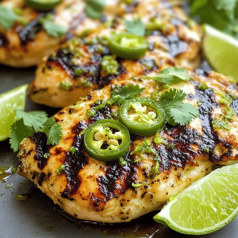 To make the perfect Jalapeño Lime Grilled Chicken, gather these main ingredients: - 4 boneless, skinless chicken breasts - 2 fresh jalapeños, finely chopped - Juice of 2 limes - Zest of 1 lime - 3 tablespoons olive oil - 2 cloves garlic, minced - 1 teaspoon ground cumin - 1 teaspoon smoked paprika - Salt and pepper to taste - Fresh cilantro for garnish These ingredients create a bright and zesty marinade. The jalapeños add heat, while the lime brings a fresh burst of flavor. You can boost the taste with these optional ingredients: - 1 teaspoon honey for sweetness - 1 tablespoon soy sauce for umami - Additional herbs like oregano or thyme These optional ingredients allow you to customize the flavor profile. Feel free to mix and match based on your taste. To prepare this dish, you will need: - A medium bowl for mixing the marinade - A large resealable plastic bag or shallow dish for marinating - A grill or grill pan for cooking - A meat thermometer to check doneness Having the right equipment makes the cooking process easier. This setup ensures you achieve juicy, flavorful chicken every time. For the full recipe, please refer to the recipe section above. To start, gather your ingredients. In a medium bowl, mix the diced jalapeños, lime juice, lime zest, and olive oil. Add minced garlic, ground cumin, smoked paprika, salt, and pepper. Stir well until you have a smooth marinade. This mix brings heat from the jalapeños and brightness from the lime. Next, take your chicken breasts. Place them in a large resealable bag or shallow dish. Pour the marinade over the chicken. Make sure the chicken is well coated. Seal the bag or cover the dish. Refrigerate for at least one hour. For the best flavor, let it marinate for up to four hours. When ready to grill, preheat your grill to medium-high heat. If using a grill pan, heat it on the stove. Remove the chicken from the marinade. Let any excess marinade drip off. Discard the leftover marinade. Place the chicken on the grill. Cook for about six to seven minutes per side. Check the internal temperature; it should reach 165°F (75°C). This ensures the chicken is safe to eat and juicy. After grilling, let the chicken rest for five minutes. Garnish with fresh cilantro before serving. Enjoy your flavorful and juicy Jalapeño Lime Grilled Chicken! For a complete guide, check the Full Recipe. To get those perfect grill marks, heat your grill well. A hot grill gives a nice sear. Place the chicken on the grill and don’t move it for a few minutes. When ready, flip it at a 45-degree angle. This adds those beautiful diamond shapes. Always check the marks before flipping. They should be dark and crisp. Juiciness comes from marinating. Use the marinade from the recipe to soak your chicken. The acid from the lime breaks down tough fibers. This makes the meat tender. Grill the chicken quickly on high heat. Cook each side for about 6-7 minutes. Use a meat thermometer to check for 165°F (75°C). Let it rest before slicing. This keeps the juices locked in. This chicken loves fresh sides. Try serving it with cilantro rice or a zesty corn salad. A cool avocado salsa goes great too. You can also pair it with black beans for added protein. Lime wedges on the side enhance the flavor. Add a sprinkle of queso fresco for a creamy touch. For drinks, a cold margarita or lime soda works well. For the full recipe, check back to make this delicious dish! {{image_2}} If you want some heat without jalapeños, consider using serrano peppers. Serranos pack a punch but have a similar flavor. Another option is to use banana peppers. They are milder but add a nice tang. You can also use crushed red pepper flakes for a quick kick. Just adjust the amount to suit your taste. Feel free to mix in fresh herbs like thyme or oregano. These add a fresh twist to the dish. You might also try smoked chipotle for a smoky flavor. Ground coriander can add a citrusy note, enhancing the lime flavor. Experiment with these options to create your own unique blend. Grilled vegetables are a perfect side for jalapeño lime grilled chicken. Try zucchini, bell peppers, and corn for a colorful plate. Toss them in olive oil and season them with salt and pepper before grilling. Grilled asparagus or eggplant can also complement the chicken well. The smoky flavor from the grill enhances their taste. For the full recipe, check out the earlier section. To keep leftover grilled chicken fresh, let it cool first. Place it in an airtight container. You can store it in the fridge for up to four days. If you want to keep it longer, consider freezing it. For freezing, wrap the chicken tightly in plastic wrap. Then, place it in a freezer bag. Make sure to remove as much air as possible. Properly stored, it can last up to three months. Label the bag with the date. This helps you track how long it has been frozen. When reheating, keep the chicken juicy. Use a microwave or oven. If using a microwave, place a damp paper towel over the chicken to keep it moist. Heat in short bursts, checking often. For the oven, preheat to 350°F (175°C). Cover the chicken with foil and heat for about 10-15 minutes. This method helps preserve the flavor and texture. Enjoy your flavorful chicken again! You should marinate the chicken for at least 1 hour. For deeper flavor, marinate for up to 4 hours. The longer it sits, the more it soaks up the spicy lime goodness. Just ensure you keep it in the fridge while it marinates to keep it safe. Yes, you can use chicken thighs! They have more fat, making them juicy and rich in flavor. Thighs can also handle longer cooking times without drying out. Just adjust the grill time accordingly, as they may take a few extra minutes. Some great sides include: - Cilantro lime rice - Grilled corn on the cob - Fresh guacamole and tortilla chips - A mixed green salad with citrus dressing These sides complement the spicy and tangy flavors of the chicken. For the full recipe, check out the details above. You’ll find all the ingredients and steps to make this tasty dish. Enjoy cooking! Jalapeño Lime Grilled Chicken is a tasty meal that many can enjoy. We covered key ingredients, from main flavors to useful tools. You learned how to make the marinade and grill the chicken just right. Tips on juicy chicken and grill marks can make your dish better. Try different flavors and pair it with grilled veggies for variety. With proper storage, your leftovers can taste great, too. Enjoy your cooking and share this dish with others!