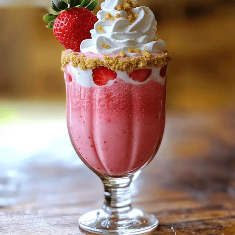 To make a tasty strawberry cheesecake milkshake, you need fresh and simple ingredients. Here’s what you will need: - 1 cup fresh strawberries, hulled and halved - 1 cup vanilla ice cream - ½ cup cream cheese, softened - ½ cup milk - 2 tablespoons powdered sugar - 1 teaspoon vanilla extract - Crushed graham crackers for garnish - Whipped cream for topping Each ingredient plays a key role in the flavor and texture of your milkshake. The strawberries give a bright, fruity taste. The vanilla ice cream adds creaminess and sweetness. Cream cheese brings a rich, cheesecake flavor. Milk helps blend everything smoothly. Powdered sugar sweetens it just right, while vanilla extract boosts flavor. The graham crackers add crunch, and whipped cream makes it look special. You can add extra ingredients for fun twists. Try adding a splash of lemon juice for a zesty kick. A pinch of salt can enhance sweetness too. If you want a chocolate twist, add chocolate syrup or cocoa powder. For a nutty taste, you can mix in crushed nuts like almonds or pecans. These choices can take your milkshake to the next level! For the full recipe, check out the details above. To make the milkshake, start by gathering your ingredients. Add 1 cup of fresh strawberries to your blender. Next, add 1 cup of vanilla ice cream, ½ cup of softened cream cheese, and ½ cup of milk. Then, sprinkle in 2 tablespoons of powdered sugar and 1 teaspoon of vanilla extract. Blend everything on high until it turns smooth and creamy. If the mixture seems too thick, you can add a splash more milk. If you want some strawberry bits, toss in a few extra strawberries and pulse a couple of times. Prepare your glasses for the milkshake. First, take a small plate and pour a little water or milk on it. Dip the rims of your glasses into this liquid. Next, roll the wet rims in crushed graham crackers. This simple step adds a nice crunch and taste. Once the glasses are ready, it's time to pour in your milkshake. To make the best milkshake, keep a few tips in mind. Always use ripe strawberries for the best flavor. If you like it sweeter, add more powdered sugar until it suits your taste. For a thicker texture, use less milk or more cream cheese. Don’t forget to top your milkshake with whipped cream and extra crushed graham crackers. This adds a fun look and extra flavor. You can also garnish with a fresh strawberry on the glass rim for an extra touch. Enjoy your delightful strawberry cheesecake milkshake! To make your milkshake super creamy, use high-quality ice cream. Vanilla ice cream works best here. You can also add cream cheese for richness. This helps blend flavors well. Blend on high until the mixture is smooth. If it seems thick, add a little more milk. This will help reach your desired consistency. You might want to stop and scrape the sides of the blender too. This step ensures all ingredients mix evenly. Taste your milkshake before serving. You may want more sweetness. If so, add a bit more powdered sugar. Start with just a teaspoon. Blend again and taste it. Adjusting sweetness is key for balance. If you use sweeter strawberries, you may need less sugar. Always remember to keep tasting as you go. Garnishing makes your milkshake look fancy! Use crushed graham crackers around the glass rim. This adds a nice crunch. Top your milkshake with whipped cream for a fluffy finish. You can sprinkle more crushed crackers on top too. Add a fresh strawberry on the rim for color. This small touch makes a big difference. For more fun, try adding a colorful straw or a cute drink umbrella. All these details make your milkshake inviting and special. {{image_2}} You can change the strawberries for other berries. Try using blueberries or raspberries. These berries add their own unique taste. A mixed berry milkshake can be fruity and fun. Blend equal parts of each berry for a new twist. You can even make a berry swirl by layering the flavors. If you want a dairy-free milkshake, swap the ice cream. Use coconut milk or almond milk. You can also use dairy-free cream cheese. This keeps the creamy texture without dairy. Look for dairy-free ice cream to mix in. It’s just as tasty and creamy! You can make your milkshake more exciting. Try adding chocolate syrup or cocoa powder. This adds a rich chocolate flavor. Nuts like crushed almonds or walnuts can add crunch. You can even sprinkle some cinnamon for a warm touch. Get creative and mix flavors that you love! For the full recipe, you can check the main section above. To keep your strawberry cheesecake milkshake fresh, store it in an airtight container. Place it in the fridge and use it within one day. The milkshake can lose its creaminess if left too long. Before you sip, give it a good stir to mix any ingredients that may have separated. You can freeze this milkshake for later enjoyment. Pour it into a freezer-safe container, leaving some space for expansion. When you want to enjoy it again, let it thaw in the fridge overnight. Blend it again for a smooth texture before serving. Fresh strawberries last about three days in the fridge. Vanilla ice cream can stay good for up to two months in the freezer. Cream cheese stays fresh for about two weeks once opened. Always check the expiration dates. Using fresh ingredients ensures the best flavor. For the full recipe, check the earlier section. I love using fresh, ripe strawberries. They should be bright red and sweet. Look for berries that are firm and have a nice smell. These qualities give your milkshake a great flavor. Yes, you can use frozen strawberries. They work well too and are convenient. Just let them thaw a bit for easier blending. This option can make your milkshake cold and thick. To lighten it up, use low-fat cream cheese and ice cream. You can also swap whole milk for almond or skim milk. This way, you still get the yummy flavor with fewer calories. If your milkshake is too runny, add more ice cream or cream cheese. You can also try blending in some crushed ice. This will help create a thicker texture. To make larger servings, just double or triple the ingredients in the Full Recipe. Adjust the blending time as needed to keep everything smooth. This way, everyone can enjoy a delicious milkshake! You learned the key ingredients and steps to make a great milkshake. Fresh fruit and perfect measurements matter for taste. I shared tips for creaminess and ways to add flavors. You can also explore variations and storage tips to keep your milkshake fresh. Remember, adjusting sweetness and adding fun garnishes make a big difference. Getting the right mix means you enjoy tasty milkshakes any time. Now, grab your blender and create something delicious!