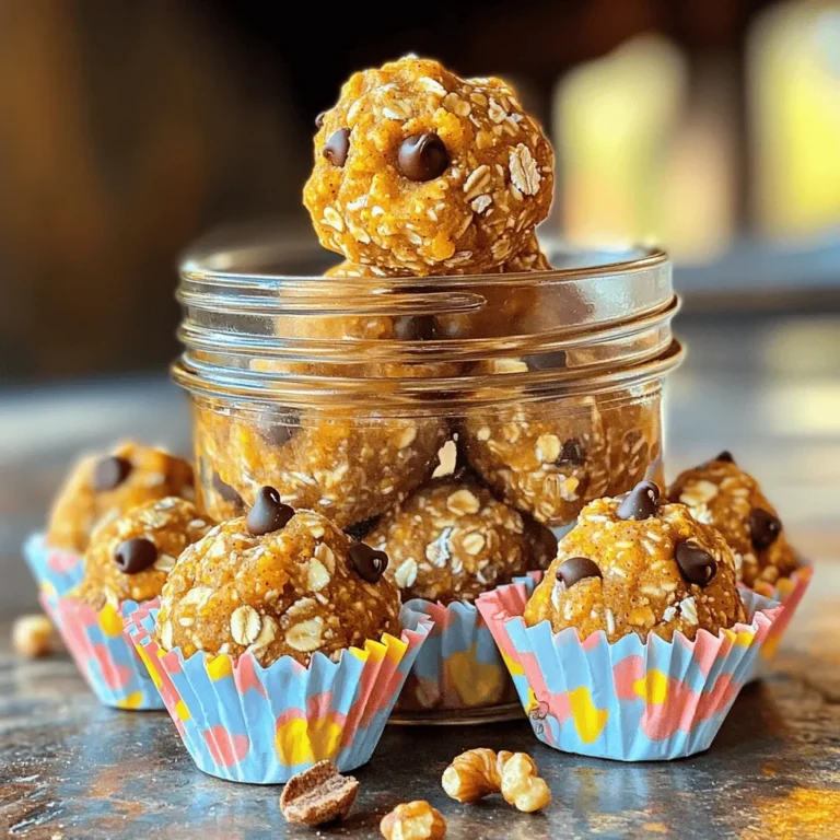 - Rolled oats - Pumpkin puree - Almond butter (or peanut butter) - Honey (or maple syrup) - Pumpkin spice blend (or mix your own) To make Pumpkin Spice Energy Bites, you'll need a few basic ingredients. Rolled oats form the base. Pumpkin puree adds flavor and moisture. Nut butter, like almond or peanut, brings creaminess. Sweeteners like honey or maple syrup give a touch of sweetness. Lastly, a pumpkin spice blend gives these bites their festive flavor. You can easily find the full recipe for detailed amounts and instructions. - Ground flaxseed - Chopped nuts (like pecans or walnuts) - Mini chocolate chips - Shredded coconut You can customize these bites with fun add-ins. Ground flaxseed boosts nutrition with omega-3s. Chopped nuts add crunch and healthy fats. Mini chocolate chips make them a sweet treat. Shredded coconut gives a tropical twist. Feel free to mix and match these options to fit your taste! 1. In a large mixing bowl, combine the following base ingredients: - 1 cup rolled oats - 1/2 cup pumpkin puree - 1/4 cup almond butter (or peanut butter) - 1/4 cup honey (or maple syrup for a vegan option) 2. Stir until the mixture is well combined. It should feel sticky and dough-like. 3. Next, add these spices and optional ingredients: - 1 teaspoon pumpkin spice blend (or 1/2 teaspoon cinnamon, 1/4 teaspoon nutmeg, 1/4 teaspoon ginger, and a pinch of clove) - 1/4 teaspoon salt - 1/4 cup ground flaxseed - 1/4 cup mini chocolate chips (optional) - 1/4 cup chopped nuts (e.g., pecans or walnuts, optional) 4. Mix thoroughly until you see all ingredients evenly blended. 1. Refrigerate the mixture for about 30 minutes. This makes the next steps easier. 2. Once the mixture is chilled, use a tablespoon or a cookie scoop. Portion out the mixture and roll each portion into a ball. Aim for about 1 inch in diameter. 1. Place the energy bites on a lined baking sheet or a plate. 2. If you want, roll some of the energy bites in shredded coconut or extra pumpkin spice for extra flair. 3. After rolling, refrigerate again for another 30 minutes. This final chill helps firm them up. For the full recipe, check out the entire list and steps to make these delightful bites! To achieve the ideal consistency for your pumpkin spice energy bites, focus on the balance. You want a sticky, yet firm mixture. If it feels too dry, add a bit more pumpkin puree or nut butter. If it's too wet, add a touch more oats or ground flaxseed. For a vegan option, simply swap honey for maple syrup. This change keeps the flavor rich while making it plant-based. It’s an easy fix that doesn’t compromise taste or texture. When it comes to presentation, creativity shines. Serve your energy bites in a cute mason jar or use small cupcake liners. This adds a fun twist to your snack display. A sprinkle of cinnamon on top makes them look inviting. Pair these bites with a piece of fruit or a handful of nuts for a balanced snack. This combination boosts energy and keeps hunger at bay. You can also enjoy them with a warm cup of tea or coffee for a cozy treat. Check out the Full Recipe for more detailed steps to create these tasty bites! {{image_2}} You can change the flavor of your pumpkin spice energy bites easily. Try adding different spices like cinnamon or nutmeg to give them a new twist. These spices can enhance the warm flavors and make the bites even more enjoyable. You can also switch up nut butters. If you prefer peanut butter over almond butter, go for it! Each nut butter brings its own taste and creaminess, making your bites unique. For a healthier option, reduce the sugar in your recipe. You can use sugar-free alternatives. This keeps the energy bites sweet without all the sugar. It’s a smart choice for those watching their sugar intake. Another great idea is to boost the protein content. Adding protein powder is an easy way to make these bites even better for you. This tweak helps you feel full longer and adds a nice nutritional punch. For the complete recipe, check out the Full Recipe above! To keep your pumpkin spice energy bites fresh in the fridge, store them in an airtight container. This helps to keep moisture out and preserves their flavor. Place parchment paper between layers if stacking them. This prevents them from sticking together. For long-term storage, freezing is a great option. Place the energy bites in a single layer on a baking sheet. Once frozen solid, transfer them to a freezer-safe bag. This method keeps them fresh for up to three months. Remember to label the bag with the date. In the refrigerator, these energy bites will last about one week. After that, they may lose flavor and texture. To know if they have gone bad, look for signs like a change in smell or an off taste. If they feel sticky or slimy, it's best to toss them. Always trust your senses when it comes to food safety. For the full recipe, check the earlier section. Enjoy your tasty and healthy snack! Can I make these energy bites without oats? Yes, you can! If you want to skip oats, try using ground almonds or sunflower seeds. These options provide a similar texture and keep the bites healthy. Are pumpkin spice energy bites gluten-free? Absolutely! As long as you use gluten-free oats, these energy bites are safe for a gluten-free diet. Always check labels for any hidden gluten. What are the health benefits of pumpkin in these bites? Pumpkin is rich in vitamins A and C. It also has fiber, which aids digestion. The antioxidants in pumpkin may help boost your immune system and promote healthy skin. How many calories are in each energy bite? Each energy bite has around 90 calories. This makes them a great option for a quick snack that still gives you energy without too many calories. Can I make these nut-free? Yes, you can! Just replace the nut butter with sunflower seed butter or soy nut butter. This option keeps the bites creamy and tasty without nuts. How can I make these bites less sweet? To cut down on sweetness, use less honey or maple syrup. You can also add more spices like cinnamon or nutmeg for flavor without added sugar. For the complete recipe, check out the [Full Recipe]. In this blog post, we explored how to make delicious pumpkin spice energy bites. We covered the essential ingredients, optional add-ins, and step-by-step instructions to create these snacks. I also shared tips to perfect your bites and variations to suit your taste. Lastly, we discussed storing your energy bites to keep them fresh. Enjoy crafting these easy snacks that are fun to make and even more fun to eat! They’re perfect for any time you need a healthy energy boost.
