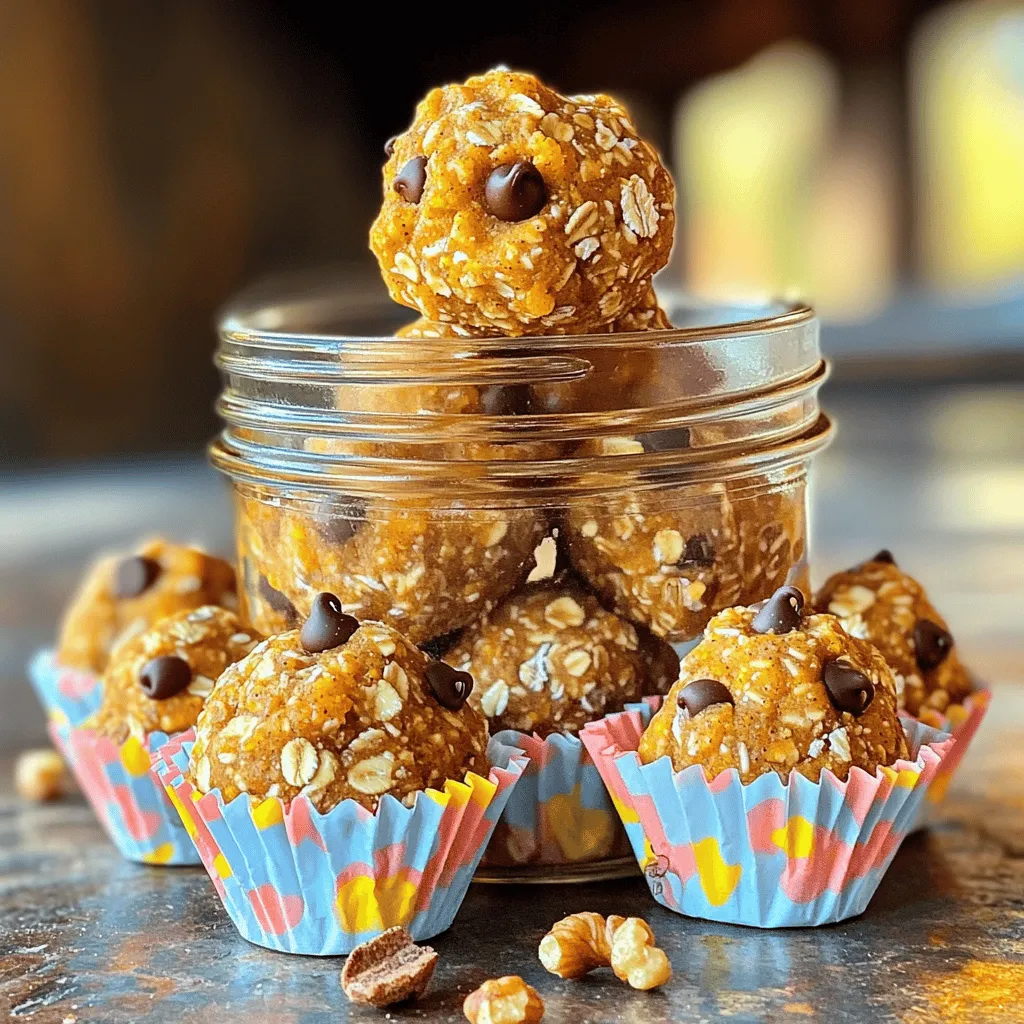 - Rolled oats - Pumpkin puree - Almond butter (or peanut butter) - Honey (or maple syrup) - Pumpkin spice blend (or mix your own) To make Pumpkin Spice Energy Bites, you'll need a few basic ingredients. Rolled oats form the base. Pumpkin puree adds flavor and moisture. Nut butter, like almond or peanut, brings creaminess. Sweeteners like honey or maple syrup give a touch of sweetness. Lastly, a pumpkin spice blend gives these bites their festive flavor. You can easily find the full recipe for detailed amounts and instructions. - Ground flaxseed - Chopped nuts (like pecans or walnuts) - Mini chocolate chips - Shredded coconut You can customize these bites with fun add-ins. Ground flaxseed boosts nutrition with omega-3s. Chopped nuts add crunch and healthy fats. Mini chocolate chips make them a sweet treat. Shredded coconut gives a tropical twist. Feel free to mix and match these options to fit your taste! 1. In a large mixing bowl, combine the following base ingredients: - 1 cup rolled oats - 1/2 cup pumpkin puree - 1/4 cup almond butter (or peanut butter) - 1/4 cup honey (or maple syrup for a vegan option) 2. Stir until the mixture is well combined. It should feel sticky and dough-like. 3. Next, add these spices and optional ingredients: - 1 teaspoon pumpkin spice blend (or 1/2 teaspoon cinnamon, 1/4 teaspoon nutmeg, 1/4 teaspoon ginger, and a pinch of clove) - 1/4 teaspoon salt - 1/4 cup ground flaxseed - 1/4 cup mini chocolate chips (optional) - 1/4 cup chopped nuts (e.g., pecans or walnuts, optional) 4. Mix thoroughly until you see all ingredients evenly blended. 1. Refrigerate the mixture for about 30 minutes. This makes the next steps easier. 2. Once the mixture is chilled, use a tablespoon or a cookie scoop. Portion out the mixture and roll each portion into a ball. Aim for about 1 inch in diameter. 1. Place the energy bites on a lined baking sheet or a plate. 2. If you want, roll some of the energy bites in shredded coconut or extra pumpkin spice for extra flair. 3. After rolling, refrigerate again for another 30 minutes. This final chill helps firm them up. For the full recipe, check out the entire list and steps to make these delightful bites! To achieve the ideal consistency for your pumpkin spice energy bites, focus on the balance. You want a sticky, yet firm mixture. If it feels too dry, add a bit more pumpkin puree or nut butter. If it's too wet, add a touch more oats or ground flaxseed. For a vegan option, simply swap honey for maple syrup. This change keeps the flavor rich while making it plant-based. It’s an easy fix that doesn’t compromise taste or texture. When it comes to presentation, creativity shines. Serve your energy bites in a cute mason jar or use small cupcake liners. This adds a fun twist to your snack display. A sprinkle of cinnamon on top makes them look inviting. Pair these bites with a piece of fruit or a handful of nuts for a balanced snack. This combination boosts energy and keeps hunger at bay. You can also enjoy them with a warm cup of tea or coffee for a cozy treat. Check out the Full Recipe for more detailed steps to create these tasty bites! {{image_2}} You can change the flavor of your pumpkin spice energy bites easily. Try adding different spices like cinnamon or nutmeg to give them a new twist. These spices can enhance the warm flavors and make the bites even more enjoyable. You can also switch up nut butters. If you prefer peanut butter over almond butter, go for it! Each nut butter brings its own taste and creaminess, making your bites unique. For a healthier option, reduce the sugar in your recipe. You can use sugar-free alternatives. This keeps the energy bites sweet without all the sugar. It’s a smart choice for those watching their sugar intake. Another great idea is to boost the protein content. Adding protein powder is an easy way to make these bites even better for you. This tweak helps you feel full longer and adds a nice nutritional punch. For the complete recipe, check out the Full Recipe above! To keep your pumpkin spice energy bites fresh in the fridge, store them in an airtight container. This helps to keep moisture out and preserves their flavor. Place parchment paper between layers if stacking them. This prevents them from sticking together. For long-term storage, freezing is a great option. Place the energy bites in a single layer on a baking sheet. Once frozen solid, transfer them to a freezer-safe bag. This method keeps them fresh for up to three months. Remember to label the bag with the date. In the refrigerator, these energy bites will last about one week. After that, they may lose flavor and texture. To know if they have gone bad, look for signs like a change in smell or an off taste. If they feel sticky or slimy, it's best to toss them. Always trust your senses when it comes to food safety. For the full recipe, check the earlier section. Enjoy your tasty and healthy snack! Can I make these energy bites without oats? Yes, you can! If you want to skip oats, try using ground almonds or sunflower seeds. These options provide a similar texture and keep the bites healthy. Are pumpkin spice energy bites gluten-free? Absolutely! As long as you use gluten-free oats, these energy bites are safe for a gluten-free diet. Always check labels for any hidden gluten. What are the health benefits of pumpkin in these bites? Pumpkin is rich in vitamins A and C. It also has fiber, which aids digestion. The antioxidants in pumpkin may help boost your immune system and promote healthy skin. How many calories are in each energy bite? Each energy bite has around 90 calories. This makes them a great option for a quick snack that still gives you energy without too many calories. Can I make these nut-free? Yes, you can! Just replace the nut butter with sunflower seed butter or soy nut butter. This option keeps the bites creamy and tasty without nuts. How can I make these bites less sweet? To cut down on sweetness, use less honey or maple syrup. You can also add more spices like cinnamon or nutmeg for flavor without added sugar. For the complete recipe, check out the [Full Recipe]. In this blog post, we explored how to make delicious pumpkin spice energy bites. We covered the essential ingredients, optional add-ins, and step-by-step instructions to create these snacks. I also shared tips to perfect your bites and variations to suit your taste. Lastly, we discussed storing your energy bites to keep them fresh. Enjoy crafting these easy snacks that are fun to make and even more fun to eat! They’re perfect for any time you need a healthy energy boost.