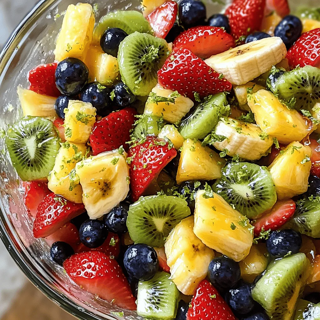 - 2 cups strawberries, hulled and halved - 1 cup blueberries - 1 ripe kiwi, peeled and diced - 1 cup pineapple chunks - 1 banana, sliced - 2 tablespoons honey - 2 tablespoons fresh lime juice - Zest of 1 lime - 1 tablespoon fresh mint leaves, chopped - Additional lime wedges for serving When preparing your Honey Lime Fruit Salad, gather all your ingredients first. The main fruits create a colorful mix that brings joy. Strawberries add sweetness, while blueberries offer a nice pop. Kiwi brings a unique flavor, and pineapple adds tropical vibes. Bananas make it creamy and soft. For the dressing, honey balances sweetness with acidity from lime juice. Lime zest adds a fresh aroma that brightens the dish. You can also sprinkle mint leaves for a cool touch. Serve with lime wedges for extra zing. This combination not only looks great but tastes amazing too! Use fresh fruits for the best flavor and texture. If you want to learn how to make it step by step, check the Full Recipe. Start by washing all the fruits. Rinse strawberries under cool water. Remove the green tops and cut them in half. For blueberries, just rinse them well. Peel the kiwi and cut it into small cubes. Chop the pineapple into bite-size chunks and slice the banana. When choosing ripe fruits, look for bright colors. Strawberries should be red and firm. Blueberries need to be plump and dark. For bananas, choose ones that are slightly yellow with some spots. A ripe kiwi feels slightly soft but not mushy. In a small bowl, combine honey, lime juice, and lime zest. Use a whisk to mix them well. The honey should dissolve into the lime juice easily. This dressing balances sweet and tart flavors. Adjust the honey or lime juice to your taste. In a large mixing bowl, add all your prepared fruits. Pour the honey-lime dressing over the fruits. Next, gently toss the fruits with a spatula. Be careful not to mash the fruits. You want them to stay whole for a beautiful look. After tossing, sprinkle the chopped mint on top. Give it one last gentle toss for good measure. Cover the bowl and let it chill for 30 minutes. This waiting time allows the flavors to meld. For the full recipe, check the earlier section. To boost the taste of your Honey Lime Fruit Salad, consider adding spices like cinnamon or ginger. A pinch can add warmth and depth. You can also try using maple syrup or agave nectar as sweeteners. These options can bring new flavors and health benefits. Serving matters! Use a clear glass bowl for a bright display. You can layer the fruits for a colorful effect. Garnish with extra mint leaves and lime wedges. This adds a fresh touch and makes it look fancy. Traditional serving dishes are fine but lack the visual pop of glass. Chill the salad for at least 30 minutes. This step is key for melding flavors. The cool temperature makes the fruit refreshing. If you can, let it sit longer, up to an hour, for even better taste. Store it covered in the fridge to keep it fresh. {{image_2}} You can change the fruits in your Honey Lime Fruit Salad for fun. Try seasonal fruits like ripe peaches or juicy mangoes. These fruits add a nice twist to the salad and make it extra tasty. You can also make a tropical fruit salad. Use fruits like papaya, coconut, or passion fruit. These will give your salad a sunny vibe. Want to make your salad vegan? Just skip any animal products. The honey can be replaced with agave syrup or maple syrup. Both options work well and taste great. If you are gluten-free, you are already safe with this salad. It has no gluten ingredients. For a low-sugar option, use fresh fruit without added sweeteners. The natural sugars in ripe fruits keep it sweet. Adding protein boosts the nutrition of your fruit salad. You can mix in nuts or seeds for a crunchy texture. Almonds, walnuts, or sunflower seeds work well. If you prefer a creamier option, add yogurt. A dollop of Greek yogurt on top adds protein and makes it rich. You will love the mix of flavors and textures. Feel free to check the Full Recipe for more ideas and details! To store your Honey Lime Fruit Salad, first place it in an airtight container. This keeps the salad fresh and prevents it from absorbing any strong smells. Always refrigerate the salad right after serving. If you have a lot of salad left, divide it into smaller portions. This way, you can enjoy it later without exposing the whole batch to air. Glass containers work well for this. They are safe and help you see the colorful fruit inside. The Honey Lime Fruit Salad stays fresh for about three days in the fridge. After this time, the fruit may start to get mushy. If you notice any brown spots or a slimy texture, it’s best to throw it away. Freshness is key to enjoying this salad. Always check for signs before serving leftovers. You can freeze this salad, but I don't recommend it. Freezing changes the texture of the fruits, making them watery when thawed. The vibrant taste can also fade. If you must freeze it, try only freezing the dressing. Keep the fruit separate. This method helps maintain the flavor and texture better. Yes, you can make Honey Lime Fruit Salad ahead of time. Just prepare the fruit and dressing separately. Mix them together right before serving. This keeps the fruit fresh and crunchy. If you let it sit too long, the fruit may get soggy. Aim for a prep time of about 15 minutes. Chill it in the fridge for about 30 minutes before serving. This will help the flavors blend nicely. Raw honey is best for the dressing. It has a richer flavor and more nutrients. Processed honey is often lighter in taste and may have added sugars. Raw honey adds depth to your fruit salad. It enhances the natural sweetness of the fruits. Look for local honey for the best flavor. You can substitute lime with lemon, but the taste will change. Lemon adds a different type of tartness. Lime has a more vibrant flavor that pairs well with fruit. If using lemon, use a bit less juice. You want to keep the right balance of acidity. Adjust to your taste to ensure a delicious salad. This blog post guides you to make a delicious honey lime fruit salad. You learned the right fruits to use and how to prepare them. I shared easy steps for making the dressing and combining everything. You found tips for better flavors and ways to present your salad nicely. Remember, you can change the fruits and add protein or other options. Store leftovers properly to keep them fresh. Now, you have everything you need to make a tasty fruit salad. Enjoy your creation!