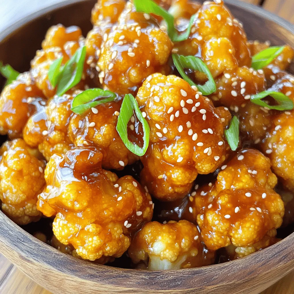 - 1 large head of cauliflower, cut into florets - 1/2 cup all-purpose flour (or gluten-free flour) - 1 teaspoon garlic powder - 1/2 teaspoon salt - 1/4 teaspoon black pepper - 3/4 cup water (adjust for batter consistency) - 1 tablespoon sesame oil - 1/4 cup honey - 2 tablespoons soy sauce (or tamari for gluten-free) - 3 cloves garlic, minced - 1 teaspoon grated fresh ginger - 1 tablespoon rice vinegar - 1 tablespoon cornstarch mixed with 2 tablespoons water (for thickening) The main ingredients create a rich base for the dish. Cauliflower florets form the heart of the recipe. They provide a hearty texture and absorb flavors well. The batter consists of flour, garlic powder, salt, pepper, and water. This mix gives the cauliflower a crispy coating. The sticky sauce combines sesame oil, honey, soy sauce, garlic, ginger, and rice vinegar. These ingredients enhance the dish’s sweet and savory notes. The cornstarch thickens the sauce, creating a glossy finish. - Sesame seeds - Chopped green onions Garnishes add a final touch to your dish. Sesame seeds give a nutty crunch. They enhance the visual appeal. Chopped green onions add freshness and color. These garnishes make your Sticky Honey Garlic Cauliflower even more inviting. You can adjust the amounts based on your taste. 1. Preheat the oven and prepare the baking sheet: Set your oven to 425°F (220°C). Line a baking sheet with parchment paper. This helps the cauliflower bake evenly and prevents sticking. 2. Prepare the batter and coat cauliflower: In a large bowl, mix 1/2 cup of flour, 1 teaspoon of garlic powder, 1/2 teaspoon of salt, and 1/4 teaspoon of black pepper. Gradually whisk in 3/4 cup of water until you get a smooth batter. Dip each cauliflower floret into the batter. Let the excess batter drip off before placing them on the baking sheet. 3. Bake cauliflower until crispy: Place the coated cauliflower in the oven. Bake for 25-30 minutes. Flip the florets halfway through. This ensures they cook evenly and become golden brown. 4. Prepare the sticky sauce while baking: While the cauliflower bakes, start the sauce. Heat 1 tablespoon of sesame oil in a small saucepan over medium heat. Add 3 cloves of minced garlic and 1 teaspoon of grated fresh ginger. Sauté them until they smell great, about 1 minute. Then, stir in 1/4 cup of honey, 2 tablespoons of soy sauce, and 1 tablespoon of rice vinegar. Bring this mixture to a gentle simmer. Add 1 tablespoon of cornstarch mixed with 2 tablespoons of water. Stir until the sauce thickens, which should take about 2-3 minutes. Remove it from heat. 5. Combine baked cauliflower with sauce: Once the cauliflower is crispy, transfer it to a large bowl. Pour the sticky sauce over the cauliflower. Gently toss everything to coat the florets evenly. 6. Bake again to caramelize: Return the glazed cauliflower to the baking sheet. Bake for another 5-10 minutes. This step helps the sauce caramelize and stick to the cauliflower. After this, your sticky honey garlic cauliflower will be ready to enjoy! - Adjusting batter consistency: The right batter makes all the difference. Start with half a cup of flour. Add water slowly until you get a smooth mix. It should coat the cauliflower but not be too runny. If it’s too thick, add a touch more water. - Flip cauliflower for even baking: To get that golden crisp, flip the cauliflower halfway through baking. This ensures both sides cook evenly. Use tongs or a spatula to turn them gently. You want them golden, not burnt. - Adding spices to the batter: Want more flavor? Mix in spices like smoked paprika or cayenne pepper. These add a nice kick. You can also try adding a pinch of cumin for warmth. - Alternative sauces and seasonings: While honey garlic is tasty, you can switch it up! Try a spicy sriracha sauce for heat. Or use a sweet chili sauce for a twist. Each option brings a new taste to the table. {{image_2}} To make this dish gluten-free, swap the all-purpose flour for gluten-free flour. This keeps the recipe tasty without gluten. You also need to change the soy sauce. Use tamari instead of regular soy sauce. Tamari is a gluten-free option. It adds the same umami flavor to the dish. You can boost the flavor of your sticky honey garlic cauliflower in fun ways. Add chili flakes if you like heat. This gives your dish a nice kick. You can also mix in other veggies, like bell peppers or broccoli. Adding proteins, such as tofu or chickpeas, makes the dish hearty. These options turn a simple side into a main course. Feel free to experiment with your favorite flavors! After enjoying your sticky honey garlic cauliflower, you might have some left. You can store leftovers in the refrigerator. Place them in an airtight container. They will stay fresh for up to three days. When you want to reheat, use an oven for the best results. Preheat your oven to 350°F (175°C). Heat for about 10 to 15 minutes, or until warm. This keeps the cauliflower crispy. You can also use a microwave, but the texture may change. If you want to keep the cauliflower longer, freezing is a good option. First, let the cauliflower cool completely. Place it in a freezer-safe container. You can also use a freezer bag. Squeeze out the air before sealing. It will last for about one month in the freezer. To keep the sauce fresh, store it separately. Pour the sauce into a small container. Make sure it’s sealed well. You can freeze it too, and it will keep for about one month. When you are ready to eat, thaw it in the fridge overnight. Reheat the sauce on the stove before serving it again. This helps to bring back its sticky goodness. To make the batter stick, you want a thick consistency. Add a bit more flour if needed. You can also use less water. This makes a denser batter that clings well to the florets. Make sure to dip each cauliflower piece fully so it gets a nice coat. If the batter drips off too much, it won’t stick during baking. Yes, you can prepare this recipe in advance. You can make the batter and coat the cauliflower a few hours ahead. Just store them in the fridge. This helps save time when you are ready to cook. You can also make the sticky sauce early, but add it just before serving. This keeps the cauliflower crispy and fresh. You can use many vegetables in this recipe. Broccoli works great for a similar taste. Brussels sprouts add a nice crunch. Zucchini and bell peppers also soak up the sauce well. Just cut them into small pieces to match the cauliflower size. Get creative and mix your favorites for a colorful dish! Yes, sticky honey garlic cauliflower is perfect for meal prep. You can portion it into containers for easy meals. Store the cooked cauliflower in the fridge for up to four days. Just heat it in the microwave or oven before serving. This makes it a tasty and quick option for lunch or dinner! In this blog post, I covered how to make sticky honey garlic cauliflower. I discussed the key ingredients, including cauliflower, and the special sticky sauce. You learned how to prepare, bake, and combine the flavors for a delicious dish. Remember to play with spices and textures to make it your own. This recipe is easy to adapt, so have fun! Enjoy your cooking and savor every bite.
