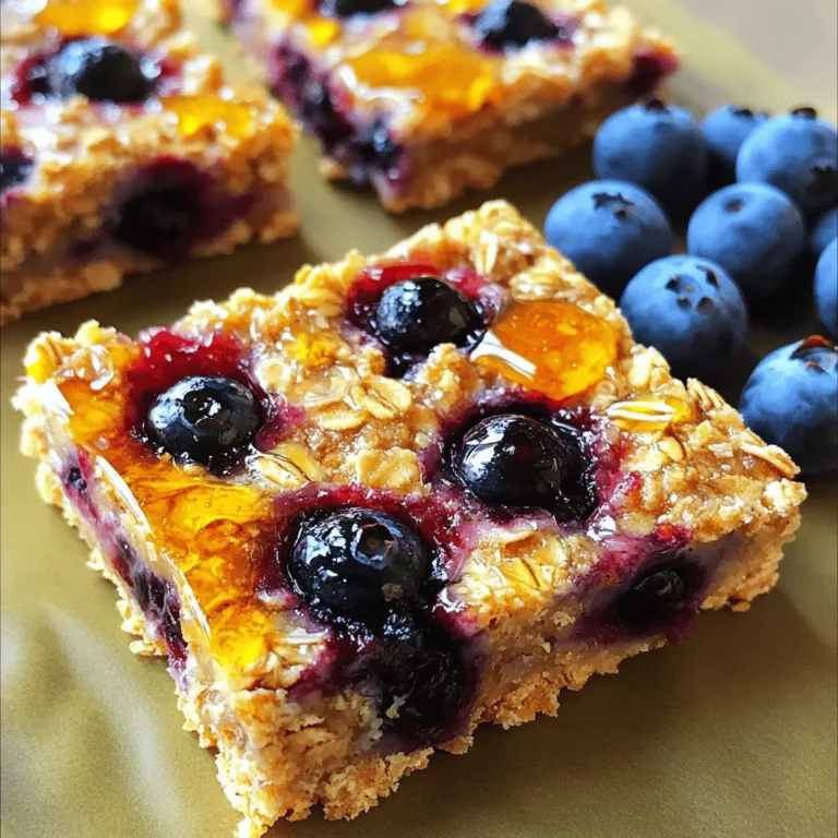 - 2 cups rolled oats - 1 cup fresh or frozen blueberries - 1/2 cup almond butter (or any nut butter) - 1/4 cup honey or maple syrup - 1/2 teaspoon cinnamon - 1/4 teaspoon salt - 1/2 cup almond flour (or whole wheat flour) - 1/4 cup chopped nuts (walnuts or pecans) - 1/4 cup chia seeds (optional, for added nutrition) Each bar contains about: - Calories: 150 - Protein: 4g - Carbohydrates: 20g - Fat: 7g - Fiber: 3g - Sugar: 5g Rolled oats are great for your heart. They help lower cholesterol. Blueberries are packed with antioxidants. They support brain health and boost your mood. Almond butter adds protein and healthy fats. It keeps you full longer. Honey or maple syrup gives natural sweetness. They provide quick energy without a sugar crash. Cinnamon adds flavor and may lower blood sugar. Salt enhances taste and balances flavors. Almond flour is gluten-free and rich in vitamin E. Chopped nuts add crunch and healthy omega-3s. Chia seeds are full of fiber and protein. They help digestion and improve heart health. First, gather all your ingredients. You will need: - 2 cups rolled oats - 1 cup fresh or frozen blueberries - 1/2 cup almond butter - 1/4 cup honey or maple syrup - 1/2 teaspoon cinnamon - 1/4 teaspoon salt - 1/2 cup almond flour - 1/4 cup chopped nuts - 1/4 cup chia seeds (optional) Next, preheat your oven to 350°F (175°C). Line an 8x8 inch baking dish with parchment paper. Leave some overhang. This helps with easy removal later. In a large bowl, mix the rolled oats, almond flour, cinnamon, and salt. Make sure they blend well. Meanwhile, warm the almond butter and honey in a microwave-safe bowl. Heat it for 20-30 seconds. Stir until smooth and well combined. Now, pour this warm mixture into the dry ingredients. Mix until everything is combined. Gently fold in the blueberries, chopped nuts, and chia seeds. Be careful not to break the blueberries. Transfer the mixture into your lined baking dish. Press it down firmly. This makes an even layer. Use a spatula or your hands to flatten the top. Bake in your preheated oven for 25-30 minutes. Look for golden brown edges. This shows they are done. Once baked, let the bars cool in the pan for at least 15 minutes. Use the parchment overhang to lift them out. Place them on a wire rack to cool completely. After they cool, cut the bars into squares or rectangles. Store them in an airtight container. They last up to a week or you can freeze them for longer storage. To get the best texture in your blueberry oat breakfast bars, use rolled oats. They give a chewy feel that blends well with the soft blueberries. Mix the dry ingredients well before adding the wet ones. This step helps everything combine evenly. When you press the mixture into the baking dish, pack it tightly. A firm pack keeps the bars from crumbling. Keep an eye on the oven. Baking until golden brown on the edges adds a nice crunch. One common mistake is overmixing the blueberry mixture. Be gentle when folding in the blueberries. If you break them, the bars will turn purple and mushy. Another mistake is not lining the baking dish with parchment paper. This can make it hard to remove the bars later. Also, don’t skip cooling the bars in the pan. If you cut them too soon, they may fall apart. For a fun twist, try adding seasonal fruits. In summer, mix in diced peaches or strawberries. In fall, sliced apples or pumpkin can add a lovely taste. You can also switch the nuts based on the season. Use pecans in the fall or walnuts in spring. Chia seeds are a great option for added nutrients, but you can skip them if you prefer. Always use fresh ingredients when possible to enhance the flavor of your bars. {{image_2}} If you have nut allergies, you can easily make swaps. Use sunflower seed butter instead of almond butter. This option keeps the bars creamy and tasty. You can also skip the chopped nuts entirely. The bars will still be delicious and safe. You can make these bars your own by adding flavors. Try mixing in vanilla extract for a warm, sweet taste. Adding spices like nutmeg or ginger can give a nice kick. You can also throw in different fruits. Dried cranberries, apples, or peaches work well with blueberries. To make these bars vegan, replace honey with maple syrup. This swap keeps the sweetness without using animal products. For a gluten-free option, make sure to use certified gluten-free oats and almond flour. These changes let everyone enjoy these tasty bars! To keep your blueberry oat breakfast bars fresh, store them in an airtight container. This helps maintain their moisture and flavor. Keep the container at room temperature if you plan to eat them within a week. For longer storage, refrigeration is a good option. Just make sure the bars are completely cool before sealing them up. You can freeze these bars for later enjoyment. Cut the bars into pieces before freezing. Wrap each piece tightly in plastic wrap, then place them in a freezer-safe bag. This way, you can grab a bar anytime. To thaw, simply take a bar out and let it sit at room temperature for about 30 minutes. You can also warm it in the microwave for a few seconds. These bars last up to a week when stored properly at room temperature. If refrigerated, they can last up to two weeks. For frozen bars, they stay good for about three months. Always check for any signs of spoilage before eating. To enjoy them at their best, consume within these time frames. Yes, you can use frozen blueberries. They work great in these bars. Just add them straight from the freezer. This keeps them from breaking apart too much. Frozen berries can add a nice burst of juice. To make these bars vegan, use maple syrup instead of honey. You can also swap almond butter for any nut or seed butter. This way, you keep the same great taste while making it plant-based. Absolutely! You can add protein powder to boost nutrition. Just replace a bit of the almond flour. This helps keep the texture right while adding extra protein. Start with 1/4 cup and see how it mixes in. To reheat the bars, place them in the microwave for about 15-20 seconds. This warms them up without making them too soft. If you prefer, you can use an oven at 350°F for about 5 minutes. Enjoy them warm with a drizzle of honey! In this post, we covered key ingredients and their health benefits. We shared simple steps for preparation, baking, cooling, and cutting. I included useful tips to avoid mistakes and achieve the best texture. You can try variations for allergies or dietary needs. Lastly, I provided storage tips to keep your breakfast bars fresh. I hope this guide helps you create tasty and healthy blueberry oat bars with ease. Enjoy your baking!