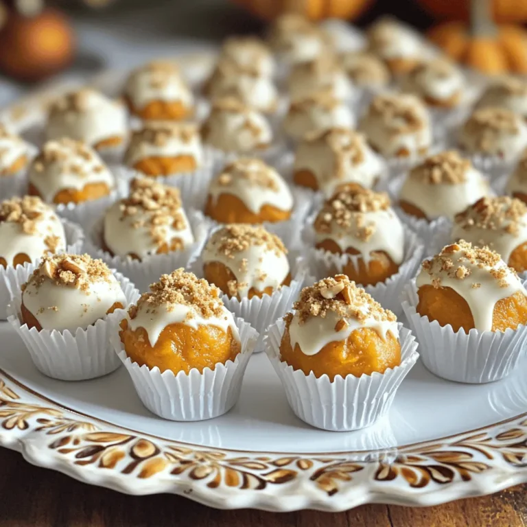 To make these tasty treats, you need a few key items: - 1 cup pumpkin puree - 1 cup graham cracker crumbs - 1/2 cup cream cheese, softened - 1/2 cup powdered sugar - 1 teaspoon pumpkin pie spice - 1/4 teaspoon vanilla extract - 1 cup white chocolate chips - Crushed nuts or extra graham cracker crumbs for coating These ingredients give the truffles a rich and creamy flavor. Pumpkin puree brings that classic autumn taste. The cream cheese adds smoothness, while the graham cracker crumbs give a nice crunch. You can add some fun twists to your truffles. Here are a few ideas: - A pinch of sea salt for a salty-sweet kick - A splash of maple syrup for extra sweetness - Chopped pecans or walnuts for added texture These extras let you make the truffles your own. Feel free to try different spices too, like cinnamon or nutmeg. You will need some simple tools to make these truffles: - Large mixing bowl - Spoon or spatula for mixing - Baking sheet lined with parchment paper - Microwave-safe bowl for melting chocolate - Small cookie scoop or your hands for shaping Having these tools ready will make the process smooth and easy. Enjoy making your truffles! To start, gather all your ingredients. In a large bowl, mix 1 cup of pumpkin puree and 1/2 cup of softened cream cheese. Add in 1/2 cup of powdered sugar, 1 teaspoon of pumpkin pie spice, and 1/4 teaspoon of vanilla extract. Stir until the mix is smooth and creamy. Next, fold in 1 cup of graham cracker crumbs. Keep mixing until the mixture is thick and easy to mold. This step is key to getting the right texture for your truffles. With your mixture ready, it’s time to shape the truffles. Use your hands to scoop out about a tablespoon of the mixture. Roll it gently between your palms to form a ball. Place each truffle on a parchment-lined baking sheet. Repeat this step until you shape all the mixture into truffles. This should yield about 12 tasty treats. Once done, pop them in the freezer for 30 minutes. This helps them firm up and makes them easier to coat. While the truffles chill, melt 1 cup of white chocolate chips. Use a microwave-safe bowl and heat the chips in 20-second bursts. Stir after each interval until the chocolate is smooth. After the truffles have chilled, take them out of the freezer. Dip each truffle into the melted chocolate, letting any extra drip off. For a fun twist, roll the coated truffles in crushed nuts or more graham cracker crumbs. Finally, return the truffles to the baking sheet. Chill them again for another 30 minutes to let the chocolate set. Enjoy these delightful bites chilled or at room temperature! To get the best texture and flavor, mix the right amounts of pumpkin puree and cream cheese. This gives a smooth and creamy base. Use fresh pumpkin puree for a rich taste. If you use canned, choose one with no added sugar. The graham cracker crumbs add a nice crunch. They should blend well without being too dry. Adding a pinch of salt can enhance the flavors too. A common mistake is overmixing the truffle mixture. You want it smooth but not too runny. If it feels too wet, add more graham cracker crumbs. Make sure to chill the truffles long enough before dipping. If they are too soft, they will fall apart in the chocolate. Also, don't rush the melting of white chocolate. Heat it in small bursts to prevent burning. Serve these truffles in mini cupcake liners. This keeps them neat and adds a fun touch. You can sprinkle some nutmeg or cinnamon on top for extra flair. For a more festive look, use crushed nuts or colored sprinkles. These truffles taste great chilled but can also be served at room temperature. Enjoy them as a sweet treat at parties or as a cozy snack at home. {{image_2}} You can change up how your truffles look and taste by using different coatings. Here are some fun ideas: - Crushed nuts: Almonds, pecans, or walnuts add a nice crunch. - Coconut flakes: Toasted coconut gives a tropical feel to your truffles. - Dark chocolate: For a richer taste, dip your truffles in dark chocolate instead of white. - Sprinkles: Colorful sprinkles can make them fun for kids or parties. You can also play with the flavors in your truffles. Here are a few options: - Maple syrup: Swap out some powdered sugar for maple syrup for a sweet twist. - Nutmeg: Add a pinch of nutmeg for an extra spice kick. - Peanut butter: Mix in a little peanut butter for a creamier texture and unique flavor. - Vanilla bean: Use fresh vanilla bean instead of extract for a gourmet touch. Make your truffles special for each season. Here are some ideas to try: - Chocolate drizzle: In winter, drizzle melted dark chocolate on top for a cozy look. - Cinnamon: In the fall, sprinkle cinnamon on top for added warmth. - Orange zest: In summer, add orange zest for a refreshing flavor. - Holiday spices: During the holidays, mix in spices like cardamom or ginger for a festive flair. These variations make your no-bake pumpkin pie truffles even more fun to enjoy! To keep your no-bake pumpkin pie truffles fresh, store them in an airtight container. Place parchment paper between layers to stop sticking. Make sure your container is in the fridge. This keeps the truffles cool and firm, which helps maintain their shape and flavor. These truffles last about one week in the fridge. If you store them right, they taste great for days. Just remember to check for any changes in smell or texture before eating. If they look or smell off, it’s best to toss them. You can freeze these truffles for up to three months. To freeze, first place them on a baking sheet in a single layer. Once frozen, transfer them to a freezer-safe bag. This method helps avoid freezer burn. When you're ready to enjoy them, let them thaw in the fridge overnight. This keeps them tasty and fresh! Yes, you can make these truffles a day or two ahead. Just store them in the fridge. They taste even better after chilling overnight. This gives the flavors time to blend well. You can use mascarpone cheese if you want a richer taste. Another option is Greek yogurt for a lighter feel. Both will work well in the recipe. Just make sure they are smooth and soft for easy mixing. Yes! Use a dairy-free cream cheese or nut-based spread. Coconut cream can also work. Just ensure your chocolate chips are dairy-free, too. This way, you can still enjoy these tasty truffles without dairy. To keep the chocolate smooth, melt it slowly. Heat it in short bursts, stirring often. You can also mix in a bit of coconut oil. This helps keep the chocolate nice and creamy while dipping the truffles. No-bake pumpkin pie truffles are easy and fun to make. You learned the ingredients needed, tools required, and steps to create them. We discussed tips to enhance texture and flavor, along with common mistakes to avoid. By exploring variations and storage tips, you can enjoy these treats all year round. Make these truffles your own, and savor the tasty pumpkin flavor. Enjoy sharing with friends and family!