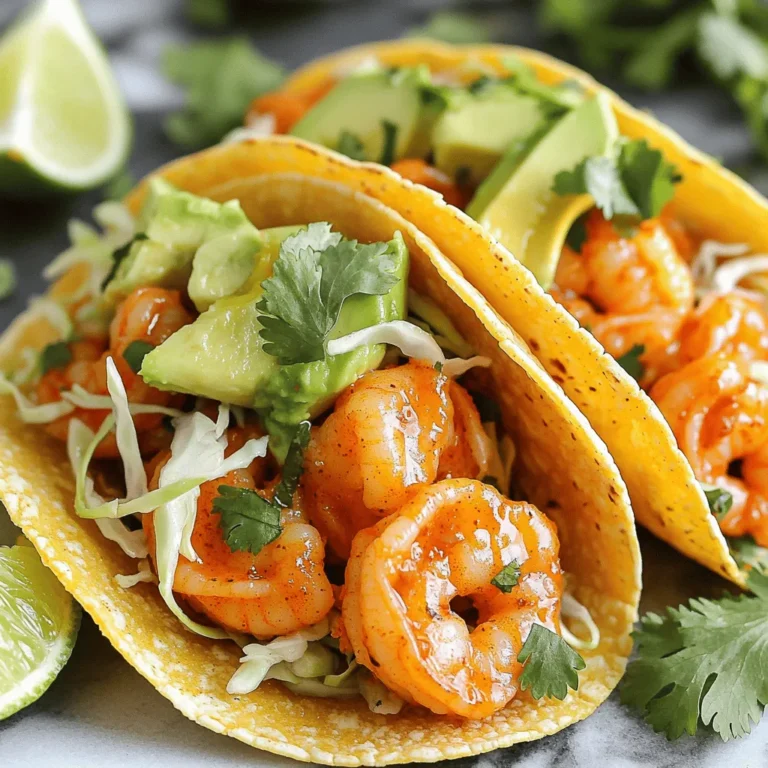 - 1 lb (450g) large shrimp, peeled and deveined - 2 tablespoons olive oil - 2 tablespoons chipotle in adobo sauce, minced - Zest and juice of 1 lime - 1 teaspoon ground cumin - 1 teaspoon smoked paprika - 1/2 teaspoon garlic powder - Salt and pepper to taste - 8 small corn tortillas - 1 cup shredded cabbage (red or green) - 1 avocado, sliced - Fresh cilantro leaves for garnish - Lime wedges for serving Chipotle Lime Shrimp Tacos are full of flavor. Here’s a closer look at the ingredients. First, you need shrimp. I use large shrimp for this recipe. They provide a nice bite and hold up well when cooked. You will want to coat them in olive oil. This helps the spices stick and adds a rich taste. The chipotle in adobo sauce gives the shrimp a smoky kick. It adds heat and depth. Mince it to release more flavor. Lime is key in this dish. You’ll use both the zest and juice. This boosts freshness and adds a tangy note. Cumin and smoked paprika add warmth. Cumin has a nutty flavor, while smoked paprika adds a subtle smokiness. Garlic powder brings in a savory taste. It complements the shrimp perfectly. Salt and pepper finish the seasoning. They enhance all the flavors in the dish. For the tacos, use small corn tortillas. They are soft and hold everything together well. Cabbage adds crunch. You can use red or green cabbage for color. Avocado brings creaminess to balance the spices. Slice it for easy layering. Fresh cilantro adds brightness and flavor. It’s the perfect garnish for your tacos. Lime wedges are a must. Squeeze them over the tacos for that extra zing. - Additional toppings (sour cream, hot sauce, etc.) - Variations on the shrimp seasoning Feel free to add your favorite toppings. Sour cream or hot sauce can enhance the flavor. You can also play with the seasoning on the shrimp. Try different spices to match your taste! To start, mix the shrimp with olive oil and spices. In a medium bowl, add: - 1 lb (450g) large shrimp, peeled and deveined - 2 tablespoons olive oil - 2 tablespoons chipotle in adobo sauce, minced - Zest and juice of 1 lime - 1 teaspoon ground cumin - 1 teaspoon smoked paprika - 1/2 teaspoon garlic powder - Salt and pepper to taste Toss the shrimp until they are well coated. For the best flavor, allow the shrimp to marinate for at least 15 to 30 minutes. This lets the spices soak in. You can cook the shrimp using a grill or a skillet. Both methods work well. Preheat your grill or skillet over medium-high heat. Once hot, add the shrimp in a single layer. Cook them for about 2-3 minutes on each side. Look for them to turn pink and opaque. That means they are done! Remove them from the heat. Now it's time to put your tacos together! First, warm the corn tortillas. You can do this in a dry skillet or on the grill. Heat them for about 30 seconds on each side until they are pliable. On each tortilla, add a handful of shredded cabbage. This adds crunch and freshness. Then, place a generous amount of the grilled shrimp on top. Add a few slices of avocado and garnish with fresh cilantro leaves. For a zesty touch, serve with lime wedges on the side. Squeeze fresh lime juice over the tacos just before eating for extra brightness. To make your Chipotle Lime Shrimp Tacos shine, adjust the seasoning to your taste. If you love heat, add more chipotle. If you prefer milder flavors, use less. Lime is key for balance. It adds a bright taste that cuts through the richness of the shrimp. The zest and juice work together to enhance every bite. Shrimp cooks quickly, so watch it closely. To prevent overcooking, remove it from the heat when it turns pink and opaque. This usually takes just 2-3 minutes per side. For a nice charred flavor, preheat your grill or skillet well. A good sear adds depth and smokiness to your tacos. Pair your tacos with fresh sides to complete the meal. Try serving with cilantro lime rice or black beans. For a refreshing twist, add a side of mango salsa. To present your tacos like a pro, stack them neatly on a plate. Garnish with lime wedges and cilantro leaves to impress your guests. {{image_2}} If you want to switch up the protein, chicken works great. Use boneless chicken thighs or breasts. Just marinate them like the shrimp. Grill until they are cooked through. Tofu is also a solid choice. Use firm tofu, pressed to remove moisture. Cut it into cubes and marinate it in the same chipotle mix. Grill or sauté until golden brown. For vegetarians, black beans or lentils can be tasty. They add protein and fiber. Mix them with lime juice and spices for extra flavor. You can play with spice mixes too. Try adding chili powder or cayenne for heat. For a milder taste, paprika or oregano works well. Incorporating seasonal vegetables makes the tacos fresh. Grilled corn adds sweetness. You can also use diced bell peppers or zucchini. They add color and crunch. Corn tortillas are classic, but flour tortillas work too. They are soft and easy to fold. Just warm them up in a skillet. For a lighter option, use lettuce wraps. They are crisp and low-carb. Iceberg or romaine lettuce holds the ingredients well. If you're gluten-free, look for gluten-free tortillas. Many brands offer tasty options that are easy to find. To store leftovers, place the shrimp and toppings in an airtight container. Keep the shrimp separate from the tortillas to maintain texture. You can enjoy your shrimp tacos for up to 2 days in the fridge. After that, the shrimp may lose its fresh taste. For freezing, wrap the shrimp tightly in plastic wrap, then place it in a freezer bag. This helps prevent freezer burn. You can also freeze the shredded cabbage and sliced avocado separately. To thaw, move the shrimp to the fridge overnight. This method preserves the taste and texture best. When reheating shrimp, use a skillet over low heat. This helps keep the shrimp moist and tender. Avoid high heat, as it can make them tough. For tortillas, warm them in a dry skillet for about 30 seconds on each side. This keeps them soft and pliable, perfect for your tacos. The best ways to cook shrimp for tacos are grilling and using a skillet. Both methods give great flavor. Grilling adds a smoky taste, while a skillet gives a nice sear. - Grilling: Heat your grill to medium-high. Cook shrimp for 2-3 minutes on each side. They turn pink and opaque when done. - Skillet: Heat olive oil in a skillet over medium-high heat. Add shrimp and cook for the same time as grilling. Both methods work well, so choose what you prefer or have on hand. Yes, you can prep some parts ahead of time. This makes serving easier. - Shrimp Marinade: You can marinate the shrimp a few hours before cooking them. Just keep them in the fridge. - Tortillas: Warm tortillas right before serving. You can also warm them in a pan or grill. - Toppings: Prepare toppings like shredded cabbage and avocado slices in advance. Store them separately in airtight containers. This prep helps you enjoy a quick meal when you're ready to eat. Keeping tacos warm is simple, especially at a gathering. You can use a few easy methods. - Oven: Set your oven to low heat (about 200°F or 93°C). Place the assembled tacos on a baking sheet and keep them warm there. - Tortilla Warmer: If you have a tortilla warmer, use it! It keeps tortillas warm and soft. - Cover: If you don’t have a warmer, just cover the tacos with foil. This helps hold in heat. These methods ensure your tacos stay warm and ready to enjoy. You learned how to make delicious Chipotle Lime Shrimp Tacos today. We covered the ingredients, cooking methods, and tips for flavor. I shared storage techniques to keep leftovers fresh. You also saw how to customize the tacos with different proteins and flavors. Now, you can impress your friends and family with your new cooking skills. Enjoy these tasty tacos at home or at gatherings. Happy cooking!