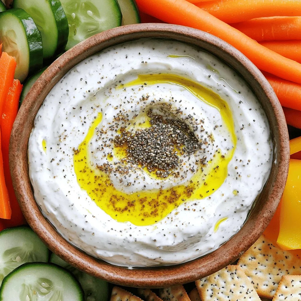 - 1 cup plain Greek yogurt - 1/2 cup cream cheese, softened - 1 tablespoon fresh lemon juice - 2 tablespoons chives, finely chopped - 2 tablespoons dill, finely chopped - 1 tablespoon garlic powder - 1 tablespoon onion powder - 1 tablespoon sesame seeds - 1 tablespoon poppy seeds - 1 tablespoon everything bagel seasoning - Salt and pepper to taste The main star of our dip is Greek yogurt. It gives a creamy base and adds protein. I love using plain Greek yogurt for its tangy taste. It pairs well with cream cheese that adds smoothness. Together, they create a perfect blend. Fresh herbs are key to flavor. I use chives and dill for a fresh kick. They add brightness to the dip. Garlic and onion powder bring depth and savory notes. Don't skip these; they make a big difference. Then, we have sesame and poppy seeds. They add a nice crunch and extra flavor. Everything bagel seasoning ties it all together. It brings in classic bagel flavors we love. - Fresh vegetables (carrots, cucumber, bell peppers) - Crackers for dipping For serving, fresh veggies work great. Carrots, cucumbers, and bell peppers add color and crunch. They are healthy and keep the dip light. Crackers also make a great option for dipping. Choose your favorites for a nice contrast. With these simple ingredients, you are ready to make a tasty dip that everyone will enjoy! 1. In a medium mixing bowl, combine 1 cup of plain Greek yogurt and 1/2 cup of softened cream cheese. Mix until the blend is smooth and creamy. 2. Next, add 1 tablespoon of fresh lemon juice, 2 tablespoons of finely chopped chives, 2 tablespoons of finely chopped dill, and 1 tablespoon each of garlic powder and onion powder. Mix well to blend all the flavors together. 1. Stir in 1 tablespoon each of sesame and poppy seeds. This adds a nice crunch and flavor. 2. Taste your dip and adjust the seasoning with salt and pepper as needed. 3. Transfer the dip to a serving bowl and chill in the fridge for at least 30 minutes. This helps the flavors mix well. 4. When ready to serve, drizzle a little olive oil on top. You can also sprinkle some extra everything bagel seasoning for a nice touch. 5. Serve the dip with fresh vegetables like carrots, cucumber, and bell peppers, along with your favorite crackers for dipping. To get the right texture, blend the Greek yogurt and cream cheese well. Make sure both are at room temperature. This helps them mix smoothly. If the dip feels too thick, add a splash of milk or more lemon juice. This will lighten it up. Balancing flavors is key. Start with the base yogurts, then add herbs. Taste as you go. The fresh lemon juice adds brightness. Adjust salt and pepper for depth. If you like it spicy, add a pinch of cayenne. This gives a nice kick without overpowering. Garnishing adds flair. Before serving, drizzle olive oil on top. Sprinkle extra everything bagel seasoning for a pop. Fresh herbs like chives or dill also look great on top. They add color and freshness. For gatherings, serve the dip in a large bowl. Place fresh veggies and crackers around it. Use a mix of colors for a vibrant look. Carrots, cucumbers, and bell peppers work well. They add crunch and are fun to dip. {{image_2}} You can add a spicy twist with Sriracha or your favorite hot sauce. A little heat lifts the dip’s flavor. Mix in a tablespoon or two, depending on your taste. If you want a cheesy dip, try adding cream cheese or feta. These cheeses give a rich taste and creamy texture. Fresh herbs like basil or parsley can also brighten the dip. Experiment with flavors to find your favorite mix! For a dairy-free option, use plant-based yogurt. It works well and keeps the dip creamy. Look for unsweetened varieties for the best results. If you are watching carbs, consider low-carb veggies for dipping. Slices of bell peppers or cucumbers add crunch without the carbs. You can also use cheese crisps for a fun twist! These simple swaps let everyone enjoy this tasty dip. To keep your Greek yogurt everything bagel dip fresh, store it in a sealed container. This helps it stay cool and tasty. The dip will last in the fridge for about 5 days. It’s best to enjoy it within this time for the best flavor and texture. Yes, you can freeze this dip! However, the texture may change slightly once thawed. To freeze, place the dip in an airtight container. Leave some space at the top for expansion. When you are ready to enjoy it, thaw it in the fridge overnight. Stir well before serving to refresh its creamy texture. Can I make this dip ahead of time? Yes, you can make this dip ahead of time. I often prepare it a day in advance. Just keep it in the fridge. This allows the flavors to blend well. The longer it sits, the better it tastes! What's the best way to serve leftover dip? For leftover dip, store it in an airtight container. You can serve it chilled or at room temperature. Pair it with fresh veggies or crackers. This keeps it fun and tasty! How many calories per serving? This dip has about 80 calories per serving. Each serving is roughly two tablespoons. It’s a great snack without too many calories! Is it healthy compared to traditional dips? Yes! This dip is healthier than many traditional dips. It uses Greek yogurt and cream cheese. These ingredients are rich in protein. Plus, you get fresh herbs and no artificial ingredients. You can make a tasty dip using simple ingredients like Greek yogurt and cream cheese. Mixing fresh herbs adds great flavor. For serving, fresh veggies and crackers make perfect pairings. Remember to chill your dip for the best taste and texture. You can also customize it with spicy adds or dairy-free options. Store leftovers properly to keep them fresh. Trying this dip can elevate your gatherings and impress your guests. Enjoy creating this fun snack!