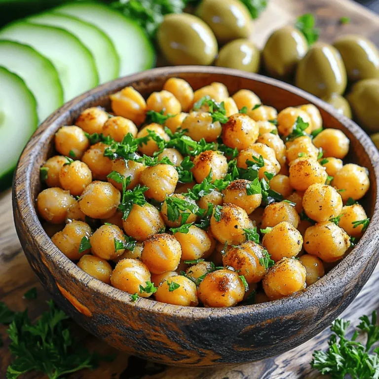 For Herb Garlic Roasted Chickpeas, you need: - 2 cans (15 oz each) chickpeas, rinsed and drained - 3 tablespoons olive oil Chickpeas are the star of this dish. They provide protein and fiber. Rinsing them well helps remove the canning liquid, which can be salty. The olive oil adds a rich flavor and helps the spices stick. Here are the seasonings you will use: - 4 cloves garlic, minced - 2 teaspoons dried oregano - 1 teaspoon smoked paprika - 1 teaspoon ground cumin - Salt and pepper to taste Garlic gives a strong flavor. Use fresh minced garlic for the best taste. Oregano adds an earthy note, while smoked paprika brings a hint of smokiness. Cumin adds warmth and depth. Adjust salt and pepper based on your taste. To finish, consider this garnish: - 2 tablespoons fresh parsley, chopped Chopped parsley adds color and freshness. It also brightens the dish. You can sprinkle it on top right before serving for a lovely touch. First, you need to preheat your oven to 400°F (200°C). This heat helps the chickpeas get nice and crunchy. Next, take your two cans of chickpeas, rinse them well, and drain them. Then, pat them dry with a clean kitchen towel. Removing the moisture is key for that perfect crunch. If you skip this step, they can turn out soggy. In a large mixing bowl, combine three tablespoons of olive oil and four minced garlic cloves. Then, add two teaspoons of dried oregano, one teaspoon of smoked paprika, and one teaspoon of ground cumin. Don’t forget salt and pepper to taste. Stir everything together until it forms a nice blend. This mix is what gives the chickpeas their amazing flavor! Now, add the dried chickpeas to your bowl of seasonings. Toss them well so every chickpea gets coated. Spread them out in a single layer on a lined baking sheet. Roast them in your preheated oven for 25 to 30 minutes. Remember to shake the pan halfway through. This helps them cook evenly. When they turn golden and crunchy, they’re ready! Let them cool a bit; they will get crispier as they cool. Finally, sprinkle some fresh chopped parsley on top for a pop of color and flavor. Enjoy! To get the best crunch, start by drying the chickpeas well. After rinsing, use a clean kitchen towel. This helps remove moisture. Any leftover water will make them soft. Spread the chickpeas out on your baking sheet. Give them room to breathe. A crowded pan leads to steaming, not roasting. Roast them at 400°F (200°C) for 25-30 minutes. Shake the pan halfway through for even cooking. Let them cool for a bit, as they will get crunchier. One common mistake is not drying the chickpeas enough. This will keep them soft. Another error is skipping the seasoning mix. Chickpeas need flavor to shine. Make sure to coat them well before roasting. Don’t overcrowd the baking sheet. This can lead to soggy chickpeas. Lastly, resist the urge to take them out too early. They need time to turn golden and crunchy. You can play with flavors to elevate your chickpeas. Add more garlic for a stronger taste. A splash of lemon juice gives a fresh zing. Try different herbs like thyme or rosemary for variety. If you like heat, sprinkle in some cayenne pepper. For a sweet twist, mix in a bit of honey after roasting. Each adjustment can create a unique snack that suits your taste. {{image_2}} To add a kick, use cayenne pepper. Start with half a teaspoon. Mix it with the other spices. This blend gives a nice heat that pairs well with garlic. If you love spice, feel free to add more! You can also try chili powder for a different flavor. Both options make your chickpeas zingy and bold. For a sweet twist, mix honey or maple syrup into your oil. Add one tablespoon for a hint of sweetness. Then, sprinkle some cinnamon or nutmeg with the other spices. This combo creates a balance of sweet and savory. You can serve these as a snack or dessert. Feel free to get creative with your spices! Try using curry powder for an Indian flair. Or, mix in Italian herbs like basil and thyme. You can also use lemon zest for a fresh taste. Each of these options adds a new layer of flavor. Get adventurous, and let your taste buds explore! Store your herb garlic roasted chickpeas in an airtight container. This keeps them fresh and crunchy. Make sure they cool completely before sealing them. If you have leftovers, keep them at room temperature for the best texture. Avoid putting them in the fridge, as moisture can make them soggy. If you want to enjoy them warm, preheat your oven to 350°F (175°C). Spread the chickpeas on a baking sheet and roast them for about 10 minutes. This helps restore their crunch. You can also use an air fryer for a quick reheat, cooking for about 5 minutes. These chickpeas taste best when fresh. They last for about 3-4 days at room temperature. You can freeze them, but they may lose some crunch. To freeze, place them in a freezer-safe bag. They can last up to 2 months in the freezer. When you want to eat them, thaw in the fridge and reheat as suggested. Yes, you can use dried chickpeas. Just soak them overnight. After soaking, cook them until tender. This may take 1 to 2 hours. Once cooked, drain and rinse them. Then, use them just like canned chickpeas in the recipe. To lower the sodium, skip added salt. Use low-sodium canned chickpeas instead. You can also rinse the canned chickpeas well. This removes excess salt. Taste your chickpeas during cooking. Adjust seasonings to your liking without adding more salt. Chickpeas are packed with nutrients. They are high in protein and fiber. This helps keep you full. They also support digestion. Plus, they have vitamins and minerals like iron and magnesium. Eating chickpeas can aid heart health too. They help lower bad cholesterol levels. Enjoying chickpeas is a smart choice for health! You learned about the key ingredients and steps to make roasted chickpeas. Remember to focus on proper preparation and the right mix of seasonings for the best flavor. It’s important to avoid common mistakes to achieve that perfect crunch. You can also try variations to keep things exciting. Store them correctly to enjoy your snack longer. Roasted chickpeas are healthy and versatile. Now it's time to enjoy your crunchy treats!