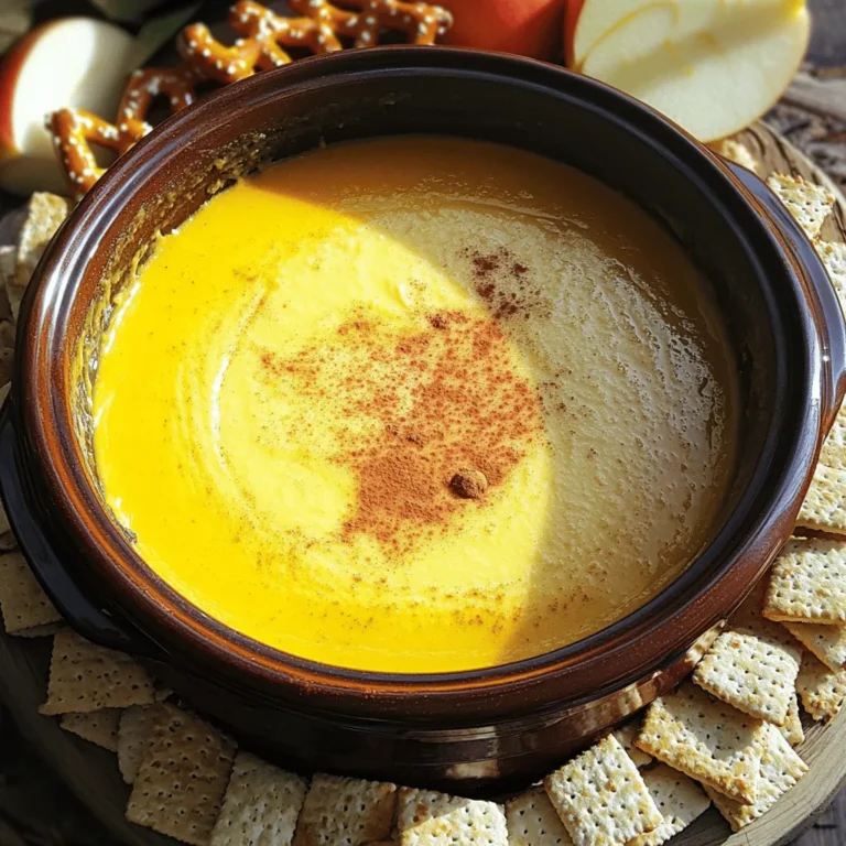 - 8 oz cream cheese, softened - 1 cup pumpkin puree - 1/2 cup brown sugar - 1/4 cup granulated sugar The main ingredients create the base of your dip. Cream cheese gives it a rich, smooth texture. Pumpkin puree brings warmth and autumn flavors. Brown sugar adds a deep sweetness, while granulated sugar balances the mix. - 1 tsp vanilla extract - 1 tsp ground cinnamon - 1/2 tsp ground nutmeg - 1/4 tsp ground ginger - Pinch of salt Spices and flavorings enhance the taste of your fondue. Vanilla extract adds sweetness and depth. Ground cinnamon gives warmth, while nutmeg and ginger add a nice kick. Don’t forget the pinch of salt; it brings all the flavors together. - 1/4 cup heavy cream - Dipping options: graham crackers, apple slices, pretzel bites Heavy cream makes your fondue creamy and smooth. For dipping, you can use graham crackers for crunch, apple slices for freshness, or pretzel bites for a salty contrast. These options make your fondue fun and interactive. - Start by gathering your ingredients: cream cheese, pumpkin puree, brown sugar, granulated sugar, and vanilla extract. - In a mixing bowl, combine the softened cream cheese with pumpkin puree. Add both sugars and vanilla extract. - Use a hand mixer or whisk to blend everything until it is smooth and creamy. - Next, add ground cinnamon, nutmeg, ginger, heavy cream, and a pinch of salt. - Mix again until all the ingredients blend well. You want a silky consistency that looks inviting. - Now, transfer the mixture to your slow cooker. Spread it evenly across the bottom. - Cover the slow cooker with its lid and set it to low heat. - Cook for about 2 hours. This allows all the flavors to meld together beautifully. - It is important to stir the mixture every 30 minutes. This helps it melt evenly and prevents sticking. - After the cooking time, check the consistency. It should be smooth and dippable. - If it feels too thick, stir in a little more cream. This gives you the perfect texture for dipping. To get the right texture for your pumpkin cheesecake fondue, pay close attention to the heavy cream. If you find your dip too thick, slowly stir in a little more heavy cream. This will give it that smooth and dippable quality you want. Always check the consistency before serving. Avoid overheating the fondue. Cooking on low heat is key. Stir gently every 30 minutes to keep it even. If you let it cook too long, it can harden or burn. You want it silky and rich, not dried out. Want to kick up the flavor? Try adding more spices. A little extra cinnamon or nutmeg can enhance the fall vibes. If you love a specific spice, don’t hold back! You can also infuse more flavor with different extracts. For example, try almond extract for a unique twist. Just a few drops can make a big difference in taste! When it comes to serving, think outside the box. Use a fun bowl or a mini pumpkin for a seasonal touch. You can even sprinkle some cinnamon on top for a nice look. For dipping, choose seasonal items. Graham crackers, apple slices, and pretzel bites work great. You can even add some marshmallows for a sweet treat. The more variety, the more fun for everyone! {{image_2}} You can mix up the taste of your pumpkin cheesecake fondue. Here are two fun ideas: - White Chocolate Pumpkin Cheesecake Fondue: Swap half the cream cheese with melted white chocolate. This gives a sweet and creamy twist. It tastes rich and pairs well with fruit. - Maple Pecan Cheesecake Fondue: Add 1/4 cup of maple syrup and 1/2 cup of chopped pecans. This gives a nutty flavor and adds a nice crunch. The maple syrup enhances the fall vibe. You can easily adapt this recipe for different diets. Here are some options: - Gluten-Free Options: Use gluten-free dippers like rice crackers or fresh fruit. Make sure any extras, like cookies, are gluten-free as well. - Dairy-Free Alternatives: Replace cream cheese with dairy-free cream cheese and use almond or coconut milk instead of heavy cream. This way, you can enjoy the fondue without dairy. Pair your fondue with tasty dippers. Here are some great ideas: - Ideal Pairings with Dipping Ingredients: Fresh apple slices, graham crackers, and pretzel bites work well. You can also try marshmallows or shortbread cookies for a sweet touch. - Alternative Serving Methods: For a fun twist, serve the fondue in a hollowed-out pumpkin. This not only looks great but adds a bit of pumpkin flavor too. To keep your pumpkin cheesecake fondue fresh, let it cool first. Once cool, place it in an airtight container. This helps keep the flavors intact. The fondue should be stored in the fridge. Make sure to use it within three to four days for the best taste. When reheating, use a slow cooker or microwave. If using a microwave, heat it in short bursts. Stir in between to avoid hot spots. If it seems too thick, add a splash of heavy cream. This helps to regain that smooth, creamy texture. Remember, gentle heating is key to keeping it delicious. The fondue lasts about four days in the fridge. For the best flavor, eat it fresh. After four days, the taste may change. You may still eat it, but the quality might not be the same. If you want to enjoy it longer, consider freezing it. Just make sure to thaw it slowly in the fridge before reheating. Yes, you can use different cheeses. Here are some options: - Neufchâtel cheese: This cheese has a similar taste but less fat. - Mascarpone: It adds a rich flavor and creamy texture. - Ricotta cheese: It offers a lighter texture and taste. Just make sure to soften any cheese you choose. This helps blend the mix smoothly. You can make this dip vegan by swapping a few ingredients. Here are some tips: - Use vegan cream cheese: Many brands offer great options. - Replace heavy cream with coconut cream or almond milk. This keeps it creamy. - Use maple syrup or coconut sugar instead of brown and granulated sugar. These swaps maintain the yummy taste while keeping it plant-based. Choosing the right dippers makes this dip more fun! Here are some tasty ideas: - Graham crackers: They add a crunchy texture. - Apple slices: The fruit's tartness pairs well with the dip. - Pretzel bites: The salty taste contrasts beautifully with the sweet dip. - Marshmallows: Soft and sweet, they melt in your mouth. Feel free to mix and match your favorites for a fun treat! In this post, we explored how to create a delicious Pumpkin Cheesecake Fondue. We covered key ingredients like cream cheese, pumpkin puree, and various spices. I shared step-by-step instructions for preparing, slow cooking, and checking your fondue. Tips on texture and flavor tweaks were included, along with fun serving ideas and variations. For your next gathering, remember that this fondue is easy to make and sure to impress. Enjoy the flavors, and don’t hesitate to try your unique spin!
