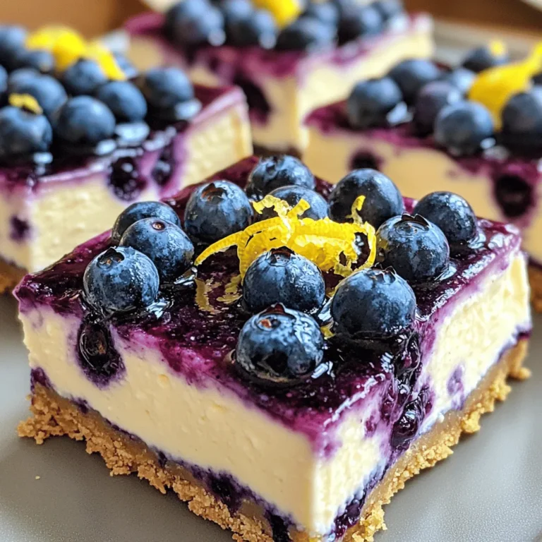 To make these tasty bars, gather these key ingredients: - 1 ½ cups graham cracker crumbs - ½ cup unsalted butter, melted - 2 cups cream cheese, softened - 1 cup Greek yogurt - ¾ cup granulated sugar - 2 large eggs - 2 tablespoons fresh lemon juice - Zest of 1 lemon - 1 teaspoon vanilla extract - 1 ½ cups fresh blueberries Each ingredient plays a role in building flavor and texture. The graham cracker crumbs form a buttery base. Cream cheese and Greek yogurt create a rich, creamy filling. Fresh lemon juice and zest add a bright, tangy taste that balances the sweetness. Blueberries provide bursts of flavor in every bite. If you need alternatives, here are some ideas: - For graham cracker crumbs, use crushed cookies or digestive biscuits. - Swap unsalted butter with coconut oil for a dairy-free option. - Use low-fat cream cheese for a lighter version. - Replace Greek yogurt with sour cream if you prefer. - If fresh blueberries are not available, frozen blueberries can work too. These substitutions keep the essence of the recipe while fitting your needs. To make this recipe, you will need: - An 8x8 inch baking pan - Parchment paper - Mixing bowls - Electric mixer - Spatula - Measuring cups and spoons Having the right tools makes cooking easier. Use parchment paper to help lift the bars out of the pan. An electric mixer ensures the filling becomes smooth and creamy. Start by preheating your oven to 350°F (175°C). Line an 8x8 inch baking pan with parchment paper. Leave some paper hanging over the edges. This helps with easy removal later. In a mixing bowl, combine 1 ½ cups of graham cracker crumbs with ½ cup of melted unsalted butter. Mix until all crumbs are moistened. Press this crumb mixture firmly into the bottom of the pan. Bake the crust for 10 minutes, then pull it out and let it cool. In a large bowl, beat 2 cups of softened cream cheese until smooth. Use an electric mixer for best results. Gradually add 1 cup of Greek yogurt and ¾ cup of granulated sugar. Mix until creamy and well blended. Now, add 2 large eggs one at a time. Mix on low speed after each egg until just combined. Next, add 2 tablespoons of fresh lemon juice, the zest of 1 lemon, and 1 teaspoon of vanilla extract. Mix until smooth. Lastly, gently fold in 1 ½ cups of fresh blueberries, being careful not to crush them. Pour the cheesecake filling over your cooled graham cracker crust. Use a spatula to smooth out the top. Bake in the preheated oven for 30-35 minutes. The edges should be set, and the center should jiggle slightly when done. Once it's out of the oven, let it cool at room temperature for about an hour. After that, refrigerate for at least 4 hours or overnight. This step is key to getting the right texture. Once chilled, lift the cheesecake out using the parchment paper. Cut into bars and enjoy! To get a smooth cheesecake, start with room temperature cream cheese. Cold cream cheese can make lumps. Mix it well until creamy before adding other ingredients. Don't rush when adding eggs; mix them in one at a time. This step helps keep the texture light and fluffy. Folding in the blueberries gently helps prevent crushing. A light hand keeps them whole and beautiful. One common mistake is overbaking the bars. You want the edges set but the center should jiggle slightly. If you bake them too long, they can crack. Also, avoid skipping the chilling time. Chilling helps the bars firm up and makes them easier to cut. Lastly, don’t skip the parchment paper. It makes removing the bars easy and helps keep them intact. For a pretty presentation, serve your cheesecake bars chilled. Top them with fresh blueberries and a sprinkle of lemon zest. It adds color and extra flavor. You can also use a sharp knife to cut even bars. Wipe the knife after each cut for clean edges. Arrange the bars on a nice platter to impress your guests. {{image_2}} You can spice up your lemon blueberry cheesecake bars in fun ways. Try using different fruits like raspberries, strawberries, or peaches. Each fruit adds its unique taste. For a tropical twist, add pineapple or mango. You can also mix in spices like cinnamon or nutmeg for extra warmth. These changes keep your bars fresh and exciting. For a gluten-free version, swap graham crackers with gluten-free crumbs. You can use almond flour or gluten-free cookies. Make sure your other ingredients are also gluten-free. This way, everyone can enjoy these tasty bars without worry. Mini cheesecake bars are perfect for parties or snacks. To make them, use a mini muffin tin instead of a standard baking pan. Line each cup with parchment paper. Follow the same steps for the crust and filling. Bake for about 20-25 minutes. This smaller size makes them easy to grab and enjoy. Plus, they look cute on any dessert table! To keep your lemon blueberry cheesecake bars fresh, store them in an airtight container. You can place parchment paper between layers to prevent sticking. Ensure the bars are fully cooled before storing them. This keeps them from becoming soggy. Refrigerate them for up to five days. The cool temperature helps maintain their creamy texture. If you want to save some bars for later, freezing is a great option. First, cut the bars into individual pieces. Wrap each piece tightly in plastic wrap. Then, place them in a freezer-safe bag or container. This prevents freezer burn. You can freeze them for up to three months. When ready to eat, thaw them in the fridge overnight. Lemon blueberry cheesecake bars can last up to five days in the fridge. Check for signs of spoilage. If you see any mold or an off smell, it's best to discard them. The texture may also change, becoming grainy or watery. Always trust your senses when deciding if food is still good to eat. You can tell when cheesecake bars are done by looking for slight firmness. The edges should be set, while the center has a gentle jiggle. This jiggle means the bars are still creamy. If you overbake them, they can become dry and crumbly. Trust your eyes and the jiggle to guide you. Yes, you can use frozen blueberries in your cheesecake bars. Just remember to thaw and drain them first. This prevents excess moisture in your cheesecake. Frozen berries work well, but fresh blueberries give a better flavor and texture. If you want that fresh burst, I recommend using fresh when possible. Yes, chilling is very important for cheesecake bars. It helps them set properly. Chilling also improves the flavor and texture. I suggest chilling them for at least four hours, or even overnight. This gives the bars a nice, firm consistency, making them easy to slice and serve. You have all the tools to make delicious lemon blueberry cheesecake bars. We covered key ingredients, tools, and step-by-step instructions. I shared tips for texture and fun variations, along with storage advice. Remember, patience is key, especially when cooling and chilling. Whether you enjoy them fresh or frozen, these bars are sure to impress. Happy baking, and enjoy every bite of your creation!