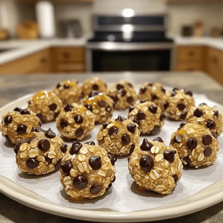 - 1 cup almond flour - 1/2 cup rolled oats - 1/2 cup natural peanut butter (or almond butter) - 1/4 cup honey or maple syrup - 1/4 cup protein powder (vanilla or chocolate flavor) - 1/2 teaspoon vanilla extract - 1/4 cup mini chocolate chips - A pinch of salt These main ingredients form the base of your no-bake cookie dough protein bites. Almond flour gives a nutty flavor and smooth texture. Rolled oats add heartiness. Peanut butter or almond butter provides creaminess and protein. Honey or maple syrup sweetens without refined sugar. Protein powder boosts nutrition. Vanilla extract enhances taste. Mini chocolate chips add fun and sweetness. A pinch of salt balances the flavors. - Chopped nuts - Dried fruit Feel free to mix in some chopped nuts or dried fruit. Nuts add more crunch and healthy fats. Dried fruit brings natural sweetness and chewiness. You can customize these bites to your taste. - Protein content - Healthy fats - Fiber content These protein bites pack a punch. The protein helps build and repair muscles. Healthy fats from nut butter support brain health and keep you full. The fiber from oats aids digestion and keeps you satisfied. Enjoy these bites as a snack or post-workout treat. They offer great nutrition without guilt. Start by grabbing a large mixing bowl. Add 1 cup of almond flour, 1/2 cup of rolled oats, and 1/4 cup of protein powder. I prefer using vanilla or chocolate protein powder for a tasty boost. Mix these dry ingredients well. You want them evenly combined so every bite is full of flavor. Next, it’s time to add the wet ingredients. Pour in 1/2 cup of natural peanut butter, 1/4 cup of honey or maple syrup, and 1/2 teaspoon of vanilla extract. Don’t forget a pinch of salt to enhance the taste! Use a spatula or your hands to mix everything together until it forms a dough-like consistency. This part is fun and a little messy, but it’s worth it! Now, take the dough and form it into small balls. I suggest making them about 1 inch in size. If the mixture feels too sticky, chill it in the fridge for about 10-15 minutes. This will make it easier to handle. Once shaped, place the cookie dough bites on a parchment-lined baking sheet or plate. Refrigerate them for about 30 minutes to help them firm up. After chilling, they are ready to eat! To manage stickiness, you need to mix well. If the dough feels too wet, add more almond flour. This will help firm it up a bit. If it’s still hard to handle, chill the dough in the fridge for 10-15 minutes. This makes it easier to roll into balls. You can add fun flavors and textures to your bites. Try adding chopped nuts or dried fruit for a nice crunch. You can also swap the peanut butter for almond butter. This gives a different taste. Use flavored protein powder too. Chocolate adds richness, while vanilla brings a light touch. These protein bites are great on their own. But you can also enjoy them with a glass of milk or a smoothie. They make a great snack after a workout. You could top them with a drizzle of honey for added sweetness. {{image_2}} You can easily change the flavors with protein powder. Use chocolate for a rich taste or vanilla for a lighter option. Both work well! You can also switch nut butters. Use almond butter for a nutty twist or sunflower seed butter for a nut-free snack. Each choice creates a new flavor profile! If you need gluten-free options, almond flour and oats are great choices. Check that your oats are certified gluten-free. For vegan bites, swap honey with maple syrup. Use a plant-based protein powder as well. These changes keep the bites tasty and safe for different diets. Think about adding seasonal flavors! In fall, mix in pumpkin spice or chopped apples. In winter, use peppermint extract or crushed candy canes. For summer, add dried fruits like cranberries or apricots. These little changes make the bites festive and fun! To keep your No-Bake Cookie Dough Protein Bites fresh, use airtight containers. Glass or plastic containers work well. Make sure the lid seals tightly to keep out air and moisture. This way, your bites stay tasty and safe. These protein bites can last up to a week in the fridge. Store them in your airtight container. If you notice any changes in smell or texture, it is best to discard them. Always check before enjoying! You can freeze these bites for longer storage. First, place them in a single layer on a baking sheet. Freeze for about an hour until they are firm. After that, transfer them to an airtight container or a freezer bag. Label the bag with the date. When you're ready to eat, let them thaw in the fridge overnight. Enjoy them cold or at room temperature! Yes, you can make these protein bites vegan. To do this, swap the honey for maple syrup. Use almond butter instead of peanut butter for a nut-free option if needed. Choose a plant-based protein powder to keep it vegan. You can also add more oats or even some chia seeds for binding. To boost the protein in these bites, consider adding more protein powder. You can also mix in seeds like chia, hemp, or flaxseeds. Using a higher protein nut butter, such as powdered peanut butter, is another great choice. These options keep the bites tasty while increasing their protein punch. If you need a substitute for almond flour, try oat flour or coconut flour. Both work well in this recipe. You can even use ground sunflower seeds for a nut-free option. Just remember that coconut flour absorbs more liquid, so you might need to adjust the wet ingredients slightly. These protein bites are easy to make and tasty. You blend simple ingredients like almond flour and peanut butter. They offer great nutrition with healthy fats and protein. You can customize them with nuts or fruits. Store them right, and they last longer. Try different variations to suit your taste. These bites are perfect as a snack any time. Enjoy making and sharing them with friends and family.