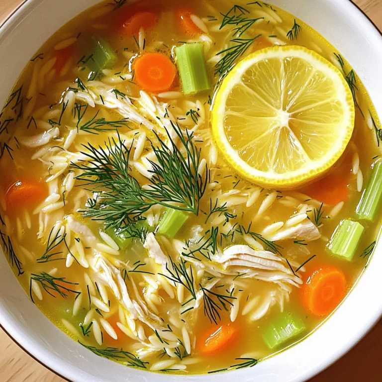 To make Greek Lemon Chicken Soup, gather these simple ingredients: - 1 lb boneless, skinless chicken breast - 6 cups low-sodium chicken broth - 1 cup uncooked orzo pasta - 2 large carrots, diced - 1 celery stalk, diced - 1 medium onion, chopped - 3 garlic cloves, minced - 2 large eggs - 1/4 cup fresh lemon juice - Zest of 1 lemon - 1 tablespoon olive oil - Salt and pepper to taste - Fresh dill or parsley for garnish Using fresh ingredients makes a big difference. Fresh vegetables, like carrots and celery, add great taste. Fresh herbs, like dill or parsley, bring bright flavors. They also make the soup look nice. Dried ingredients can work in a pinch, but they lack that fresh burst. Use fresh lemon juice instead of bottled for the best taste. You can swap some ingredients if needed: - Chicken: Use leftover chicken or rotisserie chicken for quick prep. - Pasta: Try rice or quinoa instead of orzo for a gluten-free option. - Broth: Vegetable broth will work if you want a lighter soup. - Herbs: Basil or thyme can replace dill or parsley for a different flavor. These swaps can still keep the soup tasty while matching your pantry. First, gather your ingredients. You need: - 1 lb boneless, skinless chicken breast - 6 cups low-sodium chicken broth - 1 cup uncooked orzo pasta - 2 large carrots, diced - 1 celery stalk, diced - 1 medium onion, chopped - 3 garlic cloves, minced - 2 large eggs - 1/4 cup fresh lemon juice - Zest of 1 lemon - 1 tablespoon olive oil - Salt and pepper to taste - Fresh dill or parsley for garnish Next, chop the onions, carrots, and celery. This adds flavor to the soup. Heat the olive oil in a large pot over medium heat. Add the diced onions, carrots, and celery. Sauté for about 5 to 7 minutes. Cook until the veggies are soft. Now, add the minced garlic to the pot. Cook for 1 more minute until the garlic smells nice. Pour in the chicken broth and bring it to a boil. Add the chicken breasts and orzo pasta. Simmer for 10 to 12 minutes. Check the chicken to make sure it’s fully cooked. When done, remove the chicken and let it cool. Shred the chicken into bite-sized pieces using two forks. In a small bowl, whisk together the eggs, lemon juice, and lemon zest. This mix gives the soup a rich flavor. To temper the egg mixture, slowly ladle a cup of hot soup broth into it while whisking. This step stops the eggs from cooking too fast. Once tempered, pour the egg mix back into the pot. Stir constantly to keep the eggs smooth. Add the shredded chicken back into the soup. Season with salt and pepper to taste. Heat the soup gently for a few more minutes, but do not let it boil. Now, your Greek Lemon Chicken Soup is ready to serve! Garnish with fresh dill or parsley for a nice touch. Enjoy! To make your Greek lemon chicken soup shine, use fresh ingredients. Fresh chicken and vegetables add great taste. Sauté your onions, carrots, and celery until soft. This builds a strong base for your soup. Use low-sodium chicken broth for better control of salt. After adding chicken and orzo, stir often to prevent sticking. When whisking the egg mixture, do it slowly. This helps avoid curdling and gives a smooth finish. One common mistake is boiling the soup after adding the egg mixture. This can scramble the eggs. Always heat gently after adding. Another mistake is not shredding the chicken finely. Large pieces might not blend well with the soup. Lastly, be careful with salt. Always taste before adding more. Your broth may already have enough salt. If you have larger chicken breasts, cook them a bit longer. Check for doneness using a meat thermometer. It should read 165°F. For orzo, if you prefer a firmer texture, reduce the cooking time by a minute. If you want a thicker soup, add more orzo. Just remember to adjust the broth to keep it balanced. {{image_2}} You can make Greek lemon chicken soup even better by adding more veggies. Try diced zucchini, spinach, or green beans. These add color and nutrients. You can also toss in some peas for a sweet touch. Each vegetable brings its own taste, making the soup more exciting. Feel free to mix and match based on what you have at home. If you want to change the protein, you have options. You can use turkey instead of chicken. Shredded rotisserie chicken works great, too. For a vegetarian version, try chickpeas or lentils. They give a nice texture and protein boost. Tofu is also a good choice for a plant-based option. Always cook your protein well to keep the flavors rich. To make this soup gluten-free, swap the orzo for rice or gluten-free pasta. Both options cook well and soak up the flavors. You can also skip the pasta entirely for a lighter soup. Just add extra veggies for a filling meal. Always check labels on packaged items to ensure they are gluten-free. You can keep Greek lemon chicken soup in the fridge for up to three days. Let it cool to room temperature before putting it in an airtight container. This keeps the flavors locked in. Make sure to store it without any garnishes. Add fresh herbs right before serving for the best taste. If you want to save the soup for later, freezing works well. Use a freezer-safe container or zip-top bag. Be sure to leave some space at the top, as the soup will expand when frozen. The soup can last for about three months in the freezer. To keep it fresh, label the container with the date. To reheat, you can use the stovetop or microwave. If using the stovetop, pour the soup into a pot and heat it over medium heat. Stir it often to warm it evenly. If using the microwave, place the soup in a microwave-safe bowl. Heat it in short bursts, stirring in between. Check the temperature to make sure it’s hot throughout. If the soup seems thick after freezing, add a little broth or water to thin it out. Avgolemono is a Greek word. It means "egg and lemon." This sauce adds a rich taste to many dishes. You find it in soups, like Greek lemon chicken soup. The eggs and lemon juice create a creamy texture. It brings a bright flavor that lifts the soup. Yes, you can use leftover chicken. It saves time and adds great taste. Just shred the chicken into bite-sized pieces. Add it to the soup during the last few minutes of cooking. This way, the chicken heats up but does not overcook. To make your soup more tangy, add extra lemon juice. Start with one tablespoon and taste it. You can add more if you like it tangier. Another option is to add lemon zest. This gives the soup a fresh, bright flavor. This article covered how to make Greek lemon chicken soup. We explored the main ingredients, preparation steps, and cooking tips. You learned how to avoid common mistakes and found variations for customizing your soup. We also discussed storage methods and answered some common questions. As you try this recipe, remember to enjoy the process. Cooking is about experimenting and finding your flavor. With practice, you’ll create a dish that warms both body and soul. Happy cooking!