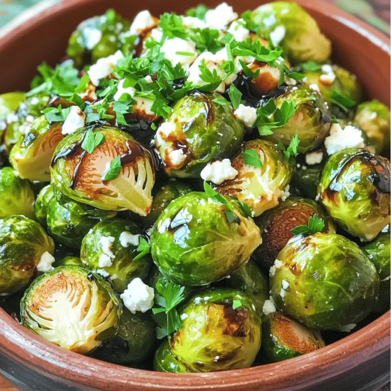 To make balsamic glazed roasted Brussels sprouts, you need these key items: - 1 lb Brussels sprouts, trimmed and halved - 3 tablespoons balsamic vinegar - 2 tablespoons maple syrup - 2 tablespoons olive oil - 1 teaspoon garlic powder - 1 teaspoon salt - ½ teaspoon black pepper These ingredients bring out the sweet and savory flavors of Brussels sprouts. The balsamic vinegar adds tang, while the maple syrup gives a touch of sweetness. If you want to elevate the dish, consider these add-ins: - ¼ cup feta cheese, crumbled - 2 tablespoons chopped fresh parsley (for garnish) Feta cheese adds creaminess and a salty kick. Fresh parsley gives a pop of color and freshness. Here are some helpful conversions for the ingredients: - 1 tablespoon = 3 teaspoons - 1 cup = 16 tablespoons These conversions help if you need to adjust the recipe for more servings or different measurements. Keeping it simple helps you enjoy cooking! Start by preheating your oven to 400°F (200°C). This heat is perfect for roasting. It will help the sprouts become tender and caramelized. You want them golden and crispy. Next, take 1 lb of Brussels sprouts. Trim the bottom of each sprout and remove any yellow leaves. Cut them in half. This helps them cook evenly. In a large bowl, combine the halved Brussels sprouts with 2 tablespoons of olive oil, 3 tablespoons of balsamic vinegar, and 2 tablespoons of maple syrup. Add 1 teaspoon of garlic powder, 1 teaspoon of salt, and ½ teaspoon of black pepper. Toss everything well. You want each sprout to be coated nicely. Spread the coated Brussels sprouts in a single layer on a baking sheet lined with parchment paper. Roast them in the preheated oven for 25-30 minutes. Stir them halfway through to ensure even cooking. Watch for that caramelized look. They should be soft and slightly crispy. After roasting, take them out and let them cool a bit. If you like, sprinkle ¼ cup of crumbled feta cheese over the warm sprouts for a creamy touch. Garnish with 2 tablespoons of chopped fresh parsley. This adds color and freshness. Serve them in a rustic bowl and drizzle extra balsamic vinegar on top for extra flavor. Enjoy! To get that nice caramel color, space out the Brussels sprouts. If they touch, they steam instead of roast. Aim for a single layer on the baking sheet. This helps them brown evenly. Stir them halfway through roasting. This ensures all sides get that tasty crispy edge. You can easily boost the flavor! Try adding a pinch of red pepper flakes for heat. Lemon zest adds a nice citrus touch. If you like herbs, consider thyme or rosemary. These herbs pair well with balsamic. They add depth and freshness to the dish. Start by trimming the ends of the Brussels sprouts. Cut them in half for even cooking. Rinse them in cold water to remove dirt. Dry them thoroughly to help with caramelization. Finally, remember to taste before serving. This way, you can adjust the seasoning if needed. {{image_2}} You can create a vegan version of this dish easily. Simply skip the feta cheese. The balsamic glaze and maple syrup provide enough flavor. You can also try using nutritional yeast for a cheesy taste without dairy. It adds a nice umami punch. This keeps your meal plant-based while still being delicious. If you love cheese, there are many options to try. Feta cheese works well, but you can also use goat cheese or parmesan. Each cheese adds a unique taste. Goat cheese gives a creamy texture, while parmesan adds a nutty flavor. Feel free to mix and match to find your favorite. You can change the flavor by adding herbs and spices. Try thyme or rosemary for an earthy taste. A pinch of red pepper flakes can add some heat. You can also use lemon zest for a bright, fresh flavor. Experiment with different combinations to find what you love best. To keep your Brussels sprouts fresh, place them in an airtight container. Make sure they cool down before sealing. Store in the fridge for up to three days. If you want to enjoy them later, the key is to keep them dry and avoid moisture. When you're ready to eat the leftovers, preheat your oven to 350°F (175°C). Spread the Brussels sprouts on a baking sheet. Heat them for about 10-15 minutes. This helps keep them crisp. You can also use a microwave for quicker reheating, but they might lose some crunch. If you want to freeze your Brussels sprouts, start by blanching them. Boil them for two minutes, then cool them in ice water. Drain well, and place them in freezer bags. Squeeze out as much air as you can. They can last up to three months in the freezer. When you’re ready to use them, just roast straight from the freezer. Yes, you can use frozen Brussels sprouts. They may not roast as well. Thaw them first. Pat them dry to remove excess moisture. This helps them crisp up nicely. You can use honey or agave syrup as a substitute. Both add sweetness. Choose what you have on hand. You can also use brown sugar mixed with a little water. Leftovers will last about 3 to 5 days in the fridge. Store them in an airtight container. This keeps them fresh and tasty for your next meal. Yes, you can prepare Brussels sprouts a day in advance. Toss them with the glaze. Store in the fridge until you're ready to roast them. This saves time on busy days. Balsamic glazed Brussels sprouts pair well with roasted chicken or pork. They also go great with quinoa or rice. Add them to a salad for a fresh twist. Enjoy their flavor with many meals! This blog post covers how to prepare delicious balsamic glazed Brussels sprouts. We explored key ingredients, step-by-step baking instructions, and helpful tips for perfect results. You learned about tasty variations, storing leftovers, and common questions about the recipe. Enjoy trying new flavors and techniques. With this guide, you can impress your family and friends. Cooking Brussels sprouts can be fun and easy, so don’t hesitate to experiment!