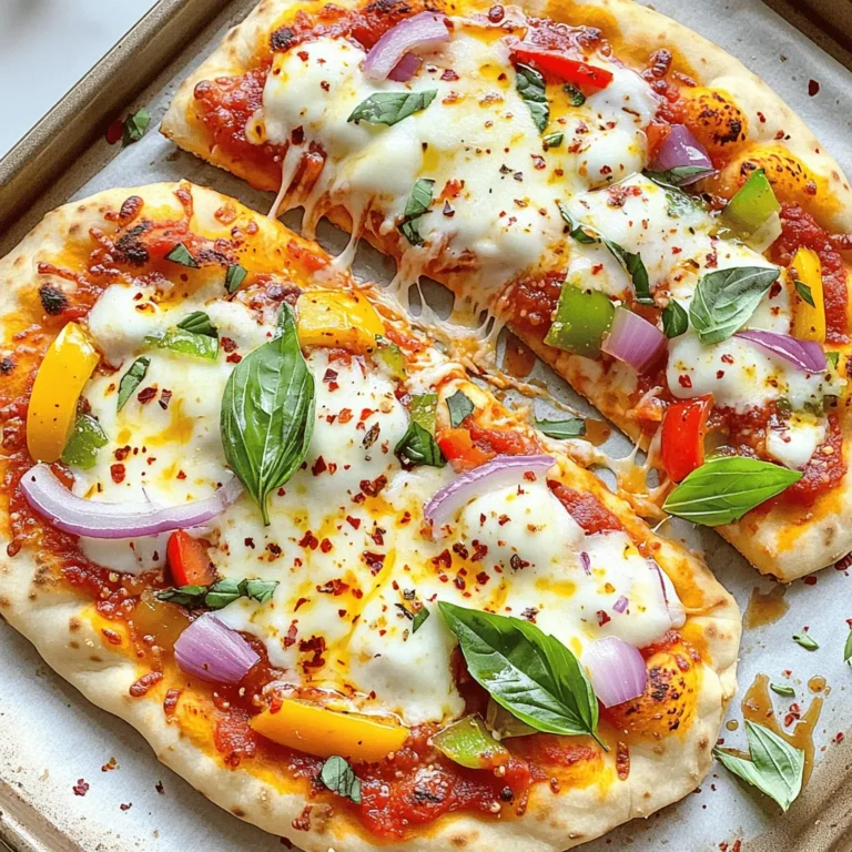 To make Spicy Garlic Naan Pizza, gather these simple ingredients: - 2 naan breads - 1 cup marinara sauce - 1 cup shredded mozzarella cheese - 1/2 cup sliced bell peppers (any color) - 1/2 cup sliced red onions - 2 cloves garlic, minced - 1 teaspoon red pepper flakes - 1 tablespoon olive oil - Fresh basil leaves, for garnish - Salt and pepper to taste These ingredients create a tasty and fun pizza. The naan serves as a quick base while the garlic and red pepper flakes add a nice kick. Fresh herbs make a big difference. I recommend using: - Basil - Oregano - Parsley These herbs add freshness and depth. You can sprinkle them on top before serving for extra flavor. Cheese is key to a great pizza. While mozzarella is classic, you can also try: - Provolone - Gouda - Feta Mixing cheeses gives you a unique taste. Feel free to experiment and find what you love best! First, set your oven to 400°F (200°C). This step is key for a good bake. While the oven heats, place two naan breads on a baking sheet. Line the sheet with parchment paper. This keeps the naan from sticking. It also helps with easy cleanup later. Next, let’s create the garlic oil. Take a small bowl and add two cloves of minced garlic. Then, pour in one tablespoon of olive oil. Mix them well. This oil adds great flavor to the pizza. It also helps the naan get a nice golden color. Now, we start building our naan pizza. Brush the garlic oil mixture over each naan. Be generous! This oil makes everything taste better. After that, spread one cup of marinara sauce on top. Leave a small edge around the naan. Next, sprinkle one cup of shredded mozzarella cheese over the sauce. This cheese melts nicely and adds creaminess. Then, arrange half a cup of sliced bell peppers and half a cup of sliced red onions on top. These veggies give color and crunch. For a spicy kick, sprinkle one teaspoon of red pepper flakes over everything. Add salt and pepper to taste. This small step really boosts the flavor. Now, it’s time to bake! Place the naan pizzas in the oven for about 12-15 minutes. Look for the cheese to melt and bubble. Once done, take them out and let cool for a minute. Finish with fresh basil leaves on top. Now, your Spicy Garlic Naan Pizza is ready to enjoy! To cook naan pizza well, use a hot oven. Preheat it to 400°F (200°C). This heat helps the cheese melt nicely. Line your baking sheet with parchment paper. This keeps the naan from sticking. Place the naan flat on the sheet. Avoid overlapping the bread. This ensures even cooking. For a crispy crust, brush the naan with garlic oil. This adds flavor and helps with crispiness. Bake it for 12-15 minutes. Keep an eye on the pizza as it cooks. Look for a golden color on the cheese. You want it bubbly and browned. If you want extra crunch, bake for a few more minutes. Just be careful not to burn it. To boost the flavor, try adding fresh herbs. Basil leaves are a great choice. You can also sprinkle on more red pepper flakes. For a twist, add a drizzle of balsamic glaze after baking. This adds a sweet and tangy taste. Don’t forget to season well with salt and pepper. A pinch of each can make a big difference! {{image_2}} You can easily make Spicy Garlic Naan Pizza vegetarian. Just load it with your favorite veggies. Try using mushrooms, spinach, or zucchini. These add great taste and texture. You can also use different cheeses. Feta or goat cheese can give a nice twist. Fresh herbs like cilantro or dill can bring more flavor. If you want more protein, add toppings like chicken or pepperoni. Grilled chicken works well. It adds a smoky flavor. For a spicy kick, use spicy pepperoni. You can also use crumbled sausage or bacon. These protein options will make your pizza filling and tasty. For a gluten-free pizza, use gluten-free naan. Many stores sell this now. You can also make your own with gluten-free flour. The toppings remain the same. Choose fresh veggies and meats that you love. This way, everyone can enjoy a slice of Spicy Garlic Naan Pizza. After enjoying your spicy garlic naan pizza, store leftovers in an airtight container. This keeps them fresh and tasty. You can leave them at room temperature for about two hours. If you need to store them longer, put them in the fridge. They will last for about three days in the fridge. When you want to eat your leftover naan pizza, reheating it is simple. Preheat your oven to 350°F (175°C). Place the naan pizza on a baking sheet. Heat it for about 10 to 12 minutes. This helps the crust get crispy again. You can also use a microwave, but it may make the crust soft. If you use a microwave, heat for 30 seconds to 1 minute. If you want to keep naan pizza for later, freezing is a great choice. Wrap each piece tightly in plastic wrap or foil. Then, put them in a freezer bag. Label the bag with the date. Your naan pizza can stay good for up to three months in the freezer. When you're ready to eat it, thaw it in the fridge overnight before reheating. If you don’t have naan, use pita bread or tortilla. Both work well. Pita is thick and soft, while a tortilla is thinner and crispier. Flatbreads also make great substitutes. Just choose what you like best! You can prepare the naan pizza ahead of time. Assemble it, but don’t bake it. Cover it tightly with plastic wrap and store it in the fridge. Bake it when you're ready to eat. This keeps the naan fresh and tasty! To add more spice, increase the red pepper flakes. You can also add sliced jalapeños or hot sauce. For a smoky flavor, include chipotle peppers. Mix and match to find your perfect heat level! Spicy Garlic Naan Pizza combines easy steps, fresh herbs, and tasty toppings. I shared how to prepare and cook it perfectly. A crispy crust and strong flavors make each bite special. Remember, you can get creative with ingredients and variations, from veggies to proteins. Store leftovers easily, and enjoy them later. This pizza is fun to make and even better to eat. Dive into this deliciousness and impress your taste buds. Enjoy your cooking journey!