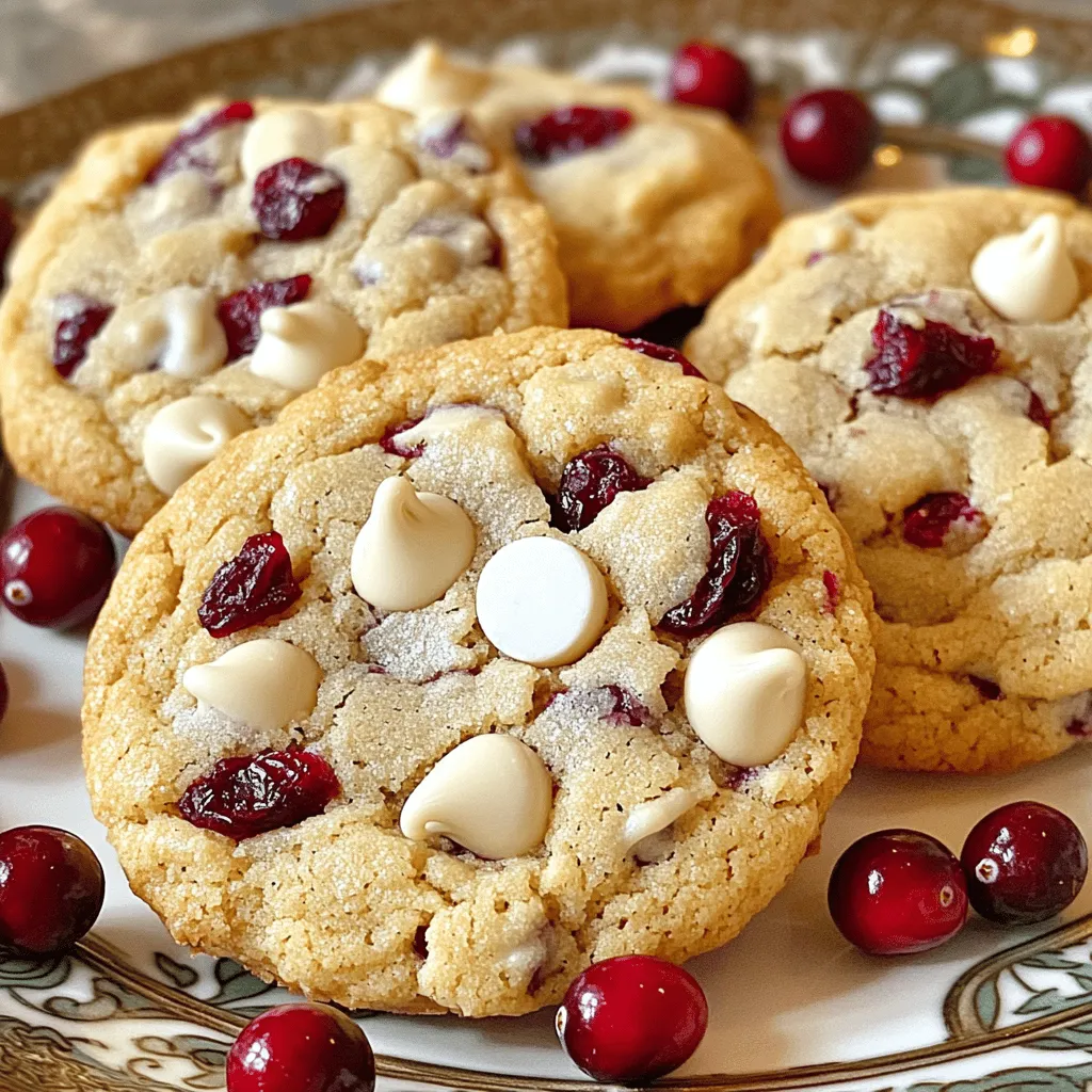 To make chewy white chocolate cranberry cookies, you need: - 1 cup unsalted butter, softened - 3/4 cup brown sugar, packed - 1/2 cup granulated sugar - 2 large eggs - 1 teaspoon vanilla extract - 2 cups all-purpose flour - 1/2 teaspoon baking soda - 1/2 teaspoon salt - 1 1/2 cups white chocolate chips - 1 cup dried cranberries - 1/2 teaspoon cinnamon (optional) The butter must be softened for easy mixing. It adds richness and flavor. Use good quality white chocolate chips for the best taste. They should melt slightly during baking, adding creaminess. Dried cranberries give a sweet and tart bite. They also add a nice color contrast to the cookies. You can replace the unsalted butter with coconut oil for a dairy-free option. Use dark chocolate chips instead of white chocolate for a bolder flavor. If you're allergic to gluten, try a gluten-free flour blend in place of all-purpose flour. Always check labels for allergens, especially in dried fruits and chocolate. Start by preheating your oven to 350°F (175°C). Line a baking sheet with parchment paper. In a large bowl, combine 1 cup of softened butter, 3/4 cup of brown sugar, and 1/2 cup of granulated sugar. Mix until the mixture is light and fluffy. Add 2 large eggs, one at a time, and mix well after each. Then stir in 1 teaspoon of vanilla extract. In another bowl, whisk together 2 cups of all-purpose flour, 1/2 teaspoon of baking soda, 1/2 teaspoon of salt, and 1/2 teaspoon of cinnamon if you want a warm flavor. Gradually mix the dry ingredients into the wet mixture. Stop mixing when just combined. Carefully fold in 1 1/2 cups of white chocolate chips and 1 cup of dried cranberries until they are evenly spread throughout the dough. Using a cookie scoop or a tablespoon, drop rounded balls of dough onto your prepared baking sheet. Make sure to leave space between each cookie, as they will spread while baking. Bake in your preheated oven for 10-12 minutes. Look for golden edges, but remember the centers should still look soft. Once baked, remove the cookies from the oven. Let them cool on the baking sheet for a few minutes before moving them to a wire rack. This helps them firm up. Allow them to cool completely on the rack. For storing, keep the cookies in an airtight container. They’ll stay fresh for several days, but trust me, they won’t last long! To get that perfect chewy texture, use fresh ingredients. Start with softened butter. It helps create a soft dough. Mix the sugars well until fluffy. This step is key! Make sure not to overbake the cookies; remove them when the edges are golden. The centers need to stay soft. Let them cool on the baking sheet for a few minutes. This helps maintain their chewiness. One common mistake is not measuring flour correctly. Too much flour leads to dry cookies. Use a kitchen scale for accuracy. Another mistake is overmixing the dough. This can make your cookies tough. Mix just until combined. Lastly, don’t forget to leave space between each cookie on the baking sheet. They spread out as they bake. I recommend using a stand mixer for mixing dough. It saves time and effort. A cookie scoop ensures even-sized cookies. This helps them bake evenly. Use parchment paper on your baking sheet. It prevents sticking and makes cleanup easy. Lastly, a wire rack is essential for cooling. It keeps the cookies from getting soggy. {{image_2}} You can make these cookies even better by adding nuts. Chopped walnuts or pecans add a nice crunch. You can also mix in other dried fruits. Try raisins or chopped apricots for a fun twist. These add extra flavor and texture. While white chocolate shines here, you can mix in different chocolates. Dark chocolate chips add depth and richness. Milk chocolate gives a sweeter taste. You can even use a blend of white and dark chocolate for a unique flavor combo. Play around and find what you love. For a seasonal touch, add spices like nutmeg or ginger. These flavors work well, especially in fall and winter. You can also include mini marshmallows for a fun, snowy look. This makes the cookies feel festive and special. Enjoy experimenting with flavors that match the season! You can store your baked cookies in an airtight container. This keeps them fresh and chewy. Place parchment paper between layers to avoid sticking. Stored this way, they last up to one week at room temperature. For longer storage, put them in the fridge. They stay good for up to two weeks there. You can freeze cookie dough for later use. First, scoop the dough onto a baking sheet. Freeze the balls for about an hour until firm. Then, transfer them to a freezer bag. Be sure to label the bag with the date. Frozen cookie dough lasts up to three months. When ready to bake, just bake them straight from the freezer. You may need to add an extra minute or two to the baking time. If you have leftover baked cookies, reheating is easy. Preheat your oven to 300°F (150°C). Place the cookies on a baking sheet. Heat for about five to seven minutes. This warms them up and restores their chewy texture. You can also use a microwave. Heat for about ten seconds. Just be careful not to overheat them, or they may become tough. Enjoy your cookies warm! To make your cookies softer, try these tips: - Use more brown sugar. It adds moisture. - Do not overmix the dough. This keeps them soft. - Bake for a shorter time. Remove them when the edges are golden. - Chilling the dough can also help. It makes a softer cookie. Yes, you can. Dried cherries, apricots, or raisins work well. - Each fruit adds a different flavor. - Just chop them into small pieces if needed. - Stay mindful of the sweetness. Adjust sugar if necessary. If you don’t have white chocolate, try these options: - Milk chocolate chips for a sweeter taste. - Dark chocolate chips for a richer flavor. - Even butterscotch chips can work! - Just remember to adjust the sweetness if needed. This article covered key points for making delicious cookies. We explored the main ingredients, how to prepare the dough, and tips for achieving a chewy texture. You also learned about fun variations and proper storage methods. Remember, practice makes perfect. Avoid common mistakes, and don’t be shy to try new flavors. Baking cookies can be fun and rewarding, giving you tasty treats to enjoy. Happy baking!