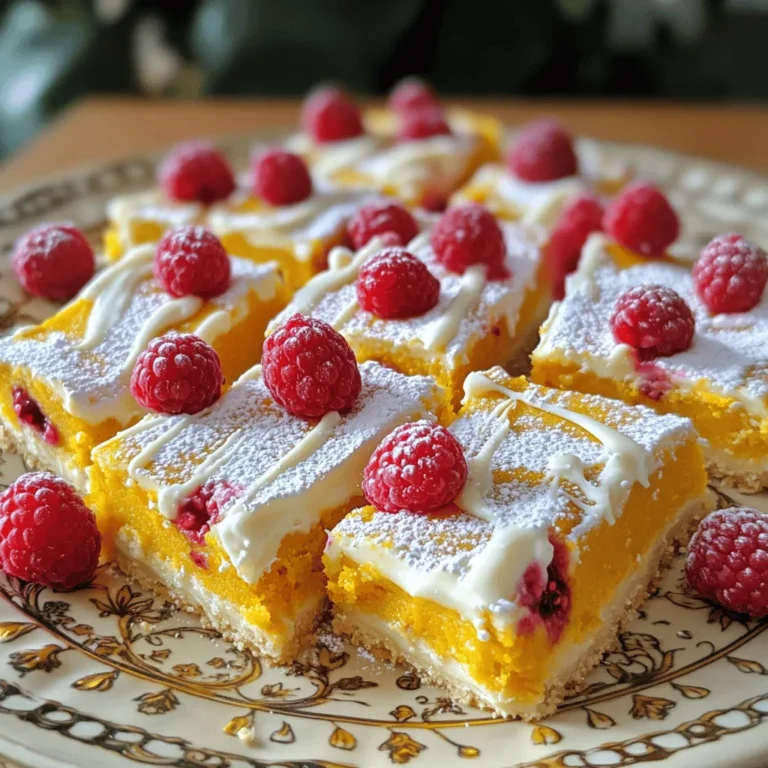 To make these tasty white chocolate raspberry pumpkin bars, you need these basic ingredients: - 1 cup graham cracker crumbs - 1/2 cup unsalted butter, melted - 1/4 cup brown sugar - 1 (8 oz) package cream cheese, softened - 1 cup pure pumpkin puree - 1/2 cup powdered sugar - 1 teaspoon vanilla extract - 1 teaspoon pumpkin spice - 1 cup white chocolate chips, melted - 1 cup fresh raspberries These ingredients blend together to create a creamy, rich filling. The graham cracker crust provides a perfect base, while the white chocolate adds a nice touch. You can make your bars even better with some optional toppings. Here are a few ideas: - Whipped cream - Extra melted white chocolate drizzle - More fresh raspberries These toppings add flavor and make your bars look great. Plus, they add a fun texture contrast. If you need to swap some ingredients, here are some easy substitutions: - Use coconut oil instead of butter for a dairy-free option. - Swap the cream cheese for a vegan cream cheese for a plant-based treat. - Use maple syrup instead of brown sugar for a natural sweetener. These swaps keep the bars delicious while catering to different diets. Don’t be afraid to get creative! To start, gather these ingredients: - 1 cup graham cracker crumbs - 1/2 cup unsalted butter, melted - 1/4 cup brown sugar In a mixing bowl, combine the graham cracker crumbs, melted butter, and brown sugar. Mix these ingredients until they blend well. You want a sandy texture. Next, press this mixture firmly into the bottom of a 9x9-inch baking dish. This will form a solid crust. Make sure it is even and compact. Now, refrigerate this base for about 10 minutes. This helps it set nicely. For the filling, you will need: - 1 (8 oz) package cream cheese, softened - 1 cup pure pumpkin puree - 1/2 cup powdered sugar - 1 teaspoon vanilla extract - 1 teaspoon pumpkin spice In another bowl, beat the softened cream cheese until it is smooth. This step is essential for a creamy texture. Next, add the pumpkin puree, powdered sugar, vanilla extract, and pumpkin spice. Mix these ingredients until they are well combined and creamy. This mixture should be thick but smooth. The flavors blend beautifully here. Now it’s time to combine our layers. First, melt 1 cup of white chocolate chips. Let them cool slightly before adding to the pumpkin mixture. Gently fold the melted white chocolate into the pumpkin cream cheese mixture until fully mixed in. Spread this creamy filling evenly over the chilled graham cracker crust. Now, take 1 cup of fresh raspberries. Evenly distribute them on top of the filling. Gently press them into the mixture. This adds a nice burst of flavor. Cover the dish with plastic wrap. Chill in the refrigerator for at least 4 hours. This will help the bars set. Once firm, cut into squares or bars. You can serve each piece with a dollop of whipped cream, if you want. Enjoy your delicious creation! To make your filling extra creamy, start with soft cream cheese. I let it sit at room temperature for about 30 minutes. This helps it blend better. When mixing, use a hand mixer. This tool gives you a smooth texture. After mixing the cream cheese, add the pumpkin puree slowly. This keeps the mixture from getting too thick. Lastly, fold in the melted white chocolate gently. This way, you keep the light and airy texture. Once you mix the filling, spread it over the crust evenly. Make sure to press it down lightly. This helps it set well. After layering, cover the dish with plastic wrap. It helps keep moisture in while it chills. I recommend refrigerating the bars for at least four hours. For best results, chill them overnight. This allows the flavors to blend and the bars to firm up. When it’s time to serve, cut the bars into squares. I like to use a sharp knife for clean edges. You can top each bar with whipped cream for extra creaminess. A drizzle of melted white chocolate adds a nice touch. For a pop of color, add a few fresh raspberries on top. This makes the bars look beautiful and appetizing. Enjoy these bars cold for the best flavor! {{image_2}} You can switch up the fruit in these bars. Try using strawberries or blueberries. Both fruits bring a fresh taste. You can even mix different fruits for added flavor. Just chop the fruit into small pieces. Press them gently into the top layer before chilling. You might want to change the chocolate base. Use dark chocolate instead of white chocolate. This swap adds a rich flavor. You can also try milk chocolate for a sweeter taste. Just melt the chocolate and mix it in the same way. Want a healthier twist? You can use whole grain graham crackers. This change boosts fiber. Swap cream cheese for Greek yogurt for less fat. You can also cut back on sugar by using honey or maple syrup. These swaps keep the bars tasty but lighter. To store leftovers, cut the bars into squares. Place them in an airtight container. Make sure to layer parchment paper between the bars. This keeps them from sticking together. Store the container in the fridge. The bars will stay fresh and tasty this way. Enjoy them within a week for the best flavor. You can freeze these bars for longer storage. First, cut the bars into squares. Then, wrap each square tightly in plastic wrap. Place the wrapped bars in a freezer-safe container. You can also use a zip-top bag. Make sure to remove as much air as possible. The bars can freeze for up to three months. When ready to eat, simply thaw them in the fridge overnight. These no-bake bars have a good shelf life. If you store them in the refrigerator, they last about five to seven days. If frozen, they can last up to three months. Keep an eye on any changes in smell or texture. If anything seems off, it’s best to toss them. Enjoy them fresh for the best taste! Yes, you can use dark or milk chocolate instead of white chocolate. Each will give a unique taste. Dark chocolate adds a rich flavor. Milk chocolate makes the bars sweeter. Just melt it the same way as white chocolate. Make sure to adjust the sugar if you use dark chocolate, as it is less sweet. These bars need at least 4 hours to chill. This time helps them set well. You want them firm and easy to cut. If you have the time, chill them overnight for the best texture. The longer they chill, the better they taste. If you don't have raspberries, try fresh strawberries or blueberries. Both fruits work well in this recipe. You can also use chopped cherries or even peaches. Just make sure to keep the fruit fresh for the best flavor. Each substitute will add a new twist to your bars. No-bake bars are easy and fun to make. We covered simple ingredients, tasty toppings, and swaps for your pantry needs. I shared step-by-step instructions to prepare, mix, and chill your bars perfectly. Tips for a creamy filling and how to serve them can help elevate your treats. You can also customize with different fruits and healthier options. Store them well for lasting freshness. Feel free to explore substitutes and answers to common questions. Now, you're ready to create delightful no-bake bars everyone will enjoy.