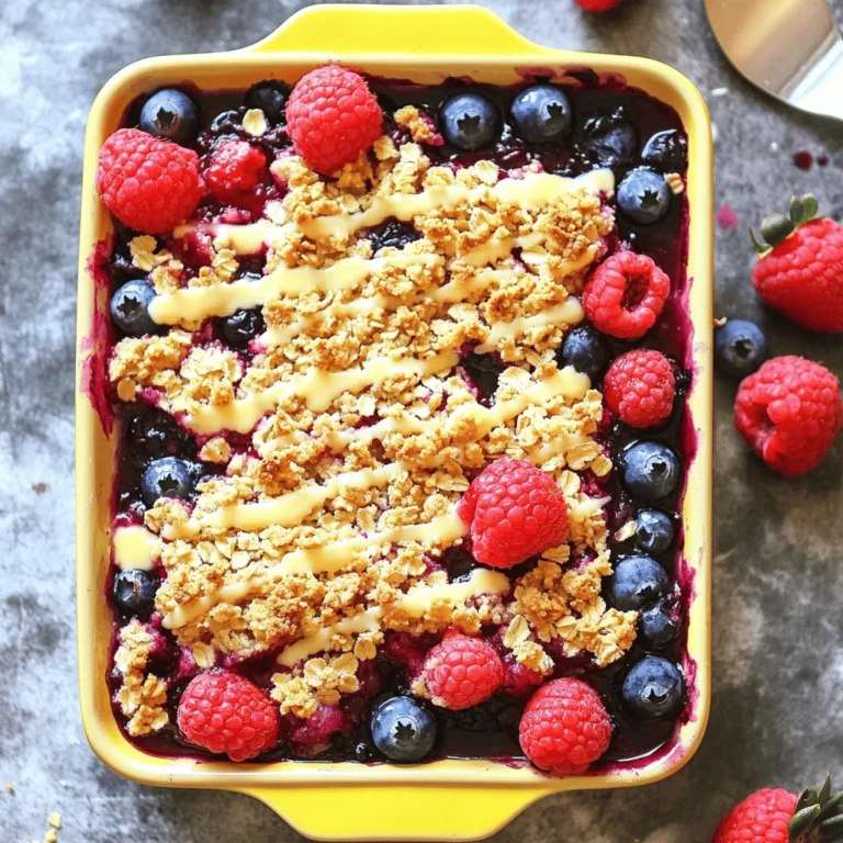 - 1 cup strawberries, hulled and sliced - 1 cup blueberries - 1 cup raspberries - 2 tablespoons sugar (adjust to taste) - 1 tablespoon cornstarch - 1 teaspoon vanilla extract - 1 cup rolled oats - 1/2 cup all-purpose flour - 1/2 cup brown sugar - 1/2 teaspoon cinnamon - 1/2 cup unsalted butter, melted - Pinch of salt The ingredients for triple berry crumble are simple and fresh. You will need three types of berries: strawberries, blueberries, and raspberries. Each berry adds its own unique flavor and color. Start with a cup of hulled and sliced strawberries. This base adds sweetness. Then, add a cup each of blueberries and raspberries. Their tartness balances the dish. You will also need sugar. Two tablespoons will enhance the berry flavors. If your berries are sweet, adjust the sugar down. Cornstarch helps thicken the juices. Use one tablespoon for the right texture. Add one teaspoon of vanilla extract for warmth and aroma. For the crumble topping, you need rolled oats. One cup gives a nice chewiness. Combine this with half a cup of all-purpose flour and half a cup of brown sugar. This mix creates a sweet and crumbly texture. A pinch of salt and half a teaspoon of cinnamon add depth. Finally, use half a cup of melted unsalted butter. It binds the topping and adds richness. - Alternative berries: You can swap out any berry. Try blackberries or peaches for a twist. - Sugar substitutes: Use honey or maple syrup if you want a natural sweetener. - Gluten-free options: Replace all-purpose flour with almond flour or a gluten-free blend. - Mixing bowls: You need two bowls for mixing the berries and the crumble. - Measuring cups: Accurate measurements ensure your dessert turns out great. - Baking dish: A 9-inch pie dish works best for even baking. 1. Preheat the oven Set your oven to 350°F (175°C). This heat will help cook the berries and crisp the topping. 2. Prepare the berry mixture In a large mixing bowl, add: - 1 cup strawberries, hulled and sliced - 1 cup blueberries - 1 cup raspberries - 2 tablespoons sugar (adjust to taste) - 1 tablespoon cornstarch - 1 teaspoon vanilla extract Mix gently. Let it sit to let the juices mix and the flavor grow. 3. Mix the crumble topping In another bowl, combine: - 1 cup rolled oats - 1/2 cup all-purpose flour - 1/2 cup brown sugar - 1/2 teaspoon cinnamon - 1/2 cup unsalted butter, melted - Pinch of salt Stir until it looks crumbly. This will be your crunchy topping. 1. Pouring the berry mixture into the dish Grease a 9-inch pie dish. Pour the berry mixture into the dish. Spread it out evenly. 2. Adding the crumble topping Evenly sprinkle the crumble topping over the berry layer. This will create a nice crunch. 3. Baking time and temperature Place the dish in the oven. Bake for 30-35 minutes. Look for a golden brown top and bubbling berries. 1. Cooling time before serving Once baked, take it out and let it cool for a bit. This helps the berries set. 2. Accompaniments Serve warm. Add a scoop of vanilla ice cream or a dollop of whipped cream. For a fun touch, garnish with fresh berries. Enjoy! To get the right texture, mix the oats, flour, brown sugar, and butter well. You want it crumbly but not too dry. If it feels too dry, add a bit more melted butter. Adjust the sweetness based on the berries. For tart berries, add more sugar. If your berries are sweet, cut back on the sugar. You can prepare the berry mix and crumble topping ahead of time. Keep them in the fridge until you are ready to bake. This saves time on busy days. When reheating, cover it with foil. This keeps the topping from getting too hard. Bake it at 350°F (175°C) until warm, about 15 minutes. Add spices like nutmeg or cardamom for an extra boost. A splash of almond extract can also enhance the flavor. Fresh herbs, like mint, make a great garnish. They add a nice touch and a pop of color. You can also sprinkle some on top just before serving. {{image_2}} You can switch up the berries in your crumble. Use blackberries or cherries for a new twist. Mix berries based on what you find fresh at the store. Seasonal fruits like peaches or apples can also work well. Each fruit adds its unique flavor and texture. Don’t be afraid to get creative with your berry choices! If you want a vegan option, swap butter for coconut oil or a vegan margarine. You can also use maple syrup instead of sugar for natural sweetness. For low-sugar options, try using stevia or monk fruit sweetener. Adjust the amount based on your taste. These swaps make the dessert friendly for many diets! Adding nuts or seeds can enhance the crunch of your topping. Chopped almonds, walnuts, or sunflower seeds are great choices. You can also try different types of crumble. Instead of oats, use a mix of crushed nuts for a nut-based crumble. This will change the flavor and texture, making it even more special. To keep your Triple Berry Crumble fresh, store it in the fridge. Place it in an airtight container. This helps to keep the berries juicy and the crumble from getting soggy. Use it within three days for the best taste. If you want to save it longer, freeze the crumble. Cut it into portions and wrap each piece in plastic wrap. Then, place the wrapped portions in a freezer bag. This way, you can enjoy it later. It can last up to three months in the freezer. For best taste, eat your crumble within three days if stored in the fridge. If frozen, it stays good for three months. Check for signs of spoilage before eating. If the berries look mushy or smell sour, it's time to toss it. To reheat, you can use the oven or microwave. For the oven, preheat it to 350°F (175°C). Place the crumble in an oven-safe dish and cover it with foil. Heat for about 15-20 minutes until warm. If you use the microwave, put a portion on a plate. Heat it for about 30 seconds. You may need to check and heat more if it’s not warm enough. Reheating helps keep the texture nice. Enjoy your berry delight warm! Triple Berry Crumble is a warm dessert made with three types of berries. You mix strawberries, blueberries, and raspberries together. Then, you top them with a crumbly mixture of oats, flour, and sugar. The bake gives it a golden crust. The berries become soft and juicy, creating a delightful contrast. Yes, you can use frozen berries! They work well in this recipe. Just remember to thaw them first. Drain any extra liquid to avoid a soggy crumble. If you use frozen fruit, add a bit more cornstarch to help thicken the filling. Your crumble is done when the topping turns golden brown. Check for bubbling around the edges. If the berries look hot and juicy, it’s ready to take out. Let it cool slightly before serving for the best texture. Absolutely! Doubling the recipe is easy. Just use twice the amount of each ingredient. Bake it in a larger dish so it cooks evenly. You may need to adjust the baking time slightly, so keep an eye on it. Serve your crumble warm with a scoop of vanilla ice cream. A dollop of whipped cream also pairs well. For drinks, try a cup of warm tea or a cold glass of lemonade. Each adds a nice touch to this sweet treat. In summary, we explored the simple yet delicious recipe for triple berry crumble. You learned about the key ingredients, how to substitute them, and useful tools for baking. We covered step-by-step instructions, tips for perfecting your dish, and variations to suit different diets. Finally, I shared storage and reheating methods to keep your crumble fresh. This recipe is not just easy to make; it’s a great way to enjoy seasonal fruits. Enjoy your baking and the delicious rewards that follow!
