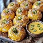 - 1 ½ cups warm water (110°F to 115°F) - 1 packet (2 ¼ teaspoons) active dry yeast - 1 tablespoon granulated sugar - 4 cups all-purpose flour - 1 teaspoon salt - 4 tablespoons unsalted butter, melted - 1 cup sharp cheddar cheese, grated - 2-3 fresh jalapeños, finely diced - 10 cups water (for boiling) - ⅔ cup baking soda - Coarse sea salt, for topping The ingredients for Cheddar Jalapeño Pretzel Bites blend perfectly. The warm water wakes up the yeast. Sugar adds a touch of sweetness. Flour gives the bites their chewy texture. Salt enhances flavor. Butter adds richness. Sharp cheddar cheese gives a bold taste. Jalapeños bring heat and flavor. You can personalize your pretzel bites even more. Try adding: - Cooked bacon bits for a smoky flavor. - Fresh herbs like chives or cilantro for freshness. - A sprinkle of garlic powder for extra flavor. These additions can elevate your bites, making them unique to your taste. Serve your Cheddar Jalapeño Pretzel Bites with these fun dips: - Spicy cheese sauce for a creamy, zesty kick. - Honey mustard for a sweet and tangy contrast. - Salsa for a fresh and fruity touch. Pairing these bites with the right dips enhances the experience. Enjoy experimenting with different combinations! Start by mixing 1 ½ cups of warm water, 1 packet of yeast, and 1 tablespoon of sugar in a large bowl. Wait about 5 minutes. You want the mixture to foam, showing the yeast is active. Next, add 4 cups of flour, 1 teaspoon of salt, and 4 tablespoons of melted butter. Stir until you see a dough form. Now, knead the dough on a floured surface for about 5 to 7 minutes. You want it to be smooth and elastic. After that, mix in 1 cup of grated cheddar cheese and 2-3 finely diced jalapeños. Knead again to distribute them evenly. Place the dough in a greased bowl. Cover it with a kitchen towel. Let it rise in a warm spot for about 45 minutes. It should double in size. After the dough has risen, punch it down gently. Turn it out onto a floured surface. Divide the dough into 1-inch pieces. Roll each piece into a small ball. This will be your pretzel bite. Make sure they are uniform in size for even baking. Preheat your oven to 425°F. Line a baking sheet with parchment paper. In a large pot, boil 10 cups of water. Carefully add ⅔ cup of baking soda to the boiling water. Be cautious, as it may foam up. Take each dough ball and boil it for about 30 seconds. Use a slotted spoon to remove them and place them on the baking sheet. Sprinkle coarse sea salt on each pretzel bite. Now, bake them in the preheated oven for 12 to 15 minutes. You want them golden brown. Once done, let them cool slightly before enjoying. To ensure your dough rises well, use warm water between 110°F and 115°F. This range helps activate the yeast. After mixing, let it sit until foamy, about 5 minutes. This step is crucial for a light texture. Cover the dough with a clean towel while it rises. A warm, draft-free spot works best. Check the dough after 45 minutes; it should double in size. Choose sharp cheddar for a bold flavor. Grate it finely for even melting. The jalapeños should be diced small to distribute their heat. Feel free to adjust the amount of jalapeño to your spice preference. If you want a milder taste, remove the seeds and membranes. Mixing cheese and jalapeños into the dough adds a tasty kick. It’s important that they are well combined for the best flavor. Kneading the dough is key to a nice texture. Knead for 5 to 7 minutes until smooth and elastic. This helps develop gluten, giving the pretzels their chewy bite. Boiling the pretzel bites in baking soda water creates a crisp crust. This step is vital for that classic pretzel taste. After baking, let them cool slightly before serving. This enhances their flavor and makes them easier to eat. Enjoy your Cheddar Jalapeño Pretzel Bites! {{image_2}} You can switch up the cheese for fun. Try mozzarella for a stretchy bite. Pepper jack adds extra spice and creaminess. Gouda gives a nice smoky flavor. Experiment with cheese blends to find your favorite! If you want less heat, use fewer jalapeños. Try mild peppers like banana or poblano. You can also remove the seeds for a milder bite. For more heat, add a dash of cayenne or crushed red pepper. For a gluten-free version, swap all-purpose flour with a gluten-free blend. Look for a blend that works for bread. Ensure your baking soda and other ingredients are gluten-free. These adjustments let everyone enjoy your pretzel bites! After baking, let your Cheddar Jalapeño Pretzel Bites cool completely. This step prevents sogginess. Place them in an airtight container. They stay fresh for about 2-3 days at room temperature. For longer freshness, keep them in the fridge. In the fridge, they last about a week. To freeze, first cool the pretzel bites completely. Then, arrange them in a single layer on a baking sheet. Freeze them for about an hour until firm. After that, transfer them to a freezer-safe bag. Remove as much air as you can. They can stay frozen for up to 3 months. To reheat, preheat your oven to 350°F (175°C). Place the pretzel bites on a baking sheet. Heat for about 10-15 minutes until warm. You can also microwave them for 20-30 seconds. If you want a crispier bite, stick to the oven method. Enjoy them warm for the best taste! Yes, you can make Cheddar Jalapeño Pretzel Bites ahead of time. After you form the dough balls, wrap them tightly in plastic wrap. Place them in the fridge for up to 24 hours. When you're ready to bake, just boil and bake them as usual. This way, you save time on a busy day. These pretzel bites are great on their own, but dipping sauces make them even better. I love serving them with a spicy cheese sauce or honey mustard. You could also try a creamy ranch dip or a tangy salsa. Each dip adds fun flavors that make the bites shine. You can easily adjust this recipe. For a gluten-free option, use gluten-free all-purpose flour. If you're avoiding dairy, try using a non-dairy cheese. To reduce spice, use less jalapeño or omit it altogether. Each change keeps the taste good while meeting your needs. Making Cheddar Jalapeño Pretzel Bites is fun and rewarding. We covered the key ingredients, gave step-by-step instructions, and shared tips for the best results. You now know about variations and how to store or reheat them. Feel free to make these bites your own. Test different cheeses or spice levels to suit your taste. Whether for a party or a snack, these pretzel bites bring joy to any gathering. Enjoy the tasty results and impress your friends and family with your homemade creation.