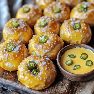 - 1 ½ cups warm water (110°F to 115°F) - 1 packet (2 ¼ teaspoons) active dry yeast - 1 tablespoon granulated sugar - 4 cups all-purpose flour - 1 teaspoon salt - 4 tablespoons unsalted butter, melted - 1 cup sharp cheddar cheese, grated - 2-3 fresh jalapeños, finely diced - 10 cups water (for boiling) - ⅔ cup baking soda - Coarse sea salt, for topping The ingredients for Cheddar Jalapeño Pretzel Bites blend perfectly. The warm water wakes up the yeast. Sugar adds a touch of sweetness. Flour gives the bites their chewy texture. Salt enhances flavor. Butter adds richness. Sharp cheddar cheese gives a bold taste. Jalapeños bring heat and flavor. You can personalize your pretzel bites even more. Try adding: - Cooked bacon bits for a smoky flavor. - Fresh herbs like chives or cilantro for freshness. - A sprinkle of garlic powder for extra flavor. These additions can elevate your bites, making them unique to your taste. Serve your Cheddar Jalapeño Pretzel Bites with these fun dips: - Spicy cheese sauce for a creamy, zesty kick. - Honey mustard for a sweet and tangy contrast. - Salsa for a fresh and fruity touch. Pairing these bites with the right dips enhances the experience. Enjoy experimenting with different combinations! Start by mixing 1 ½ cups of warm water, 1 packet of yeast, and 1 tablespoon of sugar in a large bowl. Wait about 5 minutes. You want the mixture to foam, showing the yeast is active. Next, add 4 cups of flour, 1 teaspoon of salt, and 4 tablespoons of melted butter. Stir until you see a dough form. Now, knead the dough on a floured surface for about 5 to 7 minutes. You want it to be smooth and elastic. After that, mix in 1 cup of grated cheddar cheese and 2-3 finely diced jalapeños. Knead again to distribute them evenly. Place the dough in a greased bowl. Cover it with a kitchen towel. Let it rise in a warm spot for about 45 minutes. It should double in size. After the dough has risen, punch it down gently. Turn it out onto a floured surface. Divide the dough into 1-inch pieces. Roll each piece into a small ball. This will be your pretzel bite. Make sure they are uniform in size for even baking. Preheat your oven to 425°F. Line a baking sheet with parchment paper. In a large pot, boil 10 cups of water. Carefully add ⅔ cup of baking soda to the boiling water. Be cautious, as it may foam up. Take each dough ball and boil it for about 30 seconds. Use a slotted spoon to remove them and place them on the baking sheet. Sprinkle coarse sea salt on each pretzel bite. Now, bake them in the preheated oven for 12 to 15 minutes. You want them golden brown. Once done, let them cool slightly before enjoying. To ensure your dough rises well, use warm water between 110°F and 115°F. This range helps activate the yeast. After mixing, let it sit until foamy, about 5 minutes. This step is crucial for a light texture. Cover the dough with a clean towel while it rises. A warm, draft-free spot works best. Check the dough after 45 minutes; it should double in size. Choose sharp cheddar for a bold flavor. Grate it finely for even melting. The jalapeños should be diced small to distribute their heat. Feel free to adjust the amount of jalapeño to your spice preference. If you want a milder taste, remove the seeds and membranes. Mixing cheese and jalapeños into the dough adds a tasty kick. It’s important that they are well combined for the best flavor. Kneading the dough is key to a nice texture. Knead for 5 to 7 minutes until smooth and elastic. This helps develop gluten, giving the pretzels their chewy bite. Boiling the pretzel bites in baking soda water creates a crisp crust. This step is vital for that classic pretzel taste. After baking, let them cool slightly before serving. This enhances their flavor and makes them easier to eat. Enjoy your Cheddar Jalapeño Pretzel Bites! {{image_2}} You can switch up the cheese for fun. Try mozzarella for a stretchy bite. Pepper jack adds extra spice and creaminess. Gouda gives a nice smoky flavor. Experiment with cheese blends to find your favorite! If you want less heat, use fewer jalapeños. Try mild peppers like banana or poblano. You can also remove the seeds for a milder bite. For more heat, add a dash of cayenne or crushed red pepper. For a gluten-free version, swap all-purpose flour with a gluten-free blend. Look for a blend that works for bread. Ensure your baking soda and other ingredients are gluten-free. These adjustments let everyone enjoy your pretzel bites! After baking, let your Cheddar Jalapeño Pretzel Bites cool completely. This step prevents sogginess. Place them in an airtight container. They stay fresh for about 2-3 days at room temperature. For longer freshness, keep them in the fridge. In the fridge, they last about a week. To freeze, first cool the pretzel bites completely. Then, arrange them in a single layer on a baking sheet. Freeze them for about an hour until firm. After that, transfer them to a freezer-safe bag. Remove as much air as you can. They can stay frozen for up to 3 months. To reheat, preheat your oven to 350°F (175°C). Place the pretzel bites on a baking sheet. Heat for about 10-15 minutes until warm. You can also microwave them for 20-30 seconds. If you want a crispier bite, stick to the oven method. Enjoy them warm for the best taste! Yes, you can make Cheddar Jalapeño Pretzel Bites ahead of time. After you form the dough balls, wrap them tightly in plastic wrap. Place them in the fridge for up to 24 hours. When you're ready to bake, just boil and bake them as usual. This way, you save time on a busy day. These pretzel bites are great on their own, but dipping sauces make them even better. I love serving them with a spicy cheese sauce or honey mustard. You could also try a creamy ranch dip or a tangy salsa. Each dip adds fun flavors that make the bites shine. You can easily adjust this recipe. For a gluten-free option, use gluten-free all-purpose flour. If you're avoiding dairy, try using a non-dairy cheese. To reduce spice, use less jalapeño or omit it altogether. Each change keeps the taste good while meeting your needs. Making Cheddar Jalapeño Pretzel Bites is fun and rewarding. We covered the key ingredients, gave step-by-step instructions, and shared tips for the best results. You now know about variations and how to store or reheat them. Feel free to make these bites your own. Test different cheeses or spice levels to suit your taste. Whether for a party or a snack, these pretzel bites bring joy to any gathering. Enjoy the tasty results and impress your friends and family with your homemade creation.