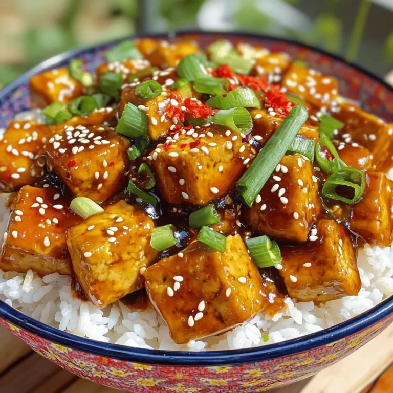 - 1 block (14 oz) firm tofu, pressed and diced - 1/4 cup soy sauce (low-sodium preferred) - 2 tablespoons teriyaki sauce - 4 cloves garlic, minced - 1 tablespoon fresh ginger, grated - 1 tablespoon maple syrup or honey - 1 teaspoon red pepper flakes (adjust to taste) - 3 green onions, chopped - 1 tablespoon sesame seeds - Cooked rice - Quinoa When I create Spicy Garlic Teriyaki Tofu, I focus on the main ingredients. Firm tofu is key. It holds up well and absorbs flavors nicely. I use low-sodium soy sauce for a savory kick without too much salt. Teriyaki sauce adds sweetness and a hint of umami. Garlic and ginger are my go-to aromatics. They bring warmth and depth to every bite. For a hint of sweetness, I often add maple syrup or honey. If you like heat, red pepper flakes can spice things up. For garnishing, I love using green onions and sesame seeds. They give a pop of color and crunch. Serving this dish over cooked rice or quinoa makes it hearty and satisfying. Both options soak up the delicious sauce well. You can mix and match these ingredients to fit your taste. Get creative and enjoy the cooking process! First, you need to press the tofu. This step removes excess moisture so the tofu will crisp well. Wrap the block of firm tofu in a clean kitchen towel. Place a heavy object on top. Let it sit for about 20 minutes. After pressing, cut the tofu into 1-inch cubes. This size helps it cook evenly. Next, whisk the sauce ingredients together. In a small bowl, combine 1/4 cup of soy sauce, 2 tablespoons of teriyaki sauce, and 1 tablespoon of maple syrup or honey. Add 1 tablespoon of freshly grated ginger and 1 teaspoon of red pepper flakes for some heat. Mix well and set it aside for later use. Now, it’s time to sauté the tofu. Heat 2 tablespoons of vegetable oil in a large skillet over medium-high heat. Once the oil is hot, add the diced tofu cubes. Cook for about 5-7 minutes. Turn the cubes occasionally until they turn golden brown and crispy on all sides. After the tofu is crispy, lower the heat to medium. Add 4 cloves of minced garlic to the skillet. Sauté the garlic for about 1 minute until it becomes fragrant, but be careful not to burn it. Then, pour the sauce over the tofu in the skillet. Stir gently to coat all the pieces evenly. Let it cook for another 3-4 minutes. This allows the sauce to thicken and caramelize on the tofu. For a great presentation, serve the spicy garlic teriyaki tofu in a colorful bowl. You can garnish it with additional sesame seeds and chopped green onions on top. For the base, consider using fluffy rice or colorful quinoa. This adds texture and flavor to your dish. Enjoy your meal! Tofu needs pressing to get the best texture. Pressing removes excess water. This helps it absorb more sauce. To press tofu, wrap it in a clean towel. Place a heavy object on top for about 20 minutes. After pressing, cut the tofu into 1-inch cubes. This gives you a crispy outside and soft inside. If you want more or less heat, red pepper flakes are easy to adjust. Start with a teaspoon. If you like it spicy, add more. You can also mix in other spices like cayenne or chili powder. Always taste as you go. This way, you can find the perfect heat for your palate. Adding spices can make your dish even better. Try using five-spice powder for a warm flavor. You might also like a splash of sriracha for extra kick. If you're a fan of sweetness, add more maple syrup or honey. You can even mix in lime juice for a zesty twist. Experiment with different sauces to find your favorite! {{image_2}} If you want to switch things up, try using tempeh instead of tofu. Tempeh has a nutty taste and a firmer texture. It holds flavors well and offers a great protein boost. You can also use chicken if you prefer meat. Chicken absorbs the teriyaki sauce nicely, creating a delicious dish. Adding vegetables can make this dish even better. I love to toss in bell peppers for a sweet crunch. Broccoli and snap peas add color and nutrition. You can also use carrots for a bit of sweetness. Just remember to add them when you sauté the tofu to cook them just right. If you're out of teriyaki sauce, don’t worry! You can use hoisin sauce for a sweet and tangy twist. A splash of sriracha can spice things up if you like heat. Mixing soy sauce with a bit of brown sugar gives a nice flavor, too. Each option adds a unique taste to your meal. To keep your spicy garlic teriyaki tofu fresh, store leftovers in an airtight container. Place the tofu in the fridge within two hours of cooking. It will stay good for up to three days. Make sure to separate the tofu from sauces if possible. This helps maintain the texture and flavor. When you reheat the tofu, do it gently. Use a skillet over medium heat. Add a splash of water or vegetable broth to help steam the tofu. Stir it often to keep it from sticking. This method helps keep the tofu's crispy texture. Avoid using the microwave, as it can make the tofu soggy. You can freeze leftover tofu, but it changes the texture. To freeze, place the tofu in an airtight container or freezer bag. Make sure to remove as much air as possible. It will last for about three months. To thaw, move the tofu to the fridge overnight. Once thawed, you may want to press it again to remove excess moisture before cooking. Yes, you can use extra-firm tofu. Extra-firm tofu has less moisture than firm tofu. This makes it denser and chewier. It will also hold its shape better when cooking. If you use extra-firm tofu, press it for a shorter time. Pressing helps improve texture and flavor absorption. Aim for about 10 minutes. This change will still give you a great dish! The spice level can vary based on your taste. The recipe uses one teaspoon of red pepper flakes. This amount gives a nice kick. If you prefer less heat, reduce the red pepper flakes. You can start with half a teaspoon. For those who love spice, add more! You can always adjust to your liking. This dish is packed with nutrients. Each serving has about 200 calories. It contains protein from the tofu, fiber from the garlic, and healthy fats from the sesame seeds. Nutritional Breakdown (approx. per serving): - Calories: 200 - Protein: 15g - Carbohydrates: 10g - Fiber: 2g - Fat: 12g This dish is not only tasty but also nutritious! It's a great choice for a healthy meal. This article covered how to make Spicy Garlic Teriyaki Tofu. We explored key ingredients like tofu, sauces, and spices. I shared step-by-step instructions for preparing, cooking, and serving the dish. You learned tips for perfecting tofu texture and how to enhance flavor. We discussed storage options and alternatives for proteins and veggies. Now, you can create a tasty meal that fits your taste and needs. Enjoy your cooking journey!