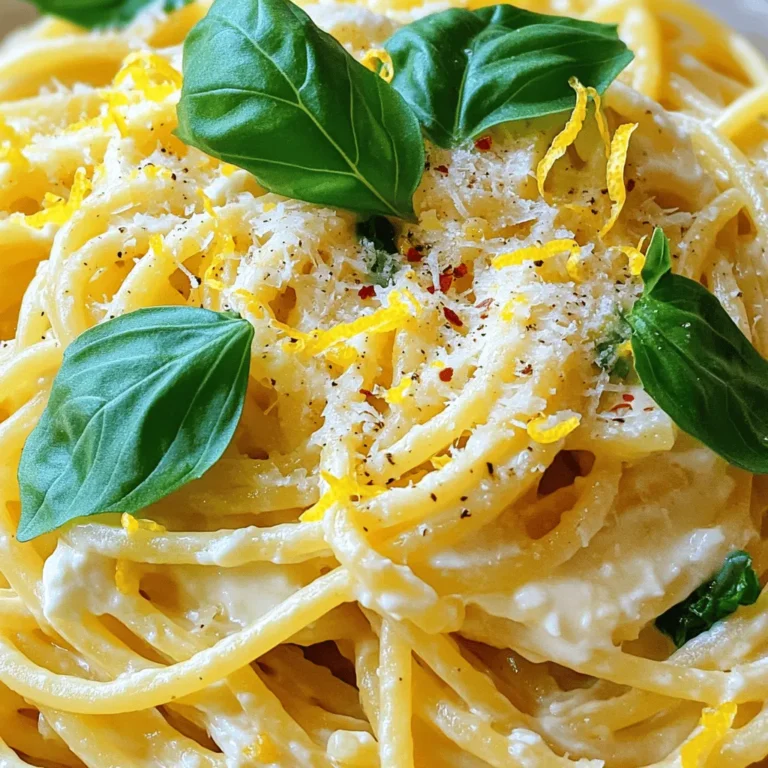 To make Lemon Ricotta Pasta, you'll need: - 12 oz spaghetti or your choice of pasta - 1 cup fresh ricotta cheese - 1 lemon (zest and juice) - 2 cloves garlic, minced - 1/4 cup grated Parmesan cheese - 2 tablespoons olive oil - Salt and pepper to taste - Fresh basil leaves for garnish - Crushed red pepper flakes (optional) Measuring ingredients helps keep your dish tasty. Here are some tips: - Use a kitchen scale for the pasta. Twelve ounces is about 340 grams. - One cup of ricotta equals about 240 grams. Level it off for accuracy. - Zest the lemon before juicing it to get the best flavor. You can swap ingredients if you want. Here are some ideas: - Use whole wheat or gluten-free pasta for a different base. - Swap ricotta for cottage cheese for a lighter option. - Try other herbs, like parsley or mint, instead of basil. - Add spinach or arugula for extra greens. To start, fill a large pot with water. Add a good amount of salt to it. Bring the water to a boil over high heat. Once boiling, add 12 oz of your favorite pasta. I like spaghetti, but any pasta works. Cook the pasta according to the package directions until it is al dente. This usually takes about 8 to 10 minutes. When it’s done, save 1 cup of pasta water. Then, drain the pasta and set it aside. While the pasta cooks, grab a bowl. In this bowl, add 1 cup of fresh ricotta cheese. Next, zest and juice 1 lemon. Be sure to add both the zest and juice to the ricotta. Mince 2 cloves of garlic and add them as well. Now, add 1/4 cup of grated Parmesan cheese. Mix everything together until it is smooth. Taste it and add salt and pepper as needed. This mixture should be creamy and full of flavor. Now, take the pot you used for the pasta and add 2 tablespoons of olive oil. Heat it over medium heat. Once warmed, add the cooked pasta to the pot. Toss the pasta in the olive oil to coat it well. Next, remove the pot from heat. Add the ricotta mixture to the pasta. If it seems too thick, use the reserved pasta water a little at a time to make it creamier. Toss everything together gently. Make sure the pasta is well-coated with the ricotta sauce. Finally, taste the dish. Adjust the seasoning with more salt, pepper, or lemon juice if needed. For a spicy kick, sprinkle in some crushed red pepper flakes. Serve the pasta in bowls and garnish with fresh basil leaves. Enjoy your flavorful Lemon Ricotta Pasta! To get the best creaminess, use fresh ricotta cheese. It tastes great and blends well. When mixing, add a little reserved pasta water. This helps to make the sauce smooth and light. You want a texture that clings to the pasta. It should not be too thick or too runny. Seasoning is key for flavor. Start with salt and pepper. Taste after mixing in the ricotta. If it needs more, add a little more salt. For a zesty kick, squeeze in extra lemon juice. I love to add crushed red pepper flakes for heat. This makes the dish more exciting. You can switch out some ingredients for variety. If you don't have ricotta, try cottage cheese. For a nutty flavor, add a sprinkle of toasted pine nuts. Fresh herbs like parsley or oregano can replace basil. This gives the dish a fresh twist. You can even use whole wheat pasta for added fiber. {{image_2}} You can easily add protein to your Lemon Ricotta Pasta. Chicken and shrimp work great. For chicken, use grilled or sautéed pieces. Cut them into bite-sized chunks. Toss them in with the pasta before serving. For shrimp, sauté them in olive oil with garlic until pink. Then mix them in right after you add the ricotta sauce. This adds flavor and makes the dish heartier. If you want a vegetarian meal, skip the meat. You can add veggies like spinach or zucchini for extra nutrition. Sauté them in olive oil before mixing them with the pasta. You can also swap ricotta for feta cheese. This gives a different, tangy flavor. Another option is to use plant-based cheese for a dairy-free version. Just make sure it melts well. While spaghetti is a classic choice, feel free to try other pasta types. Penne, fusilli, or fettuccine can all work well. Each shape holds the sauce differently. For a gluten-free meal, use chickpea or brown rice pasta. These options bring new textures and flavors to the dish. Choose what you love best! Store your leftover Lemon Ricotta Pasta in an airtight container. Make sure it is cool before sealing. This keeps the pasta fresh and prevents it from drying out. You can store it in the fridge for up to three days. When reheating, use a skillet for best results. Add a splash of water or olive oil to keep it moist. Heat on low, stirring gently until warmed through. You can also use the microwave; just cover it to avoid splatter. Heat in short intervals and stir often. If you want to freeze the pasta, separate it into single servings. Place each serving in a freezer-safe bag. It can last up to three months in the freezer. To reheat frozen pasta, thaw it in the fridge overnight. Then, use the skillet method for a fresh taste. You can serve Lemon Ricotta Pasta with a simple salad. A fresh green salad works well. Add some cherry tomatoes and cucumbers for crunch. Garlic bread pairs nicely too. You might also try grilled vegetables on the side. For drinks, a light white wine goes well with this dish. Yes, you can prepare the ricotta mixture ahead of time. Store it in the fridge for up to two days. Cook the pasta fresh when you are ready to eat. Combine the pasta with the ricotta mixture at meal time. This keeps everything creamy and fresh. Lemon Ricotta Pasta is great for meal prep! You can make a big batch and store it. Keep it in airtight containers in the fridge. It stays tasty for about three days. Just reheat it on the stove or in the microwave. Add a splash of water to keep it creamy. In this blog post, we explored how to create delicious Lemon Ricotta Pasta. We covered the ingredients needed, precise measurements, and alternative options for flexibility. The step-by-step instructions, along with tips for creaminess and flavor balance, help ensure your dish shines. We also discussed variations for proteins, vegetarian options, and pasta types. Finally, you learned the best ways to store leftovers and answers to common questions. Enjoy making your own Lemon Ricotta Pasta, and feel free to experiment along the way!