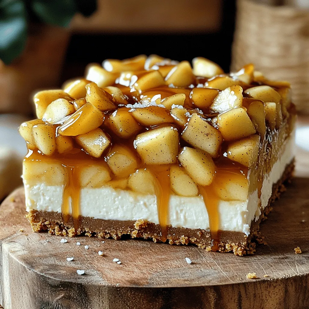 - 1 ½ cups graham cracker crumbs - ½ cup unsalted butter, melted - ¼ cup sugar - 2 (8 oz) packages cream cheese, softened - ¾ cup sugar - 2 large eggs - 1 teaspoon vanilla extract - 1 teaspoon cinnamon - 2 cups apples, peeled, cored, and diced - ¼ cup sugar - 1 teaspoon cinnamon - 2 tablespoons lemon juice - 1 tablespoon cornstarch - ½ cup caramel sauce - 1 teaspoon sea salt (optional) To make these caramel apple pie cheesecake bars, start with the crust. The crust has graham cracker crumbs, melted butter, and sugar. This mix creates a sweet and crunchy base. Next, for the cheesecake filling, use softened cream cheese, sugar, eggs, vanilla extract, and cinnamon. This filling is rich and smooth. Then, prepare the apple pie layer. Use two cups of diced apples, sugar, cinnamon, lemon juice, and cornstarch. The apples add sweetness and spice. Finally, for the topping, drizzle caramel sauce on top. You can add sea salt for balance. This mix of flavors makes your bars truly special. 1. First, preheat your oven to 350°F (175°C). Grease a 9x9-inch baking pan. You can also line it with parchment paper for easy removal. 2. In a bowl, mix together 1 ½ cups of graham cracker crumbs, ½ cup of melted unsalted butter, and ¼ cup of sugar. Stir until the mixture is well combined. 3. Press this mixture firmly into the bottom of your prepared pan. Bake the crust for 10 minutes. Allow it to cool completely before adding the filling. 1. In a mixing bowl, beat together 2 packages of softened cream cheese and ¾ cup of sugar. Mix until the mixture is smooth and creamy. 2. Next, add in 2 large eggs, 1 teaspoon of vanilla extract, and 1 teaspoon of cinnamon. Blend everything well until it is fully combined. 1. Pour the cheesecake filling over your cooled crust. Spread it evenly with a spatula. 2. In another bowl, toss together 2 cups of diced apples, ¼ cup of sugar, 1 teaspoon of cinnamon, 2 tablespoons of lemon juice, and 1 tablespoon of cornstarch. Make sure the apples are well coated. 3. Distribute the apple mixture evenly over the cheesecake layer. Gently press the apples down to nestle them into the filling. 4. Bake the entire pan for 40-45 minutes. The cheesecake should be set, and the apples should be tender. Once done, let it cool at room temperature for about 30 minutes. 1. Drizzle ½ cup of caramel sauce over the top while it is still warm or after it has completely cooled. 2. If you want, sprinkle 1 teaspoon of sea salt on top for an extra flavor boost. To make a great crust, aim for even thickness. I press the graham cracker mix firmly into the pan. This helps it hold together well. If you want a twist, try using crushed cookies instead of graham crackers. Oreos or gingersnaps can add fun flavors. For a creamy filling, beat the cream cheese until smooth. This step is key! If you can’t use cream cheese, try mascarpone or a dairy-free option like cashew cream. These swaps can still give you a tasty treat. When picking apples, use a mix of sweet and tart ones. Granny Smith and Honeycrisp are great choices. They add depth to the flavor. To enhance the apple taste, sprinkle in some nutmeg or allspice. These spices will make your bars shine even more. {{image_2}} You can change up the flavor of these bars easily. Try making caramel pecan apple pie cheesecake bars. Just add chopped pecans to the apple layer and drizzle some extra caramel on top. The nuts add a nice crunch that pairs well with the creamy filling. Another fun option is pumpkin spice apple cheesecake bars. Swap some of the cream cheese with pumpkin puree. Then, add pumpkin spice to the cheesecake filling. This gives a cozy fall flavor that many people love. If you need a gluten-free crust, use almond flour or gluten-free graham cracker crumbs. Mix it with melted butter and sugar just like in the regular recipe. This way, you keep the same great taste without gluten. For a vegan cheesecake, replace cream cheese with cashew cream or tofu. Use a plant-based butter for the crust. You can also substitute eggs with flaxseed meal mixed with water. This makes a nice creamy filling that everyone can enjoy. These bars are great with ice cream or whipped cream. A scoop of vanilla ice cream on top adds a creamy touch that complements the flavors well. You can also serve it with a dollop of whipped cream for a light finish. When it comes to serving, you can enjoy these bars warm or chilled. Warm bars have a soft and gooey texture. Cold bars give a firmer bite and are refreshing. You can choose based on your mood! Keep your leftover caramel apple pie cheesecake bars in the fridge. Use an airtight container to prevent them from drying out. They will stay fresh for about 5 days. The flavors deepen as they chill, making each bite even better. You can freeze these cheesecake bars for longer storage. First, cut them into squares. Wrap each square tightly in plastic wrap. Then, place them in a freezer bag. They can last up to 3 months in the freezer. To enjoy, take them out and let them thaw in the fridge overnight. If you want them warm, pop them in the oven at 350°F for about 10 minutes. Enjoy a sweet treat any time! Yes, you can. I recommend making them up to two days before serving. Just store them in the fridge. Keep them covered to stay fresh. If you want a dairy-free option, use cashew cream or tofu. For a lower-fat choice, try Greek yogurt or cottage cheese. Both options can work well in this recipe. Look for a slight jiggle in the center. The edges should be firm and not wobbly. When it cools, it will set more. Absolutely! You can use whole wheat flour instead of graham cracker crumbs. Swap out half the sugar for honey. You can also add oats for texture and fiber. You’ve learned how to make delicious Apple Pie Cheesecake Bars from scratch. We covered key ingredients, preparation steps, and helpful tips to perfect your creation. Remember to experiment with flavors and modifications to make the recipe your own. Whether you serve them warm or chilled, these bars offer a delightful mix of textures and tastes. Enjoy sharing your tasty treat with family and friends, and feel free to customize it to fit your style!