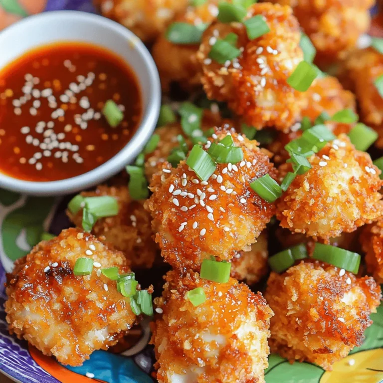 To make tasty air fryer spicy sweet chili chicken bites, gather these key ingredients: - 1 pound boneless, skinless chicken thighs, cut into bite-sized pieces - 1/2 cup all-purpose flour - 1 teaspoon garlic powder - 1 teaspoon onion powder - 1/2 teaspoon smoked paprika - 1/2 teaspoon cayenne pepper (adjust for heat preference) - Salt and pepper to taste - 1 large egg, beaten - 1 cup panko breadcrumbs - 1/2 cup sweet chili sauce These ingredients blend flavors and help create a crispy coating. For those who love a kick, add these optional ingredients to enhance taste: - 2 tablespoons sriracha (for extra heat) This addition brings a zesty flair to your chicken. To make your dish look great and add freshness, use these garnishes: - Chopped green onions - Sesame seeds These garnishes add color and texture, making your chicken bites pop on the plate. First, take 1 pound of boneless, skinless chicken thighs. Cut them into bite-sized pieces. In a large bowl, season the chicken with salt, pepper, garlic powder, onion powder, smoked paprika, and cayenne pepper. Mix the chicken well, so every piece gets coated. This step adds so much flavor to your chicken bites. Now, let’s create a breading station. Grab three bowls. In the first bowl, add 1/2 cup of all-purpose flour. In the second bowl, crack and beat one large egg. In the third bowl, place 1 cup of panko breadcrumbs. This setup will help you coat the chicken easily and keep it neat. Preheat your air fryer to 400°F (200°C). Lightly oil the air fryer basket. This helps keep the chicken from sticking. Arrange the chicken bites in a single layer. Don’t overcrowd them; they need space to crisp up. If you have too many, cook in batches. Air fry the chicken bites for 10-12 minutes. Flip them halfway through. They should turn golden brown and crispy. Check that the internal temperature reaches 165°F (75°C). Once cooked, transfer the chicken bites to a large mixing bowl. Pour in 1/2 cup of sweet chili sauce. If you want more heat, add 2 tablespoons of sriracha. Toss the chicken bites well, making sure every piece is coated in sauce. Place the spicy sweet chili chicken bites on a serving platter. For a fun touch, garnish with chopped green onions and sesame seeds. Enjoy these bites with extra sweet chili sauce on the side for dipping! To make great chicken bites, start with good chicken. I use boneless, skinless thighs for juiciness. Cut them into even pieces. This helps them cook evenly. Season them well with salt, pepper, garlic powder, onion powder, smoked paprika, and cayenne pepper. Don't rush this step! The seasoning is key for flavor. When breading, dip the chicken in flour first. This helps the egg stick better. Make sure to shake off extra flour. Then, coat it in panko breadcrumbs. This gives the bites a crunchy texture. Air fry at 400°F for 10-12 minutes. Flip them halfway for even browning. Avoid overcrowding the air fryer basket. If you put too many pieces in, they won’t cook well. They need space to crisp up. Also, do not skip preheating the air fryer. This step ensures that the chicken cooks evenly. Watch the cooking time closely. If you overcook them, they can become dry. Check the internal temperature with a meat thermometer. It should reach 165°F. Lastly, don’t skip the sauce toss! It coats the chicken bites, adding flavor and moisture. Want to kick up the flavor? Try adding more spices to the breading. You can mix in some Italian seasoning or even curry powder for a twist. If you love heat, add more cayenne or a sprinkle of chili flakes. For a sweet touch, drizzle some honey on top after tossing in the sauce. Fresh herbs like cilantro or basil can also brighten the dish. Don’t forget about garnishes! Chopped green onions and sesame seeds add color and crunch. Serve with extra sweet chili sauce on the side for dipping. {{image_2}} You can mix up the flavor by using different sauces. Try barbecue sauce for a smoky taste. Teriyaki sauce adds a sweet and savory twist. You can even use ranch dressing for a cool touch. Each sauce changes the flavor. Feel free to explore and find your favorite! Not a fan of chicken? You can use shrimp or tofu instead. Shrimp cooks quickly and adds a nice texture. Tofu absorbs flavors well and is a great plant-based option. Just cut it into bite-sized pieces and follow the same steps. It’s fun to try new proteins! Change your recipe with the seasons. In summer, add fresh herbs like basil or cilantro. In fall, mix in pumpkin spice for a unique twist. Winter is great for adding some orange zest for brightness. Each season can bring a new taste to the chicken bites! After enjoying your air fryer spicy sweet chili chicken bites, store any leftovers in an airtight container. This helps keep the chicken bites fresh. They will last for up to three days in the fridge. Make sure they cool down to room temperature before sealing them up. This prevents moisture from making them soggy. When it's time to reheat your chicken bites, use the air fryer for the best outcome. Preheat your air fryer to 350°F. Place the chicken bites in a single layer in the basket. Heat them for about 5-7 minutes, flipping halfway through. This method keeps them crispy and warm without drying them out. If you want to keep your chicken bites longer, you can freeze them. First, let them cool completely. Then, place them in a single layer on a baking sheet. Freeze until solid. Once frozen, transfer them to a freezer-safe bag. They can stay in the freezer for up to three months. To reheat, follow the same method as above, adding a few extra minutes if needed. Cook the chicken bites for 10-12 minutes in the air fryer. Flip them halfway to ensure even cooking. The bites should be golden brown and crispy when done. Always check that the internal temperature reaches 165°F (75°C) for safety. Yes, you can use chicken breasts instead of thighs. However, thighs have more fat and stay juicier. If you prefer chicken breasts, cut them into similar-sized pieces. Adjust the cooking time if needed, as breasts may cook a bit faster. These chicken bites pair well with a variety of sides. Consider serving them with: - Steamed rice - Fresh salad - Vegetable stir-fry - Sweet potato fries You can also serve extra sweet chili sauce for dipping. To make homemade sweet chili sauce, mix the following: - 1/2 cup sugar - 1/3 cup rice vinegar - 1 tablespoon garlic, minced - 1 teaspoon red pepper flakes - 1 tablespoon cornstarch mixed with 2 tablespoons water Heat and stir until thickened. Adjust spice levels to your liking. This blog post covered how to make tasty chicken bites. We discussed key ingredients and steps needed for success. I shared tips to avoid mistakes and enhance flavor, plus fun variations. You can store leftovers easily and reheat them for a quick meal. Now, you have all you need to create and enjoy these delicious bites. Get cooking and have fun experimenting with new flavors!