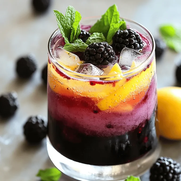 - 1 cup fresh blackberries - 2 tablespoons honey or agave syrup - Juice of 2 lemons - 2 cups sparkling water - Fresh mint leaves for garnish - Ice cubes - Additional flavor enhancements (e.g., lemon slices) Gathering the right ingredients is key to making a great Blackberry Lemon Sparkler Mocktail. You will need fresh blackberries, honey or agave syrup, and lemons. Blackberries give this drink a rich color and sweet flavor. The honey or agave syrup adds a touch of sweetness. Lemon juice gives it a nice tart taste. Sparkling water brings in the fizz, making your drink fun and bubbly. If you want to make it look special, add fresh mint leaves for garnish. Ice cubes will keep your drink cold and refreshing. You can even add lemon slices for extra flair. With these ingredients, you can create a mocktail that is not only tasty but also beautiful. First, gather your fresh blackberries and honey or agave syrup. Place them in a blender. Blend until the mixture is smooth and creamy. Next, you will need to strain the blackberry mix. Use a fine mesh sieve over a bowl. Press down with a spoon to extract every bit of juice. This step removes the seeds and gives you a smooth juice. Now, take your strained blackberry juice and mix it with the juice of two lemons. Stir it well in a large pitcher. The tart lemon will balance the sweet blackberries nicely. Next, fill four glasses with ice cubes. Pour the blackberry-lemon mixture over the ice halfway. Finally, top each glass with sparkling water. Give it a gentle stir to combine the flavors. To make your drink look special, add fresh mint leaves on top. You can also drop in a couple of whole blackberries for a pop of color. This simple garnish makes your mocktail more inviting and fun! To achieve the best flavor balance, use fresh blackberries. They add rich taste. The juice of two lemons brings bright acidity. This helps cut the sweetness from honey or agave syrup. For blending, start with blackberries and syrup. Blend until smooth. Use a fine mesh sieve to strain the mixture. Press down with a spoon to get every drop. This makes your drink smooth, with no seeds. Choose tall glasses for a great look. Clear glass shows off the pretty color. Fill each glass with ice cubes before pouring in the drink. This keeps your mocktail cold and refreshing. Pair this drink with light snacks. Think about cheese plates, fruit salads, or veggie dips. The bright flavors of the mocktail match well with fresh foods. To modify sweetness, taste the drink after mixing. Add more honey or syrup if needed. Start with a small amount. You can always add more. If you want alternatives, try maple syrup or stevia. These can change the taste but still keep it sweet. Adjust based on your preference. {{image_2}} You can change the flavor of your Blackberry Lemon Sparkler Mocktail by using other berries. Try adding raspberries or blueberries for a new twist. Each berry brings its unique taste. If you want a zesty kick, swap the lemon juice for lime or grapefruit juice. These citruses add a bright flavor that pairs well with the berries. This mocktail is easy to adapt for different diets. It is vegan-friendly since it uses honey or agave syrup. If you want a sugar-free option, use a sugar substitute like stevia. You can also find agave syrup that is labeled sugar-free. This way, everyone can enjoy the drink without worries. If you want to turn this mocktail into a cocktail, it’s simple! You can add a splash of vodka or gin. These spirits will complement the berry and lemon flavors. For a more exotic taste, try using elderflower liqueur. It will add a floral note that works nicely with the fruity base. You can prepare the blackberry juice in advance. Blend the blackberries and honey as instructed. Strain the juice and store it in the fridge. Use an airtight container to keep it fresh. This juice stays good for up to three days. Store the prepared mocktail in the fridge for up to two days. After that, the flavors may change. Look for signs of spoilage, like bubbles fading or a sour smell. These mean it’s time to toss it. You can freeze blackberries for later use. Wash and dry the berries first. Place them in a single layer on a baking sheet. Freeze until solid, then transfer to a freezer bag. This helps keep them fresh for months. When ready to use, thaw the berries in the fridge overnight. You can also add them frozen to your drink for a chill. They will add flavor and keep your mocktail cool. You can use soda water or tonic water. These will add fizz to your drink. Lemon-lime soda is another option. It will add sweetness and flavor. If you want less sugar, try club soda. The key is to pick a drink that adds bubbles. Yes, frozen blackberries work well! They can make your drink cold and refreshing. Just blend them straight from the freezer. You may need to strain them longer to remove seeds. Frozen berries may also make the drink thicker, adding a nice texture. You can store this mocktail for up to two days. Keep it in the fridge in a sealed container. The flavor may change over time, so fresh is best. If you see separation, just stir it before serving. Yes, this recipe is great for kids! It has no alcohol and is very fun to make. You can let kids help with blending or pouring. For a sweeter taste, add more honey or agave syrup. You can also use fun straws or colorful cups to make it exciting. You can make a delicious Blackberry Lemon Sparkler Mocktail using fresh ingredients. Blackberries, lemon juice, and a sweetener create a burst of flavor. You can customize the drink with mint, different fruits, and sweeteners. Follow the steps to prepare, combine, and serve this refreshing drink. Remember to store leftover juice properly and enjoy it later. Whether for a party or a quiet evening, this mocktail offers great taste for everyone. Give it a try, and you'll impress your friends and family with your drink-making skills!