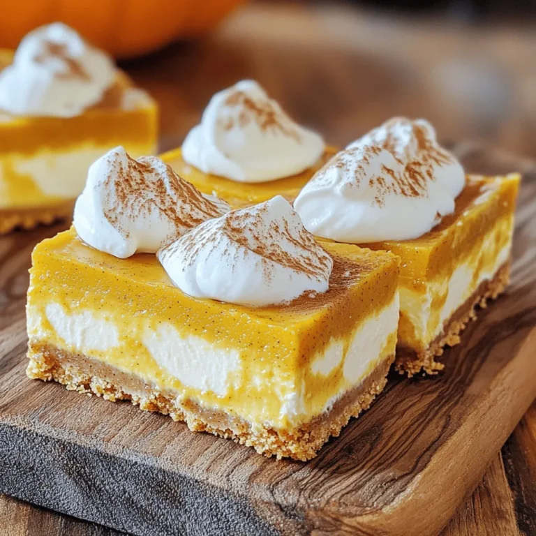 To make Pumpkin Cheesecake Layered Bars, gather these simple ingredients: - 1 cup graham cracker crumbs - 1/2 cup unsalted butter, melted - 1/4 cup granulated sugar - 2 cups pumpkin puree - 1 teaspoon cinnamon - 1/2 teaspoon nutmeg - 1/4 teaspoon ginger - 1/4 teaspoon cloves - 1 (8 oz) package cream cheese, softened - 1/2 cup powdered sugar - 2 large eggs - 1 teaspoon vanilla extract - Pinch of salt - Whipped cream (for serving, optional) Using high-quality ingredients makes a big difference. For the graham cracker crumbs, choose fresh ones from the store or crush your own. Fresh pumpkin puree offers a better flavor than canned. Always pick cream cheese that is full-fat. It makes the bars creamy and rich. Spices should be fresh for the best taste. Check the dates on your jars! You can easily swap some ingredients if you need to: - Use whole wheat graham cracker crumbs for a healthier crust. - Substitute melted coconut oil for unsalted butter if you want a dairy-free option. - For a spice change, add pumpkin pie spice instead of individual spices. - Cream cheese can be replaced with a vegan cream cheese for a dairy-free treat. - If you don't have pumpkin puree, you can use mashed banana or applesauce, but this will change the flavor. Start by preheating your oven to 350°F (175°C). This step is key to getting a good bake. Next, grab an 8x8 inch baking dish. Line it with parchment paper. Let the edges hang over the sides. This makes it easy to lift the bars out later. In a medium bowl, mix together 1 cup of graham cracker crumbs, 1/2 cup of melted unsalted butter, and 1/4 cup of granulated sugar. Stir until it looks like wet sand. Press this mixture firmly into the bottom of your prepared dish. Make sure it’s even and compact. Bake the crust for 10 minutes. After baking, take it out and let it cool a bit. In a large bowl, combine 2 cups of pumpkin puree, 1 teaspoon of cinnamon, 1/2 teaspoon of nutmeg, 1/4 teaspoon of ginger, 1/4 teaspoon of cloves, and a pinch of salt. Mix well until smooth. Set this pumpkin mixture aside. In another bowl, beat 1 (8 oz) package of softened cream cheese until smooth. Add 1/2 cup of powdered sugar, 2 large eggs, and 1 teaspoon of vanilla extract. Beat until creamy and well mixed. Pour half of the cream cheese mixture over the cooled graham cracker crust. Spread it evenly across the crust. Next, carefully layer the pumpkin mixture over the cream cheese layer. Spread it out gently. Finally, spoon dollops of the remaining cream cheese mixture on top. Use a knife to swirl it gently. Be careful not to overmix. Bake the layered bars in the oven for 35-40 minutes. The center should be set and only slightly jiggly. Once done, take it out and let it cool at room temperature for about an hour. Then, refrigerate for at least 2 hours. This cooling helps the bars firm up. When ready to serve, lift them out using the parchment paper and cut into squares. Enjoy with a dollop of whipped cream! To create a beautiful swirl in your Pumpkin Cheesecake Layered Bars, use a spoon. After adding the cream cheese mixture on top of the pumpkin layer, gently dollop it. Then, with the back of the spoon, swirl it lightly. Be careful not to mix too much. The goal is to see both layers. This gives your bars a stunning look. One common mistake is overmixing the cream cheese layer. This can lead to a dense texture. Another mistake is skipping the cooling time after baking. If you cut the bars too soon, they may fall apart. Be patient and let them cool and set in the fridge. Lastly, ensure your oven is at the right temperature. An incorrect temperature can change the baking time and texture. When serving your bars, cut them into equal squares for a nice look. You can dust them with a sprinkle of cinnamon or nutmeg for flair. Adding whipped cream on top enhances the flavor and adds a touch of elegance. For a fun twist, place a small pumpkin candy on each bar. This not only looks great but also adds a sweet surprise for your guests. {{image_2}} You can add twists to your Pumpkin Cheesecake Layered Bars. Try drizzling caramel on top for a sweet touch. Just melt some caramel candies with cream and pour it over the bars before serving. For chocolate lovers, mix cocoa powder into the cream cheese layer. You can also fold chocolate chips into the pumpkin layer for a delightful surprise. Both options will give your bars a unique taste! If you need gluten-free bars, swap out the graham crackers. Use gluten-free cookie crumbs or almond flour mixed with butter and sugar. This will create a tasty crust that everyone can enjoy. Make sure to check labels on all ingredients to avoid gluten. To make these bars vegan, substitute cream cheese with a vegan version made from cashews or tofu. Use flax eggs instead of regular eggs. Combine one tablespoon of ground flaxseed with three tablespoons of water for each egg. For the crust, you can use coconut oil instead of butter. These swaps keep the flavor while making it plant-based! To keep your pumpkin cheesecake layered bars fresh, first, let them cool. Once they reach room temperature, cover them tightly with plastic wrap or aluminum foil. You can also place them in an airtight container. Store them in the fridge, where they will stay good for about 5 days. If you want to keep them longer, freezing is a great option. You can freeze these bars for up to 3 months. First, cut them into squares. Wrap each piece in plastic wrap. Then, place the wrapped pieces in a freezer-safe bag or container. Be sure to label it with the date. When you want to enjoy them, just take out what you need and let them thaw in the fridge overnight. If you prefer warm bars, you can reheat them easily. Preheat your oven to 350°F (175°C). Place the bars on a baking sheet and cover them with foil. Heat for about 10-15 minutes or until warm. For a quick option, you can use the microwave. Just warm them for 15-20 seconds, but be careful not to overheat. Enjoy them fresh and tasty! Pumpkin Cheesecake Layered Bars can last up to five days in the fridge. Keep them in an airtight container. This helps them stay fresh and tasty. After five days, they may start to lose flavor and texture. Yes, you can make these bars ahead of time. They are perfect for parties or holiday gatherings. Just bake and chill them in the fridge. This allows the flavors to blend well. They taste even better after a day! If you want to replace cream cheese, try using Greek yogurt or mascarpone. Both options add creaminess to the bars. You can also use a dairy-free cream cheese for a vegan twist. Just ensure it has a similar texture for the best results. Yes, you can use butternut squash puree instead of pumpkin puree. It has a similar taste and texture. You can even use sweet potato puree for a different flavor. Just make sure it’s smooth to keep the bars creamy. In this post, I shared how to make delicious pumpkin cheesecake layered bars. We covered the ingredients needed, tips for quality, and clever substitutions. You learned step-by-step how to prepare the dish, from the crust to baking. I shared tricks for the perfect swirl and ways to avoid common mistakes. Variations for flavors like caramel and vegan options were also included. Finally, I discussed storage and answering common questions. Enjoy making these tasty bars and impress your friends and family!