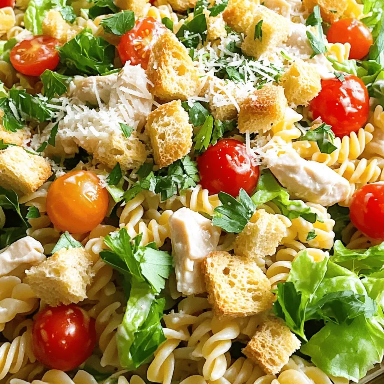 - 8 ounces rotini pasta - 1 pound cooked chicken breast, diced - 1 cup cherry tomatoes, halved - 1 cup romaine lettuce, chopped - ½ cup Caesar dressing - ¼ cup grated Parmesan cheese - ½ cup croutons - 1 tablespoon olive oil - 1 teaspoon garlic powder - Salt and pepper to taste - Fresh parsley, for garnish (optional) For this Chicken Caesar Pasta Salad, you need simple yet flavorful ingredients. The rotini pasta forms the base. It holds the dressing and other goodies well. The cooked chicken breast adds protein and heartiness. I prefer diced chicken, as it mixes in nicely. Next, halved cherry tomatoes bring a burst of sweetness. They add color too! Chopped romaine lettuce gives the salad a fresh crunch. You can't forget the Caesar dressing—it ties everything together. Grated Parmesan adds a salty, creamy touch that enhances the flavor. For extra crunch, croutons are a must. They add texture and make each bite delightful. A drizzle of olive oil gives richness, while garlic powder adds depth. Season with salt and pepper to taste. If you want a pop of color, fresh parsley is a great garnish. It also adds a hint of freshness that brightens the dish. Collect all these ingredients, and you're ready to make a tasty salad! - Bring a large pot of salted water to a boil. - Add 8 ounces of rotini pasta and cook it until it is al dente, as per package instructions. - Once done, drain the pasta and rinse it with cold water to cool. Set it aside for later. - In a large mixing bowl, combine 1 pound of diced cooked chicken, 1 cup of halved cherry tomatoes, and 1 cup of chopped romaine lettuce. - In a small bowl, whisk together ½ cup of Caesar dressing, 1 tablespoon of olive oil, 1 teaspoon of garlic powder, and salt and pepper to taste. Mix until smooth. - Add the cooled pasta to the chicken and vegetable mixture. - Drizzle the dressing over the pasta and gently toss everything together until well-coated. - Fold in ¼ cup of grated Parmesan cheese and ½ cup of croutons for added crunch. - Taste the salad and adjust the seasoning if needed. - Chill the salad in the fridge for 15-20 minutes to let the flavors blend together. To make your Chicken Caesar Pasta Salad taste its best, focus on seasoning. Start with a pinch of salt and pepper. Taste as you go. This helps you find the right balance. If you want more zing, add extra garlic powder. Using high-quality Caesar dressing is key. A great dressing can lift the dish. Look for brands with fresh ingredients. You can also make your own dressing if you prefer. This way, you control the flavors and ingredients. When it comes to presentation, think about color and texture. Serve the salad in a large bowl for a family-style meal. For individual plates, layer the salad for a nice look. Top each serving with extra Parmesan cheese. A sprinkle of fresh parsley adds a lovely green touch. Pair your salad with a light side. Garlic bread or a simple green salad works well. These sides enhance the meal without overpowering your pasta salad. Feel free to customize your salad based on your needs. If you follow a gluten-free diet, swap out the rotini for gluten-free pasta. This keeps the dish tasty and safe for everyone. You can also add more veggies or proteins. Consider adding bell peppers, cucumbers, or spinach for extra crunch. If you want more protein, try adding shrimp or chickpeas. These options make the salad more filling and nutritious. {{image_2}} You can make a classic Caesar salad without pasta. Just use the same fresh ingredients. Start with romaine lettuce, diced chicken, and cherry tomatoes. Add your Caesar dressing and Parmesan cheese. Toss it all together. This version is light and full of flavor. If you want to change things up, try different proteins. Shrimp works great in this salad. Tuna is another tasty option. For a plant-based choice, use chickpeas or tofu. These alternatives keep the salad fun and fresh. You can experiment with homemade dressings too. Try mixing Greek yogurt with lemon juice for a lighter touch. Or blend olive oil, garlic, and herbs for a new flavor. Each dressing gives a unique twist to your Chicken Caesar Pasta Salad. To keep your Chicken Caesar Pasta Salad fresh, store it in the fridge. Use an airtight container to prevent air and moisture from ruining the taste. Make sure the salad is cool before sealing. This way, the flavors will stay sharp, and the pasta won't get mushy. You can freeze Chicken Caesar Pasta Salad, but it may change texture. The lettuce and croutons will become soggy when thawed. For best results, freeze only the pasta and chicken. Store the dressing separately. When you want to eat it, thaw and mix, then add fresh greens and croutons. Stored in the fridge, Chicken Caesar Pasta Salad lasts about 3 to 5 days. After that, it’s best to toss it out. If you freeze it, use it within 2 to 3 months for the best flavor. Always check for signs of spoilage before eating. To make this salad gluten-free, you can use gluten-free pasta. Many brands offer options that work well, like brown rice or corn pasta. These pastas cook up nicely and hold their shape. You can also use zucchini noodles for a low-carb option. Just spiralize fresh zucchini and quickly sauté or serve raw. Yes, you can make this salad ahead of time. Prepare the salad but do not add the dressing yet. Mix the pasta, chicken, and veggies. Store this mix in the fridge. When you are ready to serve, add the dressing and toss. This keeps everything fresh and crunchy. If you want to swap out the Caesar dressing, there are tasty options. You can use ranch dressing for a creamy twist. Greek yogurt mixed with lemon juice also makes a nice substitute. For a lighter option, try a vinaigrette made with olive oil and lemon juice. Chicken Caesar pasta salad is a simple and tasty dish. You learned its key ingredients like rotini pasta, chicken, and Caesar dressing. The steps to make it are clear and easy. You can also tweak it with different proteins or dressings. Remember to store leftovers properly for later. Enjoy making this salad for a quick meal or a side. Experiment with flavors to find your favorite mix. Dive into this dish and make it your own!