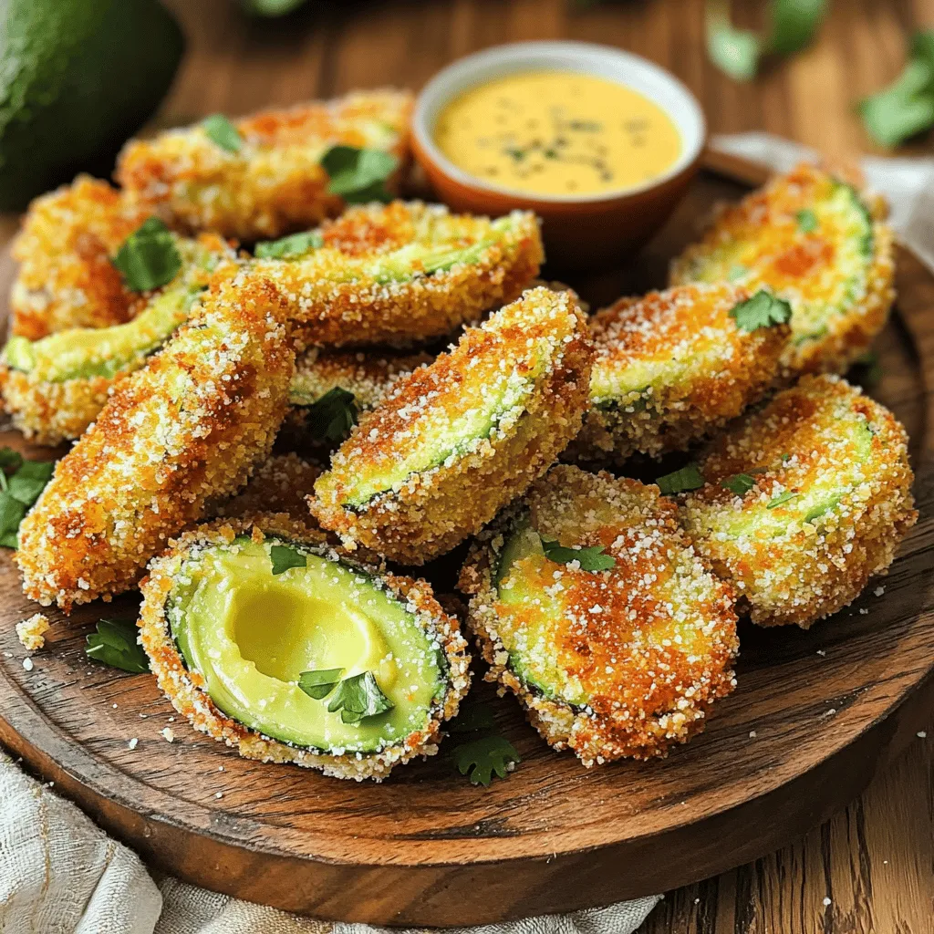 - 2 ripe avocados, halved and pitted - 1 cup breadcrumbs (preferably panko for extra crunch) - ½ cup grated Parmesan cheese - 2 large eggs - 1 tablespoon flour - 1 teaspoon garlic powder - 1 teaspoon onion powder - ½ teaspoon paprika - Salt and pepper to taste - Cooking spray Using fresh ingredients makes a big difference in taste. Ripe avocados are creamy and rich. They should feel soft but not mushy. Fresh breadcrumbs give a great crunch. Panko breadcrumbs are the best choice for a crispier texture. Fresh spices like garlic and paprika add more flavor. Quality Parmesan cheese also enhances the dish. Always check your ingredients before cooking. Freshness ensures the best taste and texture. You can mix it up if you don’t have one or two items. For breadcrumbs, use crushed crackers or cornflakes. You can swap Parmesan for another cheese like cheddar. If you want a vegan option, replace eggs with a mixture of ground flaxseed and water. Use almond flour instead of regular flour for gluten-free needs. Each change alters the taste but can still be delicious. Experiment with what you have on hand! To make Air Fryer Parmesan Crusted Avocado Fries, start by gathering all your ingredients. You will need ripe avocados, breadcrumbs, Parmesan cheese, eggs, flour, garlic powder, onion powder, paprika, salt, and pepper. This recipe takes about 10 minutes to prep and 10 minutes to cook. The total time is just 20 minutes. 1. First, preheat your air fryer to 400°F (200°C). This step ensures your fries cook evenly. 2. In a shallow bowl, mix the breadcrumbs, Parmesan cheese, garlic powder, onion powder, paprika, salt, and pepper. Stir well to combine. 3. In another shallow bowl, beat the eggs. In a third bowl, place the flour. 4. Take each avocado half and sprinkle flour on the cut side. This helps the egg stick better. 5. Dip the avocado half into the egg mixture, letting excess drip off. Then, coat it in the breadcrumb mix. Press lightly to make sure it sticks. 6. Repeat this for all avocado halves and place them on a plate. 7. Lightly spray the air fryer basket with cooking spray. Arrange the avocado fries in a single layer. Avoid overcrowding; you may have to cook in batches. 8. Air fry for 8-10 minutes. The crust should be golden and crispy. Flip them halfway through for even cooking. 9. Once done, carefully take the fries out and let them cool for a few moments before serving. To ensure even cooking, make sure to flip the avocado fries halfway through. This helps both sides brown nicely. Also, do not overcrowd the air fryer. Give each fry enough space for hot air to circulate. If your air fryer has a smaller basket, cook in batches. Enjoy your crispy avocado fries! To get the best crispy texture, use panko breadcrumbs. They are light and airy, which creates a great crunch. Make sure to coat each avocado well. Press the breadcrumbs onto the avocado to help them stick. Spray the fries lightly with cooking spray before cooking. This helps them brown nicely in the air fryer. One common mistake is overcrowding the air fryer. If you place too many fries at once, they won’t cook evenly. Always arrange them in a single layer. Another mistake is skipping the flour step. This helps the egg mix stick better. Finally, don’t forget to flip the fries halfway through cooking. This ensures both sides get crispy. You can enhance the flavor by adding spices. Try adding some cayenne pepper for heat or Italian herbs for a fresh taste. For a twist, mix some lemon zest into the breadcrumb mixture. It adds a nice brightness. Serve with a zesty dipping sauce like ranch or spicy aioli. This adds a fun contrast to the creamy avocado. {{image_2}} To make these avocado fries pop with flavor, consider adding a few extras. You can mix in some herbs like fresh parsley or basil into the breadcrumb mixture. A pinch of cayenne pepper can add heat if you like spice. For a tangy twist, try adding lemon zest. These small tweaks can boost the taste and make each bite exciting. While ranch and spicy aioli are great, there are many other tasty dips you can try. A creamy cilantro lime sauce pairs well with the richness of avocado. You might also enjoy a sweet chili sauce for a spicy-sweet contrast. For a classic option, a simple garlic yogurt dip can add a cool flavor. Each sauce gives you a new way to enjoy these fries. If you want a vegan version, swap the egg with a mixture of ground flaxseed and water. This will help the breadcrumbs stick just like eggs. For a gluten-free option, use gluten-free breadcrumbs instead of regular ones. You can also check if your Parmesan is dairy-free or use a vegan cheese. These alternatives keep the fries delicious while meeting your dietary needs. After enjoying your Air Fryer Parmesan Crusted Avocado Fries, you may have some left. To keep them fresh, let the fries cool down to room temperature. Place them in an airtight container. Store the container in the fridge. They will stay fresh for about 2-3 days. If you want the best taste, eat them within the first day. To reheat the avocado fries, use your air fryer. Preheat it to 350°F (175°C). Place the fries in the basket in a single layer. Heat for about 3-5 minutes. This way, they get crispy again. You can also use an oven. Set it to 350°F, and bake for 5-7 minutes. Avoid using a microwave; it can make them soggy. You can freeze the avocado fries before cooking them. After coating them, place them in a single layer on a baking sheet. Freeze until solid, then transfer them to a freezer bag. They will last for about 1 month. When ready to enjoy, cook them straight from frozen. Just add a few extra minutes to your cooking time. Yes, you can use ripe avocados. They should be soft but not mushy. Ripe avocados give a nice creamy texture. If they are too hard, they won’t fry well. You want them to hold their shape while cooking. These fries stay crisp for about 30 minutes after cooking. The air fryer gives them a crunchy crust. To keep them crispy, serve them right away. If you need to wait, place them on a wire rack. This will help air circulate and keep them from getting soggy. The best air fryer temperature for avocados is 400°F (200°C). This high heat cooks them quickly. It helps create a golden crust while keeping the inside soft. Make sure to preheat your air fryer for even cooking. This blog post covered key areas to make great fries at home. We talked about choosing fresh ingredients and how to prepare them well. I shared tips for getting that perfect crispy texture. Remember, avoid common mistakes and try new flavors. You can make this dish suit your needs, whether vegan or gluten-free. Proper storage and reheating can keep your fries tasty longer. With these steps, you can enjoy delicious fries any time. Get cooking and experiment with flavors while having fun!