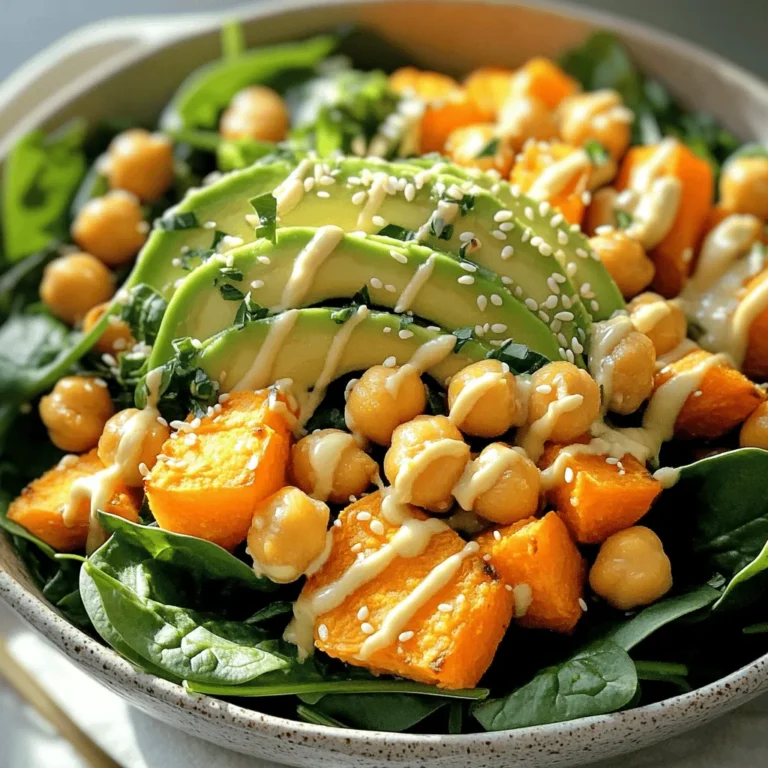 - 2 medium sweet potatoes, peeled and cubed - 1 can (15 oz) chickpeas, drained and rinsed - 4 cups spinach or mixed greens - 2 tablespoons olive oil - 1 teaspoon smoked paprika - 1 teaspoon garlic powder - 1 avocado, sliced - 1/4 cup tahini - 2 tablespoons lemon juice - Sesame seeds for garnish - Fresh herbs (like cilantro or parsley) for garnish - Salt and pepper to taste - Adjust tahini dressing consistency with water The sweet potato chickpea Buddha bowl is packed with nutrients. Sweet potatoes give you vitamins A and C. Chickpeas add protein and fiber. Together, they create a filling meal. The base of this bowl is spinach or mixed greens. These greens are rich in iron and help with digestion. Adding greens makes your meal fresh and vibrant. Next, the olive oil adds healthy fats. It also helps the sweet potatoes and chickpeas roast perfectly. Smoked paprika and garlic powder bring out the flavors. They add a warm, smoky taste. Don’t forget the tahini! This sesame paste gives a creamy texture. It also provides calcium and iron. Lemon juice adds a bright kick. The dressing pulls the bowl together and enhances the flavors. Lastly, you can add sliced avocado on top. This makes every bite creamy and delicious. Garnish with sesame seeds and fresh herbs for extra flair. These toppings add color and flavor. This Buddha bowl not only looks good but also tastes amazing. It’s a complete meal that satisfies your hunger and nourishes your body. - Preheat your oven to 400°F (200°C). This helps cook everything evenly. - Toss the cubed sweet potatoes and chickpeas with olive oil. - Add 1 teaspoon smoked paprika, 1 teaspoon garlic powder, salt, and pepper. - Mix well until everything is coated. - Spread the sweet potatoes and chickpeas on a baking sheet. - Roast them for 25-30 minutes. Stir halfway for even cooking. - Look for a nice golden color and tender texture. - In a small bowl, whisk together 1/4 cup tahini, 2 tablespoons lemon juice, and 2 tablespoons water. - Keep whisking until smooth. Adjust water to reach your desired thickness. - Add a pinch of salt to taste. - In serving bowls, lay down a base of 4 cups spinach or mixed greens. - Top the greens with the roasted sweet potatoes and chickpeas. - Slice your avocado and arrange it on top of the bowl. - Drizzle the tahini dressing generously over everything. - Finish by sprinkling sesame seeds and fresh herbs on top. - Serve while warm for the best taste! To get the best flavor and texture, spread the sweet potatoes and chickpeas in a single layer on your baking sheet. This way, each piece cooks evenly. It helps them caramelize nicely. Stir them halfway through cooking for perfect results. For the tahini dressing, you can change the amount of water until you reach your favorite texture. Add more water for a thinner dressing, or use less for a thick one. Don’t forget to taste and adjust the salt as needed. This makes a big difference! If you want more protein, think about adding quinoa or grilled chicken. Both options pair well with the sweet potatoes and chickpeas. They give your bowl extra nutrition and keep you full longer. Feel free to mix and match based on your taste! {{image_2}} You can easily change the greens in your Buddha bowl. Spinach works well, but try kale or arugula. You can also add roasted veggies like bell peppers or zucchini. They will add color and flavor. Mix and match to fit your taste. Want to spice things up? Add cayenne for heat or curry powder for warmth. A pinch of cumin can also enhance the flavor. These spices can create exciting tastes in your bowl. Don't be afraid to experiment! Switching up the dressing can change the whole dish. Lemon vinaigrette adds a bright touch. You can also try a yogurt-based dressing for creaminess. Each dressing brings its own flavor. So, have fun and find your favorite! Store leftovers in an airtight container in the fridge. This keeps them fresh and tasty. Use a glass or plastic container with a tight seal. Generally, the Buddha bowl will last 3-5 days in the refrigerator. After that, it may lose some flavor and texture. Always check for any signs of spoilage before eating. Reheat in the microwave or on the stovetop until warmed through. If using the microwave, heat in short bursts. Stir between bursts to ensure even heating. If on the stovetop, use low heat and add a splash of water to keep the veggies moist. Yes, all ingredients are plant-based! You can enjoy this bowl without worry. Sweet potatoes and chickpeas bring great flavors while keeping it vegan. Consider nut butters or yogurt as substitutes for a different flavor. Both options add creaminess. Nut butter gives a nutty taste, while yogurt adds a tangy touch. All ingredients are naturally gluten-free, ensuring safe consumption. Sweet potatoes, chickpeas, and greens fit this diet perfectly. So, you can enjoy this dish worry-free. Yes, prepare ingredients ahead of time and assemble just before serving. Store veggies and dressing separately. This keeps everything fresh and tasty when you're ready to eat. This guide covered how to make a delicious Sweet Potato Chickpea Buddha Bowl. We explored the main ingredients, step-by-step instructions, and helpful tips. You can customize the bowl to fit your taste or meal prep needs. Remember, you can enjoy this dish vegan, gluten-free, and full of flavor. With these simple steps, your meal will be tasty and satisfying. So gather your ingredients and get cooking!