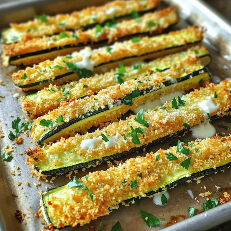 - 2 medium zucchinis, cut into fry-shaped strips - 1/2 cup all-purpose flour - 1/2 teaspoon garlic powder - 1/2 teaspoon onion powder - 1/2 teaspoon smoked paprika - Salt and pepper to taste - 2 large eggs, beaten - 1 cup panko breadcrumbs - 1/2 cup grated Parmesan cheese - 4 tablespoons unsalted butter, melted - Fresh parsley, chopped, for garnish Zucchini is the star of this dish. It adds a fresh taste and texture. You need two medium zucchinis. Cut them into fry-shaped strips to mimic traditional fries. Next, you’ll need the dry ingredients. These are key to making the coating flavorful. Mix together all-purpose flour, garlic powder, onion powder, smoked paprika, salt, and pepper. The spices add great depth to each bite. For the wet ingredients, you will need two large eggs. Beat them in a bowl. This will help the coating stick to the zucchini. Now for the crunchy topping. Use panko breadcrumbs mixed with grated Parmesan cheese. Panko gives a light and crispy texture. The Parmesan adds a delicious salty flavor. Finally, melt four tablespoons of unsalted butter. This will help the fries crisp up in the oven. You can also add fresh chopped parsley for a nice pop of color. This garnish makes the dish look fresh and inviting. Gather these ingredients, and you're ready to make crispy garlic butter Parmesan zucchini fries. Enjoy the process! Preheating and Preparing the Baking Sheet Start by preheating your oven to 425°F (220°C). This helps the fries cook evenly and become crispy. While the oven heats, line a baking sheet with parchment paper. This keeps the fries from sticking. Mixing the Seasoned Flour In a shallow dish, combine 1/2 cup of all-purpose flour, 1/2 teaspoon of garlic powder, 1/2 teaspoon of onion powder, and 1/2 teaspoon of smoked paprika. Add salt and pepper to taste. Mix well. This blend adds great flavor to the fries. Preparing the Egg Coating and Breadcrumb Mixture In another dish, place 2 large beaten eggs. In a third dish, mix 1 cup of panko breadcrumbs with 1/2 cup of grated Parmesan cheese. This will create a crunchy coating for the fries. Flour Coating Take each zucchini strip. First, coat it in the seasoned flour. Shake off any extra flour. This step helps the egg stick better. Egg Dipping Next, dip the floured zucchini into the beaten eggs. Allow any excess egg to drip off. This keeps the coating from becoming soggy. Breadcrumb Coating Finally, coat the zucchini strips in the panko-Parmesan mixture. Press lightly to make sure the crumbs stick well. This creates a nice crunchy texture. Arranging on Baking Sheet Lay the breaded zucchini fries on the prepared baking sheet. Make sure they are in a single layer. This allows the hot air to circulate and helps them crisp up. Drizzling with Butter Drizzle 4 tablespoons of melted unsalted butter evenly over the fries. This adds flavor and helps them brown nicely while baking. Baking Time and Monitoring Place the baking sheet in the preheated oven. Bake for 20 to 25 minutes, or until the fries are golden brown and crispy. Flip the fries halfway through baking for even cooking. This ensures every side gets that perfect crunch. Importance of Panko Breadcrumbs Panko breadcrumbs are a game changer. They are lighter and crispier than regular breadcrumbs. This helps your zucchini fries get that perfect crunch. Using panko ensures each bite gives a satisfying crunch. You can find panko at most grocery stores. Preheating the Oven Correctly Preheating your oven to 425°F (220°C) is key. This high heat helps the fries cook evenly. If your oven isn’t hot enough, the fries can turn soggy. Always give your oven at least 10-15 minutes to warm up before baking, and don’t skip this step. Additional Spices to Include Want to kick it up a notch? Try adding some cayenne pepper or Italian seasoning. A pinch of cayenne adds heat, while Italian seasoning brings a nice herb flavor. Experiment with spices you love. Just remember to balance flavors so they don’t overpower the zucchini. Substitutes for Parmesan Cheese No Parmesan cheese? No problem! You can use pecorino cheese for a sharper taste. Nutritional yeast is a great vegan option. It gives a cheesy flavor without using dairy. Choose a substitute based on your taste and diet needs. Best Dips to Pair These fries shine with a good dip. Try ranch dressing for a classic touch. You can also serve them with garlic aioli or marinara sauce. Each dip brings out the flavors of the fries in a fun way. Complementary Dishes Zucchini fries pair well with many meals. Serve them alongside grilled chicken or fish. They also make a great snack at parties. You can even toss them in a salad for some extra crunch. Enjoy these fries however you like! {{image_2}} You can swap zucchini for other veggies. Try using eggplant. Slice it into fry shapes, just like zucchini. Eggplant has a rich taste that pairs well with garlic butter. Sweet potatoes are another great option. They bring a sweet flavor and a vibrant color. Slice them into sticks and coat them just as you would zucchini. You can change the cheese for a new taste. Parmesan is great, but you might like mozzarella or cheddar. These cheeses melt beautifully and add a different flavor. For a spicy kick, add hot sauce to your egg mixture. You can also sprinkle some cayenne pepper into the breadcrumb mix. This will give your fries a spicy twist that really wakes up your taste buds. If you're gluten-free, you can use almond flour or a gluten-free flour blend. This keeps the recipe safe for those with gluten sensitivities. For a vegan option, replace eggs with a mixture of ground flaxseed and water. Use nutritional yeast instead of Parmesan cheese. This gives a cheesy flavor without dairy. These variations can help you enjoy crispy garlic butter Parmesan zucchini fries in many ways! To keep your zucchini fries fresh, use proper containers. Glass or plastic containers with tight lids work well. Let the fries cool down before placing them in the container. This helps prevent sogginess. Store them in the fridge for up to three days. Always label your container with the date. This way, you’ll know when to use them. When it comes to reheating, the oven is best. Preheat it to 350°F (175°C). Place the fries on a baking sheet. Bake for about 10-15 minutes. This helps regain their crispiness. If you use a microwave, they will warm up quickly, but they might become soft. To keep some crunch, avoid the microwave if you can. If you want to freeze zucchini fries, do this right after cooking. Let them cool completely. Then, spread them in a single layer on a baking sheet. Freeze for about an hour. Once frozen, transfer them to a freezer bag. Remove as much air as possible. They can last for up to three months in the freezer. When ready to eat, bake them straight from the freezer without thawing. To make zucchini fries crispy, use panko breadcrumbs. They are lighter and crunchier than regular bread crumbs. Coat the fries well in flour first. This helps the egg and breadcrumbs stick better. Bake them at a high temperature, around 425°F (220°C). This ensures they cook quickly and turn golden brown. Don't forget to drizzle melted butter on top before baking. This adds flavor and helps with crispiness. Using frozen zucchini is not the best choice. Frozen zucchini tends to be mushy when cooked. Fresh zucchini holds its shape and texture better. If you must use frozen, thaw it first and squeeze out excess moisture. This might help, but fresh is still the better option for crispy fries. If you do not have Parmesan cheese, you can use Pecorino Romano. It has a similar flavor but is saltier. Nutritional yeast is a great vegan option. It adds a cheesy taste without dairy. You can also use any hard cheese you like, such as Grana Padano or aged Gouda. Just remember, each cheese will give a different taste. Zucchini fries last about 3 to 4 days in the fridge. Store them in an airtight container to keep them fresh. When you want to eat them, reheat them in the oven for best results. This will help restore some of the crispiness. Avoid the microwave, as it may make them soggy. In this post, we explored making crispy zucchini fries. We covered ingredients, preparation steps, and baking instructions. I shared tips for the ultimate crunch and ways to enhance flavor. You learned about alternatives, storage methods, and common questions. Now you can enjoy a healthier snack with tasty variations. Experiment with flavors and serve them in fun ways! Enjoy your cooking!