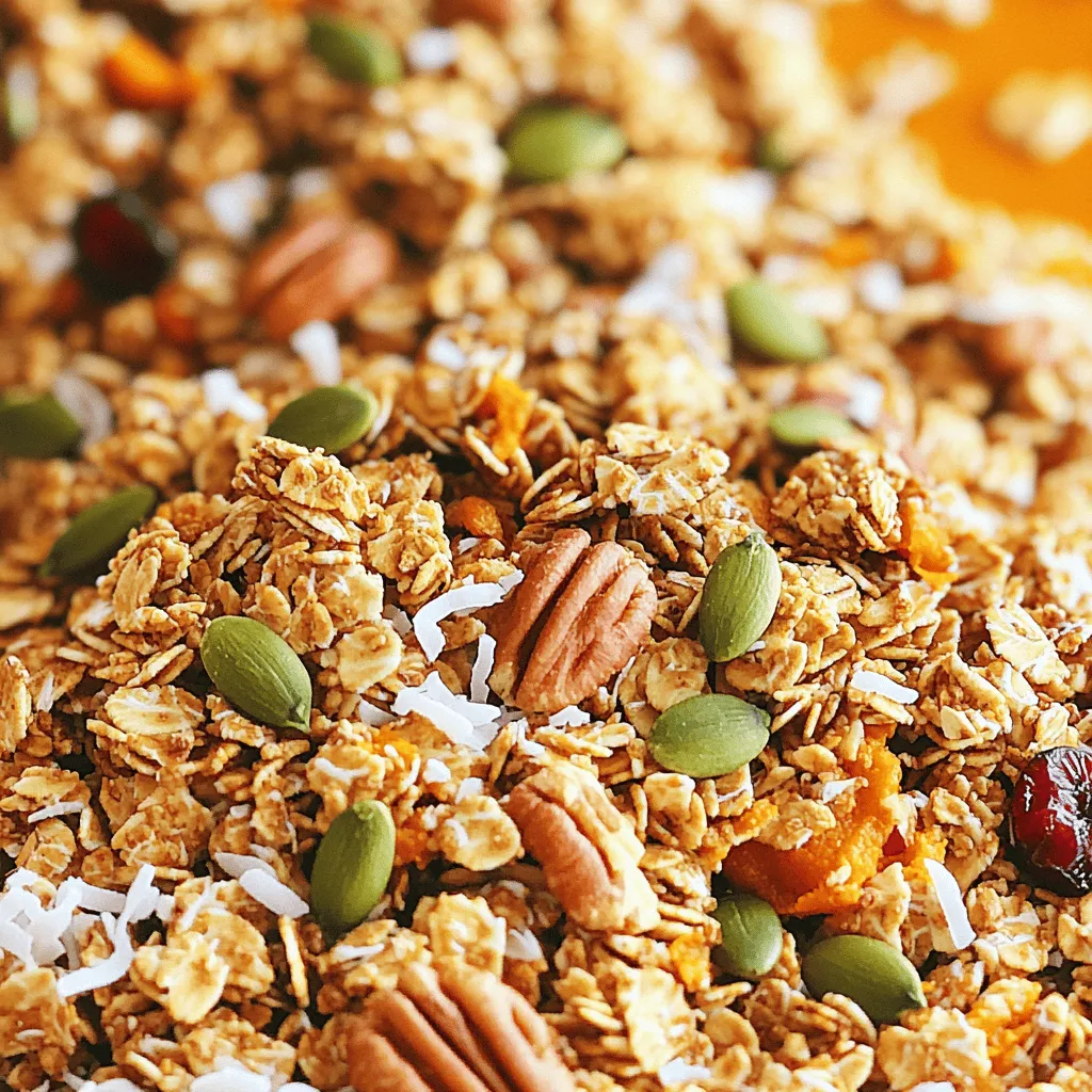 To make Maple Pecan Pumpkin Granola, gather these ingredients: - 3 cups rolled oats - 1 cup pecans, roughly chopped - 1/2 cup pumpkin seeds - 1/2 cup unsweetened shredded coconut - 1/2 teaspoon salt - 1 teaspoon ground cinnamon - 1/2 teaspoon ground nutmeg - 1/4 cup olive oil or coconut oil - 1/2 cup pure maple syrup - 1 cup pumpkin puree - 1/2 cup dried cranberries or raisins These ingredients create a tasty mix. The oats give a good base. Pecans add crunch, and pumpkin seeds boost nutrition. The spices bring warmth and flavor. You can easily swap some ingredients. For a nut-free version, use sunflower seeds instead of pecans. If you want a different sweetener, try honey instead of maple syrup. Coconut oil is great, but olive oil works too. For the dried fruit, feel free to use chopped dates or apricots. This granola packs a punch of nutrition. Each serving is rich in fiber from oats and seeds. Pecans provide healthy fats, which support heart health. Pumpkin puree adds vitamins A and C, boosting your immune system. Coconut brings healthy fats, too. Dried cranberries add antioxidants. Overall, this granola is a great choice for a healthy breakfast or snack. Start by gathering all your ingredients. You need: - 3 cups rolled oats - 1 cup pecans, roughly chopped - 1/2 cup pumpkin seeds - 1/2 cup unsweetened shredded coconut - 1/2 teaspoon salt - 1 teaspoon ground cinnamon - 1/2 teaspoon ground nutmeg - 1/4 cup olive oil or coconut oil - 1/2 cup pure maple syrup - 1 cup pumpkin puree - 1/2 cup dried cranberries or raisins First, preheat your oven to 350°F (175°C). Line a large baking sheet with parchment paper. This helps prevent sticking and makes cleanup easy. In a big bowl, mix the rolled oats, chopped pecans, pumpkin seeds, shredded coconut, salt, cinnamon, and nutmeg. Make sure everything is well combined. In another bowl, whisk the olive oil or coconut oil, maple syrup, and pumpkin puree together. You want this mix to be smooth. Pour this wet mixture over the dry ingredients. Stir well so that all the oats and nuts get coated. Spread the granola mixture in an even layer on the lined baking sheet. This step helps it bake evenly. Bake in the preheated oven for 25-30 minutes. Stir the granola halfway through baking. This step ensures even browning. Keep an eye on it to stop burning. The granola should turn golden brown and crispy. You’ll know the granola is ready when it is golden and smells amazing. Let it cool completely on the baking sheet. It will get crunchier as it cools. Once cooled, mix in the dried cranberries or raisins. Store the granola in an airtight container. It lasts for up to two weeks. Enjoy your tasty Maple Pecan Pumpkin Granola! When making granola, avoid using too much oil. It can make your granola soggy. Also, don’t skip the stirring step. Stirring helps the granola bake evenly. Another mistake is not watching the time. It can burn quickly if you leave it too long. Finally, make sure to cool it fully. Cooling makes it crunchy, which is what we want. For the best flavor, use fresh spices. Ground cinnamon and nutmeg enhance the taste. Toast your nuts slightly before mixing them in. This adds depth to the flavor. Keep an eye on the oven. You want a golden brown color, not burnt. Once baked, let it cool completely. This step is key for that perfect crunch. I love serving this granola with yogurt. It adds creaminess to each bite. You can also sprinkle it over oatmeal for extra texture. Try it with milk or a milk alternative too. This granola works great as a snack on its own. You can even use it to top fruit salad for a twist. {{image_2}} You can change the granola's taste by swapping ingredients. Try using walnuts instead of pecans for a different nutty flavor. If you want a crunch, add sliced almonds or hazelnuts. For sweetness, use honey instead of maple syrup. You can also replace pumpkin seeds with sunflower seeds for a new twist. Each swap brings unique flavors to your granola. As seasons change, so can your granola! In fall, add ginger or allspice for a warm taste. During winter, try a dash of cloves or cardamom. For a spring or summer vibe, mix in some dried fruits like apricots or cherries. You can even add citrus zest for brightness. These seasonal changes keep your granola exciting all year long. Making this granola vegan is easy! Just ensure your maple syrup is pure and use coconut oil. For a gluten-free option, use certified gluten-free oats. This way, everyone can enjoy the tasty crunch of your granola. Feel free to mix in gluten-free grains like puffed quinoa or rice for added texture. These adaptations make your Maple Pecan Pumpkin Granola fit for all diets. To keep your granola fresh, store it in an airtight container. Glass jars or plastic bins work great. Place it in a cool, dry spot. Avoid areas near heat or moisture. This helps to keep the granola crunchy and tasty. Homemade granola can last up to two weeks when stored properly. After that, it may lose its crunch. Always check for any signs of spoilage, like off smells or mold. If you notice these, toss it out. Yes, you can freeze Maple Pecan Pumpkin Granola. Place it in a freezer-safe bag or container. It can last up to three months in the freezer. When you want to eat it, just thaw it in the fridge or on the counter. This method keeps it fresh for longer. To make this granola, you need rolled oats, pecans, pumpkin seeds, and coconut. Start by mixing these in a bowl. Add salt, cinnamon, and nutmeg. In another bowl, mix olive oil, maple syrup, and pumpkin puree. Pour this over the dry mix and stir well. Spread it on a baking sheet and bake at 350°F for 25-30 minutes. Stir halfway through to ensure even baking. Once golden, let it cool before adding dried fruits. Homemade granola is tasty and packed with nutrients. It often has less sugar than store-bought types. You control the ingredients, making it healthier. Oats provide fiber, which is great for digestion. Nuts and seeds add protein and healthy fats. Pumpkin puree gives vitamins like A and C, while dried fruits supply antioxidants. This granola can boost energy and keep you full longer. You can find pre-made granola in many grocery stores. Look in the cereal aisle or health food section. Online retailers also sell various brands. Be sure to check the ingredients list for added sugars and preservatives. If you prefer a fresher option, local farmers' markets may offer homemade granola too. You’ve learned how to make Maple Pecan Pumpkin Granola step by step. We explored key ingredients, common mistakes, and tips for great flavor. You can adapt this recipe for different diets or seasonal tastes. Remember to store it properly for freshness. Enjoy the crunchy, sweet goodness in your meals or snacks. Making granola at home gives you control over flavors and ingredients. Try it, and you will love the results!