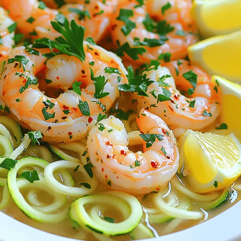 - 2 medium zucchinis, spiralized - 1 pound large shrimp, peeled and deveined - 4 cloves garlic, minced - 1/4 cup chicken or vegetable broth - 2 tablespoons olive oil - 2 tablespoons lemon juice - 1/4 teaspoon red pepper flakes - Salt and pepper to taste - Fresh parsley, chopped (for garnish) - Lemon wedges (for serving) In this recipe, we use fresh ingredients to make it taste great. The main part is the zoodles, which are made by spiralizing zucchinis. You will need two medium zucchinis for this dish. Next, we have one pound of large shrimp. Make sure they are peeled and deveined. This saves time when cooking. Garlic adds flavor, so we use four cloves, minced. We also need a quarter cup of chicken or vegetable broth. This will help create a tasty sauce. Two tablespoons of olive oil will help sauté the garlic and shrimp. For some zing, we add two tablespoons of lemon juice. A quarter teaspoon of red pepper flakes gives a nice kick, but you can adjust this to your taste. Don’t forget to season with salt and pepper. Finally, we garnish with fresh parsley and serve with lemon wedges. This adds a fresh touch to your plate. Enjoy gathering these items for your Shrimp Scampi Zoodles! To start, take your zucchinis and spiralize them into zoodles. This fun process gives you long, noodle-like strands. You can use a spiralizer or a julienne peeler for this. Once you have your zoodles, set them aside in a bowl. This step keeps them ready for when you mix everything together later. Next, heat two tablespoons of olive oil in a large skillet on medium heat. When the oil is warm, add four cloves of minced garlic and a pinch of red pepper flakes. Sauté them for about a minute. You want to smell that garlic! Now, raise the heat to medium-high and add one pound of peeled and deveined shrimp. Cook the shrimp for two to three minutes on each side. They should turn pink and look opaque. Season them with salt and pepper to enhance the flavor. Once done, remove the shrimp from the skillet and set them aside. In the same skillet, pour in a quarter cup of chicken or vegetable broth. This deglazes the pan, lifting all the tasty bits left behind. Stir in two tablespoons of lemon juice and bring the mixture to a simmer. Now, add the zoodles to the skillet. Toss them in the broth mixture and cook for about three to four minutes. You want them to be tender yet still crisp. After that, return the cooked shrimp to the skillet. Toss everything together for an additional one to two minutes. If you like, adjust the seasoning with more salt, pepper, or lemon juice. To get great zoodles, avoid sogginess. Follow these tips: - Use firm zucchinis. Look for ones that feel heavy. - Spiralize just before cooking. This keeps them fresh. - Sauté zoodles briefly. Cook them for 3-4 minutes to stay crisp. For spiralizers, I recommend: - Handheld spiralizers for small batches. They are easy to use. - Countertop spiralizers for larger amounts. They save time and effort. Using fresh ingredients makes a big difference. Fresh garlic and herbs boost flavor. Try these tips: - Choose ripe lemons for zest and juice. They add brightness. - Opt for high-quality olive oil. It enhances the dish's depth. To adjust spice levels, add red pepper flakes: - Start with a little and taste. - Add more for a spicy kick if desired. Serving shrimp scampi zoodles well makes them even more appealing. Here are some ideas: - Use a large, shallow bowl for serving. It looks elegant. - Garnish with chopped parsley for color. For serving, add lemon wedges: - Place them on the side for squeezing. - This adds a final touch of flavor before eating. {{image_2}} You can swap shrimp for other proteins. Try adding chicken for a hearty twist. Just cook chicken pieces until golden. Scallops also work well; they cook fast and taste amazing. For a vegetarian option, use mushrooms. They add a nice earthy flavor and texture. Sauté the mushrooms until golden before adding other ingredients. For gluten-free needs, this recipe is already safe. The zoodles serve as a perfect pasta substitute. If you follow a low-carb or keto diet, this dish fits right in. Zoodles are low in carbs, making them great for keto meals. You can also add more veggies for fiber without extra carbs. To elevate the taste, consider using fresh herbs. Basil, thyme, or dill can add depth. You might also experiment with spices. Adding more red pepper flakes can bring heat. Using different broth flavors can change the dish too. Try seafood broth for extra umami or vegetable broth for a lighter touch. - Storing leftovers in the fridge: Place any leftover shrimp scampi zoodles in an airtight container. Keep them in the fridge for up to 2 days. This helps keep the shrimp and zoodles fresh. Make sure they cool down before sealing the container. - Freezing shrimp scampi zoodles: You can freeze the shrimp scampi zoodles, but the texture may change. For freezing, place the dish in a freezer-safe bag. Squeeze out as much air as you can. They can last for up to 3 months in the freezer. When ready, thaw them in the fridge overnight before reheating. - Best methods to retain texture: To keep your zoodles from getting soggy, use the stovetop. Heat a skillet over medium heat. Add a splash of broth to help heat without drying out the dish. - Tips for reheating without overcooking: Watch closely while reheating. Heat just until warm, about 2-3 minutes. If you see the shrimp starting to curl, take them off the heat. This way, they stay juicy and don’t become rubbery. To make zoodles, you need zucchini. Here’s a quick guide: - Take 2 medium zucchinis. - Use a spiralizer to create long noodle-like strands. - If you don’t have a spiralizer, a vegetable peeler can work too. - After spiralizing, set the zoodles aside for later. This method gives you a fun, low-carb substitute for pasta. Yes, you can use frozen shrimp! Here are some tips: - Thaw the shrimp in the fridge overnight or run under cold water. - Ensure they are peeled and deveined for easy cooking. - Fresh shrimp cook quickly, but frozen shrimp can work just as well. Just remember to adjust cooking time if needed. Yes, shrimp scampi is low-carb! Here’s why: - Zoodles replace high-carb pasta and keep the dish light. - Shrimp is a lean protein, adding no extra carbs. - The broth and lemon juice add flavor without carbs. This makes shrimp scampi zoodles a healthy choice for many diets. In this blog post, we explored how to make shrimp scampi zoodles. We covered ingredients, step-by-step instructions, and tips to enhance the dish. You learned about storage, reheating, and tasty variations for personal preferences. Remember, fresh ingredients and proper cooking techniques are key to success. Enjoy experimenting with flavors and make this healthy dish your own. Now, dive into the kitchen and create your delicious shrimp scampi zoodles!