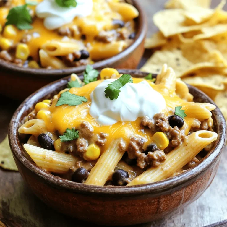 - Pasta options: Use 12 oz of penne or rotini. Both hold sauce well. - Ground beef, turkey, or plant-based substitute: Choose 1 lb of your favorite. Each adds great flavor. - Other key components: You need 1 small diced onion, 2 minced garlic cloves, 1 packet of taco seasoning, and 1 can of diced tomatoes. - Heavy cream vs. coconut cream: Heavy cream gives a rich taste. Coconut cream is lighter and dairy-free. - Shredded cheddar cheese: One cup melts beautifully and adds flavor. - Black beans and corn inclusions: One cup of each adds protein and sweetness. - Fresh cilantro: Chop it and sprinkle on top for a fresh kick. - Serving suggestions: Add a dollop of sour cream or Greek yogurt. Tortilla chips offer a fun crunch. - Sautéing the onion and garlic Start by heating 1 tablespoon of olive oil in a large pot over medium heat. Add 1 small diced onion. Cook it for about 3-4 minutes until it turns soft and clear. Next, add 2 minced garlic cloves. Sauté for another 30 seconds until it smells great. - Browning the meat and seasoning Now, stir in 1 pound of ground beef or turkey. Break it apart with a spatula as it cooks. Brown the meat for 5-7 minutes. If there is extra fat, drain it away. Sprinkle 1 packet of taco seasoning over the meat. Stir well to coat the meat evenly. - Boiling and simmering the pasta Pour in 1 can of diced tomatoes (with juices) and 4 cups of broth. Bring the mix to a boil. Add 12 ounces of pasta, stirring to combine. Then, reduce the heat to a simmer. Cover the pot and cook for 10-12 minutes. Stir it occasionally until the pasta is just right and most of the liquid is gone. - Incorporating creamy ingredients and final touches Stir in 1 cup of heavy cream or coconut cream, along with 1 cup of black beans and 1 cup of corn. Cook for another 2-3 minutes until everything is hot and creamy. Remove from heat and mix in 1 cup of shredded cheddar cheese. Stir until it melts and blends well. Season with salt and pepper to your taste. - Serving tips and garnishes Serve this dish right away in bowls. Top it with fresh cilantro and a dollop of sour cream or Greek yogurt for extra flavor. - Suggested serving bowls and accompaniments Choose fun bowls that can hold the pasta well. For a crunchy touch, add some tortilla chips on the side. This adds texture and makes the meal more enjoyable! - Adjust your seasoning to taste. Start with the taco seasoning, then add salt and pepper. You can also add a squeeze of lime for a zesty kick. - To achieve the best creamy texture, slowly stir in the cream after cooking. This helps it blend smoothly with the pasta. If you like it extra rich, add a bit more cheese at the end. - To prevent sticking pasta, stir it well right after adding it to the pot. Make sure there’s enough liquid too. - Cooking times vary by pasta type. For penne or rotini, cook for about 10-12 minutes. For thinner noodles like spaghetti, check around 8-10 minutes. - If you have leftovers, repurpose them into a taco bake. Just layer the pasta with cheese in a dish and bake until bubbly. - To reheat, use a pan on low heat. Add a splash of broth or cream to keep it moist and flavorful. {{image_2}} You can switch the ground beef or turkey with chicken. Just chop it into small pieces. If you prefer a plant-based meal, use lentils or tofu. Both options still give a hearty taste. For a vegetarian option, try black beans or chickpeas. They add protein and flavor without meat. Want to spice things up? Add diced bell peppers or jalapeños for some heat. You can also toss in corn for sweetness. Mixing in extra taco seasoning will boost the flavor. Try smoked paprika or chili powder for a twist. This dish can be as mild or spicy as you like! If you're gluten-free, choose gluten-free pasta. Rice or chickpea pasta works well. For dairy-free options, swap heavy cream for coconut cream. Nutritional yeast can replace cheese for a cheesy flavor. These changes keep the dish creamy and delicious while meeting dietary needs. Store your One-Pot Creamy Taco Pasta in an airtight container. Make sure to let it cool first. This helps keep the flavors fresh. It will stay good in the fridge for about 3 to 4 days. If you want to save some for later, freezing is a great option. Place the cooled pasta in a freezer-safe container. Leave some space at the top for expansion. It can last up to 3 months in the freezer. When you're ready to eat it, thaw it in the fridge overnight. For reheating, you can warm it on the stove or in the microwave. Add a splash of broth or cream to keep it creamy. Prepping ingredients ahead of time makes cooking faster. You can chop onions and garlic a day before. Store them in the fridge in a sealed bag. If you want to batch cook, make extra pasta and freeze portions. This way, you have a quick meal ready whenever you want. You can also cook the meat and seasoning in advance. Just mix it with the pasta when you're ready to eat. What pasta works best for this recipe? I find that penne or rotini pasta works best. They hold sauce well. Their shape makes them easy to eat. You can use other pasta types too, but these are my favorites. Can I use a different protein? Yes, you can! Ground turkey works well. If you want a vegetarian option, try a plant-based substitute. Cook it just like ground beef. It will taste great! How do I make it spicier? To add heat, try adding diced jalapeños. You can also use spicy taco seasoning. If you love heat, add a dash of hot sauce while cooking. Adjust to your taste! Can I cook it without cream? Yes, you can skip the cream. Use more broth for liquid. For a rich taste, add a bit of sour cream. It keeps the dish creamy without the heavy cream. What can I use instead of taco seasoning? You can mix your own spices! Use cumin, paprika, and chili powder. A blend of these gives a nice flavor without taco seasoning. It’s simple and tasty! Suggestions for dairy-free cheese options? Look for dairy-free cheddar cheese. Brands like Daiya or Violife work well. They melt nicely and blend into your pasta. This way, everyone can enjoy the meal! You now have a complete guide for making delicious one-pot creamy taco pasta. We covered the key ingredients like pasta options and proteins. You learned how to prepare, cook, and present the dish step by step. Remember to adjust seasoning and experiment with flavors for the best results. Don’t forget about storage and meal prep tips to save time. Enjoy trying different variations and toppings to make it your own! This dish is a fun way to explore new flavors while keeping it simple.