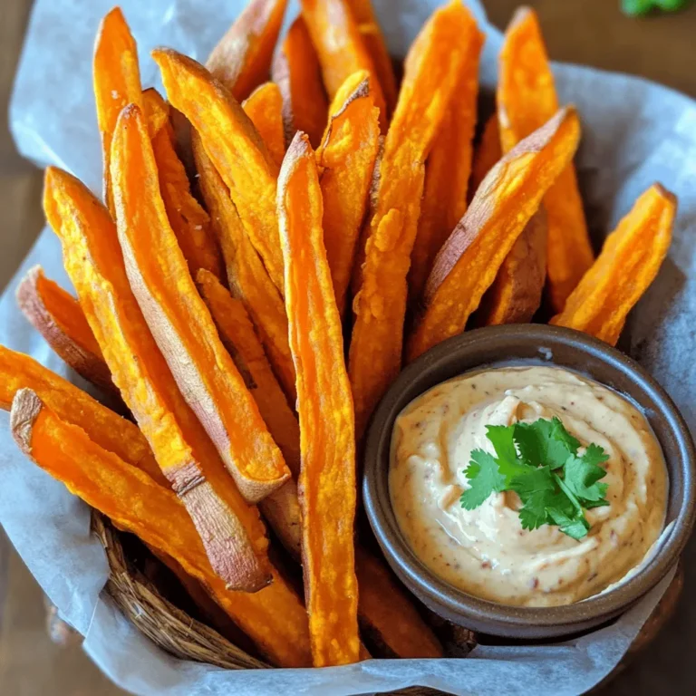 - 2 large sweet potatoes - 2 tablespoons olive oil - 1 teaspoon garlic powder - 1 teaspoon paprika - ½ teaspoon cumin - Salt and pepper to taste - ½ cup mayonnaise - 1-2 chipotle peppers in adobo sauce, finely chopped - 1 tablespoon lime juice - 1 clove garlic, minced Sweet potatoes are the star of this dish. They have a natural sweetness that pairs well with savory spices. When buying sweet potatoes, look for firm ones with smooth skin. Olive oil helps crisp the fries in the oven. Garlic powder adds flavor, while paprika gives a nice color. Cumin adds warmth to the mix. Don't forget to add salt and pepper to enhance all the flavors. For the chipotle aioli, I love using mayonnaise as a base. It gives a creamy texture that perfectly complements the fries. Chipotle peppers in adobo sauce add a smoky heat, which makes this dip special. The lime juice adds brightness, and minced garlic gives it an extra kick. Adjust the amount of chipotle peppers based on your heat preference. With these ingredients, you're ready to make sweet potato fries that are crispy, savory, and delicious! 1. Preheat your oven to 425°F (220°C). This step gets the oven hot for crispy fries. 2. Line a baking sheet with parchment paper. This helps with easy cleanup and prevents sticking. 3. Peel the sweet potatoes. Use a sharp peeler for smooth, easy peeling. 4. Cut the sweet potatoes into thin strips. Aim for about 1/4 inch thick. This helps them cook evenly. 1. In a large bowl, toss the sweet potato strips with olive oil. Use 2 tablespoons to coat them well. 2. Add garlic powder, paprika, cumin, salt, and pepper. Mix everything until the sweet potatoes are fully coated. 3. Spread the seasoned sweet potatoes on the prepared baking sheet. Make sure they are in a single layer. This ensures they get crispy. 4. Bake in the preheated oven for about 25-30 minutes. Flip them halfway through to get an even crispness. They should be golden brown and crispy when done. 1. While the fries bake, mix the aioli ingredients. In a small bowl, combine ½ cup mayonnaise, chopped chipotle peppers, lime juice, and minced garlic. 2. Adjust the amount of chipotle peppers to your taste. Start with one and add more if you like it spicier. 3. Stir everything together until smooth and creamy. This aioli pairs perfectly with the sweet potato fries. Serve the fries warm with the aioli on the side for dipping. Enjoy your delicious homemade treat! To get crispy sweet potato fries, cut them evenly. This helps them cook at the same rate. Aim for strips about 1/4 inch thick. Thinner cuts will crisp up better. When baking, use a hot oven. Preheat it to 425°F (220°C). Line your baking sheet with parchment paper. This helps the fries not stick. Spread the fries out in a single layer. They should not touch or overlap. This allows hot air to circulate, making them crispy. Flip the fries halfway through baking for even crispiness. You can adjust the chipotle aioli to fit your taste. If you want more heat, add more chipotle peppers. Start with one pepper and taste. You can always add more if needed. For a different flavor, swap the mayonnaise for Greek yogurt. This gives a creamier texture with less fat. You can also try adding fresh herbs like cilantro for a fresh twist. If you like a tangy touch, add more lime juice. Mixing in a pinch of smoked paprika can also enhance the flavor. Enjoy creating your perfect dip! {{image_2}} You can spice up your sweet potato fries with many flavors. Try different spice mixes like taco seasoning or curry powder. These add a fun twist to the taste. Adding fresh herbs can also boost flavor. You can sprinkle on chopped rosemary or thyme before baking. These herbs work well with sweet potatoes. They bring out a new taste that is fresh and bright. If you want a vegan option, use vegan mayonnaise. It gives you the same creamy texture without eggs. For those who like milder flavors, try using roasted red peppers instead of chipotle. They still add a nice depth to the aioli but with less heat. Other options include jalapeños or even sweet peppers for a different kick. Adjust the heat to fit your taste! To keep your sweet potato fries fresh, store them in an airtight container. Let the fries cool first before putting them away. This helps prevent steam, which can make fries soggy. Place the container in the fridge. The fries will stay good for about three days. When you're ready to eat the fries again, reheating them is key. The best way is to use the oven. Preheat it to 400°F (200°C). Spread your fries on a baking sheet, and bake for about 10 minutes. This will help them regain their crispy texture. You can also use an air fryer for a quick and crispy result. For the chipotle aioli, keep it in a sealed jar in the fridge. This keeps it fresh and tasty. Homemade aioli will last about one week. Always check for any changes in smell or texture before using. If you have leftover aioli, it’s great to use as a spread for sandwiches or a dip for veggies. Just remember to store it properly to enjoy its rich flavor later! To keep sweet potato fries crispy, first, dry them well after cutting. Water makes them soggy. After washing, pat them dry with a towel. Use a good amount of oil, like olive oil, to coat them. Spread the fries out on the baking sheet. They should not touch. This helps them get crispy. - Use a high oven temperature: Preheat to 425°F (220°C). - Flip halfway through baking: This helps them cook evenly. - Avoid overcrowding: Give each fry space to breathe. Yes, you can use regular potatoes, like Russets. They taste different and have a different texture. Sweet potatoes are sweeter and softer. Regular potatoes are starchier and crispier. If you swap, adjust your seasonings to balance the flavor. - Sweet potatoes: Naturally sweet, softer texture. - Regular potatoes: Earthy, crispier, and more starchy. Many dips work well with sweet potato fries. Here are some favorites: - Ketchup: A classic choice. - Ranch dressing: Creamy and tangy. - BBQ sauce: Adds a smoky flavor. - Guacamole: Creamy and fresh. - Hummus: A healthy option with a nice flavor. Feel free to try new dips! We explored how to make sweet potato fries and a tasty chipotle aioli. You learned which ingredients to use, how to prepare and season the fries, and tips for achieving crispiness. Customizing your aioli and trying different flavors can add fun to your meal. Remember to store leftovers properly to maintain their freshness. With these steps, you can enjoy delicious fries any time. Enjoy your cooking!