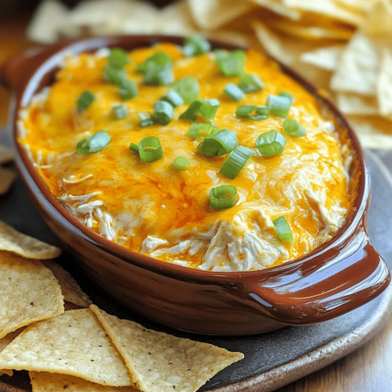 To make Buffalo Ranch Chicken Dip, you need these main ingredients: - 2 cups shredded cooked chicken - 1 cup cream cheese, softened - 1/2 cup sour cream - 1/2 cup ranch dressing - 1/2 cup buffalo sauce - 1 cup shredded cheddar cheese - 1/2 cup green onions, sliced - Salt and pepper to taste - Tortilla chips or celery sticks for serving These ingredients work well together. The shredded chicken adds protein, while cream cheese and sour cream create a rich texture. The buffalo sauce gives it that spicy kick, and ranch dressing adds creaminess. You can’t forget the cheddar cheese, which melts beautifully on top! You can customize this dip with optional ingredients. Here are some ideas: - Add garlic powder for extra flavor. - Use Greek yogurt instead of sour cream for a healthier twist. - Swap ranch dressing for blue cheese dressing for a bolder taste. - Mix in jalapeños for added heat. Feel free to play with these options. You can make the dip your own with just a few tweaks! You will need some basic equipment to prepare this dip: - A medium mixing bowl - An 8x8-inch baking dish - A spatula for mixing - An oven for baking These items make prep simple and fun. With just a few tools, you can create this tasty snack for any gathering! 1. Start by preheating your oven to 350°F (175°C). This helps the dip cook evenly. 2. In a medium bowl, mix the softened cream cheese, sour cream, and ranch dressing. Stir until smooth. 3. Add in the buffalo sauce. Mix well until it blends into the cream mixture. 4. Next, fold in the shredded chicken, half of the cheddar cheese, and half of the green onions. 5. Season with salt and pepper to taste. This adds great flavor to your dip. 6. Transfer the mixture into an 8x8 inch baking dish. Spread it evenly for even cooking. 1. Now, sprinkle the remaining cheddar cheese on top. This gives a nice cheesy layer. 2. Place the dish in the oven and bake for 20-25 minutes. The dip should bubble and the cheese should melt. 3. Keep an eye on it as it bakes. This helps ensure it cooks just right. - Look for bubbling around the edges. This shows the dip is hot. - The cheese should be fully melted and slightly golden on top. - If you want, you can use a toothpick to check. It should come out clean if the dip is done. To make your Buffalo Ranch Chicken Dip creamier, use full-fat cream cheese. Softening the cream cheese first helps it mix well. You can also add extra sour cream for a richer taste. Mixing the ingredients slowly ensures everything blends perfectly. For more flavor, use homemade ranch dressing. This gives your dip a fresh taste. Adding a bit of garlic powder or onion powder boosts the flavor too. You can also mix in some crumbled blue cheese for a kick. A splash of lemon juice adds brightness and balances the spice. Serve the dip warm for the best experience. When it’s fresh from the oven, the cheese is melty and inviting. Let it sit for a few minutes after baking. This helps it cool slightly and makes it easier to scoop. If the dip cools too much, you can reheat it in the oven or microwave. {{image_2}} To kick up the heat, you can add more buffalo sauce. Start with an extra quarter cup and taste as you go. If you like it hotter, add diced jalapeños or hot sauce. These will make the dip fiery and bold. You can also mix in some diced green chilies for flavor and heat. If you want a meatless option, replace the chicken with shredded jackfruit or chickpeas. Both options give a nice texture. You can also add spinach or artichokes for extra flavor. Use a plant-based cream cheese and ranch dressing for a fully vegan dip. This way, everyone can enjoy it! To change the taste, try adding different cheeses. Creamy goat cheese or smoked gouda add a unique twist. You can also mix in fresh herbs like cilantro or dill for a fresh flavor. Lemon juice can brighten the dip, giving it a zesty kick. Experiment with these ideas to find your favorite version! After your party, let the dip cool down. Store it in an airtight container. It will stay fresh in the fridge for about 3-4 days. Always make sure to cover it well. This helps keep the flavors strong. You can freeze Buffalo Ranch Chicken Dip for later. Use a freezer-safe container. The dip can last up to 2-3 months in the freezer. When you want to enjoy it again, thaw it overnight in the fridge. This keeps the texture nice and smooth. To reheat, place the dip in an oven-safe dish. Warm it at 350°F (175°C) for about 15-20 minutes. You can also microwave it for about 2-3 minutes. Stir it halfway through for even heating. Add a splash of ranch dressing if it seems dry. Enjoy it warm with your favorite dipping snacks! Yes, you can make Buffalo Ranch Chicken Dip ahead of time. Just prepare the dip up to the baking step. Cover it tightly with plastic wrap or foil. You can keep it in the fridge for one day. When you are ready to serve, bake it as directed. Buffalo Ranch Chicken Dip pairs well with many snacks. Here are some great options: - Tortilla chips - Celery sticks - Carrot sticks - Crackers - Pita bread These options add crunch and freshness to the dip. You can also serve it with fresh veggies for a healthy twist. The dip lasts about three to four days in the fridge. Store it in an airtight container. If it starts to smell or change color, it’s best to throw it away. Enjoy it while it's fresh! Absolutely! Rotisserie chicken works great in this dip. It saves time and adds great flavor. Just shred the chicken before mixing it in. This makes meal prep super easy! This blog post covered everything you need to know about Buffalo Ranch Chicken Dip. We discussed the main and optional ingredients, cooking steps, and tips for a great dip. You learned variations, how to store it, and even answered common questions. Making this dip is easy and fun. Enjoy experimenting with flavors to make it your own! Whether you're hosting a party or just snacking, Buffalo Ranch Chicken Dip will impress everyone. Enjoy your delicious creation!