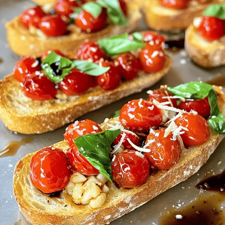 Here are the key ingredients for your Roasted Garlic Tomato Bruschetta. Each one adds its own flavor and charm. - Baguette - Cherry Tomatoes - Garlic - Fresh Basil - Olive Oil - Balsamic Vinegar - Seasoning (Salt and Pepper) - Optional Garnish (Shaved Parmesan) Each ingredient plays a vital role. The baguette provides a sturdy base for all the toppings. Cherry tomatoes give a sweet, juicy burst. Garlic adds depth with its rich flavor, especially when roasted. Fresh basil brings a bright, aromatic touch to the mix. Olive oil adds smoothness and richness. Balsamic vinegar gives that tangy kick that rounds it all out. Seasoning with salt and pepper enhances every bite. If you want to impress, shaved Parmesan on top makes it even better. Using fresh, high-quality ingredients makes a big difference. Choose a crusty baguette for the best texture. Look for vibrant cherry tomatoes for sweetness. Fresh basil adds a wonderful aroma, and high-quality olive oil lifts every flavor. When you gather these ingredients, you're setting the stage for a delicious treat. 1. Preheating oven and preparing garlic First, set your oven to 400°F (200°C). This heat is perfect for roasting garlic. Next, cut off the top of the garlic head. This helps the cloves cook well. Drizzle a tablespoon of olive oil on top. Wrap the garlic in foil and roast it for 30-35 minutes. The cloves will become soft and sweet. 2. Marinating the tomato mixture While the garlic roasts, grab a mixing bowl. Add 2 cups of halved cherry tomatoes to the bowl. Then, toss in 1/4 cup of chopped fresh basil leaves. Drizzle in 1 tablespoon of balsamic vinegar, along with salt and pepper to taste. Add 1 tablespoon of olive oil for richness. Mix gently and let it sit for 15-20 minutes. This helps the flavors blend. 3. Toasting baguette slices Now, take your baguette and slice it into 1-inch pieces. Lay the slices on a baking sheet. Brush each one lightly with olive oil for a crispy finish. Bake them in the oven for 8-10 minutes. Flip them halfway through to ensure even crispness. 1. Mashing roasted garlic Once the garlic is done, let it cool for a bit. Squeeze the roasted cloves out of their skins into a bowl. Use a fork to mash the garlic into a smooth paste. This will add a lovely, rich flavor to your bruschetta. 2. Spreading garlic on bread Now, take a toasted baguette slice and spread a generous layer of mashed garlic on top. This step is crucial for flavor. Each bite will burst with that sweet, roasted taste. 3. Adding the tomato topping Next, spoon the marinated tomato mixture onto the garlic-covered bread. Make sure to add a good amount of tomatoes. The juices from the tomatoes will soak into the bread, making it even tastier. 1. Best served warm Enjoy your bruschetta right away while it's warm and crispy. The warmth brings out the flavors of the roasted garlic and fresh tomatoes. 2. Pairing options This bruschetta pairs well with a light salad or a glass of white wine. You can also serve it as an appetizer at a gathering. Everyone will love the blend of flavors! - Optimal roasting time: Roast garlic for about 30 to 35 minutes. This time allows the garlic to become soft and sweet. You want it golden brown, not burnt. - Best ways to squeeze garlic: After roasting, let the garlic cool. Then, gently squeeze the cloves from the skin. They should slide out easily. Use a fork to mash them if needed. - Choosing the right tomatoes: Use ripe cherry tomatoes for the best flavor. They are sweet and juicy, perfect for bruschetta. Look for firm ones that feel heavy for their size. - Enhancing flavors with seasoning: Add salt and pepper to your tomatoes. You can also try a pinch of sugar if they taste too acidic. Balsamic vinegar adds a nice tang, balancing the sweetness of the tomatoes. - Achieving the ideal crunch: Bake your baguette slices for 8 to 10 minutes. Flip them halfway to get even crispiness. You want them golden and crunchy, not hard as a rock. - Adjusting to your oven’s behavior: Every oven is different. Keep an eye on the bread. If it browns too fast, lower the temperature slightly. If it’s not browning, increase the heat a bit. {{image_2}} You can easily change the bread type for bruschetta. Try sourdough, ciabatta, or gluten-free bread. Each option gives a new flavor and texture. You can also swap herbs. Instead of basil, use parsley or oregano. For a twist, add toppings like olives or roasted peppers. If you're gluten-free, use gluten-free bread to enjoy this dish. Many brands now offer tasty gluten-free options. For vegans, skip the cheese and use avocado instead. You can also use a vegan cheese that melts well for extra creaminess. Adding spices can really boost the flavor. A pinch of red pepper flakes adds heat. A bit of lemon zest gives a fresh, bright taste. You can also try different cheeses. Feta or goat cheese adds a tangy kick. Mix and match to find your perfect flavor! To keep your roasted garlic tomato bruschetta fresh, store leftovers in an airtight container. This helps prevent the bread from getting soggy. For best results, place the tomato mixture in a separate container. The bruschetta will stay good in the refrigerator for up to three days. To maintain the crispiness of the bread, reheat the bruschetta in the oven. Preheat your oven to 350°F (175°C). Place the bruschetta on a baking sheet and heat for about 5-7 minutes. This will help revive the crunch. You can also use a toaster oven for quick reheating. You can freeze the components of bruschetta, but it’s best to avoid freezing the assembled dish. For freezing, place the tomato mixture in a freezer-safe bag. Squeeze out the air and seal it tightly. You can freeze it for up to three months. To freeze the bread, slice it and wrap each piece in plastic wrap. Place it in a freezer bag. When you are ready to eat, thaw and toast the bread to restore texture. Bruschetta is a delicious Italian starter. It usually features toasted bread topped with fresh ingredients. The name comes from the Italian word "bruscare," meaning "to toast." Traditionally, it includes garlic, tomatoes, and olive oil. The dish has roots in central Italy, especially in Tuscany. Bruschetta is best fresh but can be stored for a short time. If you have leftovers, keep them in an airtight container. Store it in the fridge for up to two days. The bread will lose its crispness, so it's best to eat it right away. Yes, you can prepare some parts in advance. You can roast the garlic and mix the tomato topping a few hours before serving. Keep the bread separate until you're ready to serve. Toast the bread just before serving to keep it crispy. Traditional bruschetta uses baguette, which contains gluten. However, you can use gluten-free bread as a substitute. Many stores offer gluten-free options. Check labels to make sure they meet your needs. Serve bruschetta on a large platter for a nice effect. Arrange the toasted bread slices neatly. Top each piece with the tomato mixture and a touch of roasted garlic. If you like, add shaved Parmesan on top for extra flavor. Enjoy the bruschetta while it's warm and crispy! Bruschetta is simple yet delicious. We covered the key ingredients, from baguette to fresh basil. I shared easy steps for preparation and serving. Remember the tips for perfecting garlic and tomatoes. Variations allow for creative twists or dietary needs. Store leftovers and reheat to keep that tasty crunch. Embrace the joy of making bruschetta for any occasion. Enjoy making this dish your own and impress your friends!