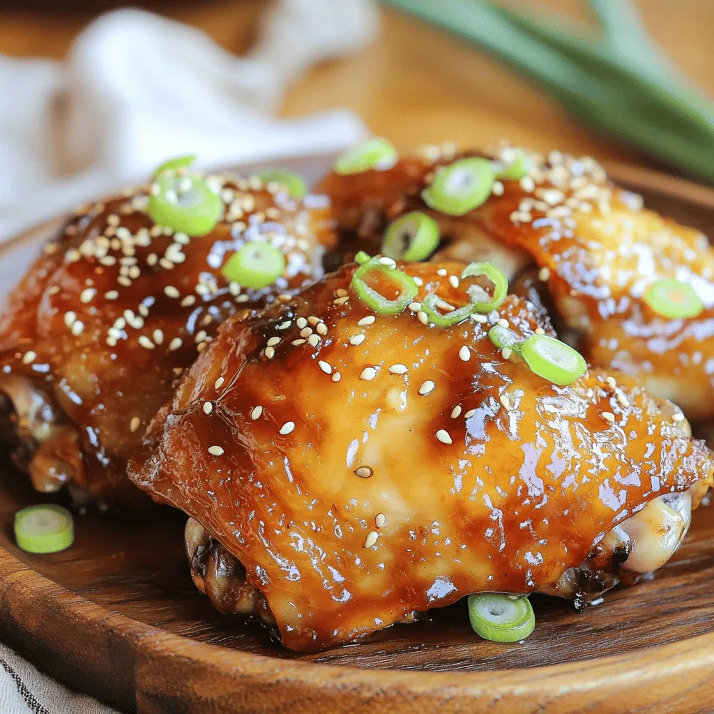 - 4 chicken thighs, skin-on and bone-in - 1/4 cup soy sauce - 1/4 cup honey - 2 tablespoons rice vinegar - 2 cloves garlic, minced - 1 teaspoon fresh ginger, grated - 1 tablespoon sesame oil - 1 tablespoon cornstarch (optional, for thickening) - Salt and pepper to taste - Sliced green onions and sesame seeds for garnish The key to great honey soy glazed chicken lies in the balance of flavors. - Chicken Thighs: I love using skin-on, bone-in thighs. They stay juicy and tender. - Soy Sauce: This adds saltiness and umami. It’s a must-have ingredient. - Honey: The sweetness of honey balances the salt from the soy sauce. - Garlic and Ginger: These add depth and warmth to the dish. - Rice Vinegar: It brings a nice tang to the marinade. You can take your chicken to the next level with a few extras. - Cornstarch: If you want a thicker glaze, use cornstarch. It’s simple and effective. - Sesame Oil: This gives a nutty flavor and enhances the overall taste. - Garnishes: Sliced green onions and sesame seeds add brightness and crunch. With these ingredients, you’ll create a dish that bursts with flavor. I can’t wait for you to try this recipe! First, gather your ingredients. You need: - 1/4 cup soy sauce - 1/4 cup honey - 2 tablespoons rice vinegar - 2 cloves garlic, minced - 1 teaspoon fresh ginger, grated - 1 tablespoon sesame oil In a medium bowl, whisk together the soy sauce, honey, rice vinegar, minced garlic, grated ginger, and sesame oil. Mix well until you see a smooth blend. This marinade gives the chicken a sweet and salty kick. Next, take 4 chicken thighs. Make sure they have skin and bone for the best flavor. Place them in a large resealable bag or a shallow dish. Pour the marinade over the chicken thighs. Seal the bag or cover the dish. Let it sit in the fridge for at least 30 minutes. If you have time, let it marinate for 2 hours. The longer, the better for flavor. Now, preheat your oven to 400°F (200°C). Take the chicken out of the marinade, but save the marinade for later. Pat the thighs dry with paper towels. Season both sides with salt and pepper. Heat a little oil in a large oven-safe skillet over medium-high heat. Once the oil is hot, place the chicken thighs skin-side down in the skillet. Sear them for about 5-7 minutes. You want the skin to turn golden brown and crispy. After searing, flip the thighs over. Pour the reserved marinade on top. If you like a thicker glaze, mix 1 tablespoon of cornstarch with a little water and add it to the marinade now. Transfer the skillet to your preheated oven. Bake for 25-30 minutes. Check that the chicken reaches an internal temperature of 165°F (75°C). Once done, take it out and let it rest for 5 minutes. Serve the chicken thighs drizzled with the thickened glaze. Garnish with sliced green onions and sesame seeds for a nice touch. Enjoy your dinner! To get the best flavor, marinate the chicken thighs well. Use a mix of soy sauce, honey, rice vinegar, garlic, ginger, and sesame oil. You can marinate for at least 30 minutes. For more flavor, try to marinate for up to 2 hours. Always keep the chicken in the fridge while it marinates. This keeps it safe and fresh. For crispy skin, start by patting the chicken dry with paper towels. This step removes excess moisture. Next, heat oil in an oven-safe skillet over medium-high heat. Sear the chicken skin-side down for 5-7 minutes. You want the skin to turn golden brown. Avoid moving the chicken too much during this time. This helps develop that crispy texture you crave. One common mistake is skipping the drying step. Wet skin won’t crisp up. Another mistake is overcooking the chicken. Always check for an internal temperature of 165°F (75°C). Lastly, don’t forget to let the chicken rest after cooking. This keeps it juicy. Following these tips will help you make perfectly glazed chicken thighs every time. {{image_2}} You can switch chicken thighs for chicken breasts or drumsticks. Chicken breasts are leaner and cook faster. Check their internal temperature reaches 165°F to ensure doneness. Drumsticks will have more flavor due to the bone. Adjust your cooking time accordingly, as they may take longer than thighs. For a plant-based meal, use tofu or tempeh. Cut firm tofu into thick slices or cubes. Tempeh offers a nutty flavor and great texture. Marinate them just like you would chicken. Cook on medium heat until golden brown. This way, you enjoy the same sweet and savory glaze. You can enhance the glaze by adding spices or citrus. Try a pinch of red pepper flakes for heat. A splash of lime or orange juice adds brightness. Fresh herbs like cilantro or basil can bring a new taste. Get creative and find your favorite mix! To keep your honey soy glazed chicken thighs fresh, store them in an airtight container. Let the chicken cool down to room temperature first. Place it in the fridge and use it within three to four days for the best taste. If you have extra sauce, keep that in a separate container. This helps the chicken stay juicy and flavorful. When you are ready to eat leftovers, reheating is key. You can use the oven or the microwave. For the oven, preheat it to 350°F (175°C). Place the chicken in a baking dish and cover it with foil. Heat for about 15-20 minutes. This helps keep the skin crispy. If using the microwave, place the chicken on a plate and cover it with a damp paper towel. Heat it for 1-2 minutes, checking often. If you want to save the chicken for later, freezing is a great option. First, let the chicken cool completely. Wrap each piece tightly in plastic wrap, then place them in a freezer bag. Remove as much air as possible before sealing. You can freeze the chicken for up to three months. When you are ready to eat, thaw it in the fridge overnight before reheating. Yes, you can use boneless chicken thighs. They cook faster than bone-in thighs. Adjust the cooking time to about 20-25 minutes in the oven. This will help keep them juicy. Boneless thighs soak up the honey-soy glaze well. They will be very tasty! Honey soy glazed chicken thighs pair well with many sides. Here are some great options: - Steamed rice or jasmine rice - Stir-fried vegetables like broccoli or snap peas - Roasted sweet potatoes or regular potatoes - A fresh salad with sesame dressing - Noodles tossed in soy sauce These sides balance the rich flavor of the chicken. You can mix and match to fit your taste! To check if the chicken is done, use a meat thermometer. The internal temperature should reach 165°F (75°C). If you don’t have a thermometer, cut into the chicken. The meat should be white and juices should run clear. No pink should remain. Let the chicken rest for 5 minutes after cooking. It helps keep it juicy and tender! Honey soy glazed chicken is simple and tasty. We covered the key ingredients, starting with essentials and optional flavors to boost taste. Following that, I shared step-by-step instructions, from making the marinade to cooking techniques. We also discussed tips to ensure juicy chicken with crispy skin, along with common mistakes to avoid. Finally, I highlighted variations for different proteins and shared storage tips to keep leftovers fresh. With these easy methods, you can enjoy great meals every time. Try it out to make your cooking fun and delicious!