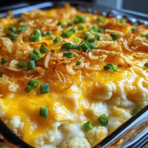 - 1 large head cauliflower, cut into florets - 1 cup shredded cheddar cheese - 1 cup shredded mozzarella cheese - 1/2 cup cream cheese, softened - 1/2 cup sour cream - 1/2 cup cooked and crumbled turkey sausage (or mushrooms for a vegetarian option) - 1/4 cup green onions, chopped - 1/4 cup crispy fried onions (for topping) - 1 tablespoon garlic powder - 1 tablespoon onion powder - Salt and pepper to taste - 1/2 teaspoon smoked paprika Loaded cauliflower casserole is a fun twist on comfort food. This dish uses cauliflower instead of potatoes, making it lighter but still rich in flavor. You need some key ingredients to create this tasty meal. Start with a large head of cauliflower. Cut it into florets to make it easier to cook. You will also need shredded cheddar and mozzarella cheese. These cheeses melt well and give the dish a creamy texture. Next, cream cheese and sour cream add richness and flavor. If you want to add protein, you can use turkey sausage or mushrooms. For a bit of crunch, consider topping it with crispy fried onions. Don't forget the seasonings! Garlic and onion powder add depth. A touch of smoked paprika gives it a unique flavor. Salt and pepper are essential to bring all the flavors together. With these ingredients, you're ready to make a delicious and satisfying loaded cauliflower casserole that everyone will enjoy! - Preheat the oven to 375°F (190°C). - Bring a large pot of salted water to a boil. Add the cauliflower florets. Cook for 5-7 minutes until tender. Drain and set aside. - In a large bowl, mix the softened cream cheese, sour cream, garlic powder, onion powder, smoked paprika, salt, and pepper until smooth. - Add the cooked cauliflower to this mixture. Use a fork or potato masher to mash it slightly. Leave some chunks for a nice texture. - Stir in the cooked turkey sausage (or mushrooms) and half of the cheddar and mozzarella cheese. Mix until everything is combined. - Transfer this mixture to a greased casserole dish. Spread it out evenly. Top with the remaining cheddar and mozzarella cheese. - Bake in the preheated oven for 25-30 minutes. Look for bubbly and golden cheese on top. - Remove from the oven and sprinkle crispy fried onions on top. Bake for an additional 5 minutes to get them nice and crispy. When choosing cauliflower, look for firm, white florets. Avoid any with dark spots. Fresh cauliflower makes your dish taste better. A vibrant head of cauliflower will give the best flavor and texture. To avoid burning, cover your casserole with foil if it browns too quickly. Make sure to spread the cheese evenly. This helps it melt and get bubbly. A good melt creates a creamy texture that everyone loves. Garnish your casserole with extra green onions for a fresh touch. You can serve it as a main dish or as a hearty side dish. This versatility makes it a great choice for any meal. Enjoy it hot for the best taste! {{image_2}} You can easily make this dish vegetarian. Just swap the turkey sausage for mushrooms. Mushrooms add a nice umami flavor. You can also add extra veggies like bell peppers or spinach. This makes the dish even more colorful and nutritious. If you're on a keto diet, this recipe can fit right in. Use low-fat cream cheese instead of regular. You can also try cheese alternatives like almond or coconut cheese. These swaps keep the dish creamy without too many carbs. Want to kick up the flavor? Try adding spices! Italian seasoning works great. You can also add hot sauce if you like it spicy. These little changes make your casserole pop with flavor! Store leftovers in an airtight container for up to 3 days. This keeps the casserole fresh. Make sure to let it cool before sealing. When you want a bite, just take it out and enjoy! You can freeze this dish before baking for up to 2 months. Just cover it well and pop it in the freezer. When you're ready, bake it straight from frozen. It saves time and still tastes great! For the best texture, reheat in the oven. Set the oven to 350°F (175°C) and cover the dish with foil. This keeps the cheese nice and gooey. If you need a quick fix, use the microwave. Just heat it in short bursts so it warms evenly. Yes, you can prepare it ahead and bake just before serving. This makes it easy for busy days. I often make it on a Sunday to enjoy during the week. Just remember to cover it in the fridge until ready to bake. Greek yogurt or cottage cheese can be used as alternatives. These options add creaminess and a slight tang. They also make the dish lighter. I like using Greek yogurt for a healthy twist. Yes, as long as you use gluten-free fried onions and sausage. Always check labels to be sure. This way, everyone can enjoy it. I love making it gluten-free for my friends with dietary needs. Add diced jalapeños or a dash of cayenne pepper to the mixture. This boosts the flavor and heat. Adjust to your taste to find the right kick. I enjoy a little spice to keep things exciting! This blog shows you how to make a tasty Loaded Cauliflower Casserole. We covered the main ingredients and the easy steps to prepare it. You can choose to add turkey sausage or mushrooms for variety. Remember, you can adjust the flavors with spices and toppings. This dish is great for any meal. It’s also easy to store and reheat. Try this recipe to enjoy a delicious and wholesome meal. You’ll impress your family and friends with your cooking skills!